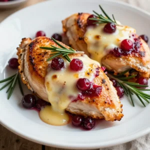 - 4 boneless, skinless chicken breasts - 1 cup fresh cranberries (or substitute with 1/2 cup cranberry sauce) - 8 oz Brie cheese, rind removed and cut into small chunks - 1 tablespoon honey - 1 teaspoon fresh rosemary, finely chopped (or substitute with 1/2 teaspoon dried rosemary) - Salt and pepper, to taste - 1 tablespoon olive oil The main ingredients give the dish its rich flavor. The chicken breasts are tender and juicy. Fresh cranberries add tartness, while Brie cheese brings creaminess. Honey balances the flavors and adds a hint of sweetness. Rosemary adds a fresh herbal note. - 1/2 cup breadcrumbs (optional, for a crispy topping) Breadcrumbs can give the dish a nice crunch. They add texture to the soft chicken and filling. If you love a crispy bite, sprinkle these on top before baking. - For cranberries, you can use 1/2 cup of cranberry sauce. - If you don&rsquo;t have fresh rosemary, dried rosemary works fine. Use less since dried herbs are stronger. - You can swap Brie for other soft cheeses like Camembert or goat cheese if you prefer. These substitutions keep the dish flexible. You can adjust based on what you have at home. Each change will give a unique twist to the flavor. {{ingredient_image_2}} To start, take a medium saucepan and set it over medium heat. Add 1 cup of fresh cranberries and 1 tablespoon of honey. Cook this mixture for about 5 minutes. Stir it now and then. You want the cranberries to soften and burst. If you choose to use cranberry sauce, you can skip this step. Once the cranberries are ready, remove the pan from the heat. Stir in 1 teaspoon of finely chopped fresh rosemary. Let the filling cool a bit while you get the chicken ready. Next, grab your chicken breasts. Place each one between two sheets of plastic wrap or parchment paper. Using a meat mallet or a rolling pin, gently pound the chicken. Aim for an even thickness of about 1/2 inch. This helps the chicken cook evenly. It also makes stuffing easier. Now, it&rsquo;s time to stuff the chicken. Season the inside of each breast with salt and pepper. Take 1-2 tablespoons of the cranberry filling and spoon it into the center of each breast. Add a few chunks of Brie cheese on top of the cranberry mix. Carefully fold the chicken over to cover the filling. Use toothpicks to secure the edges if needed. This keeps the filling from leaking during cooking. Heat a large, oven-safe skillet over medium-high heat. Add 1 tablespoon of olive oil to the skillet. Once the oil is hot, place the stuffed chicken breasts in the skillet. Sear them for about 3-4 minutes on each side. You want a nice, golden-brown crust. If you like a crispy topping, sprinkle 1/2 cup of breadcrumbs over the chicken. Then, transfer the skillet to a preheated oven at 375&deg;F (190&deg;C). Bake the chicken for 20-25 minutes. Check the internal temperature; it should be 165&deg;F (75&deg;C). After baking, remove the skillet from the oven. Let the chicken rest for 5 minutes. This helps the juices stay inside. Carefully take out the toothpicks before slicing the chicken into medallions. For a beautiful presentation, arrange the slices on a platter. You can garnish with fresh rosemary sprigs or a drizzle of honey. Serve it warm, along with a simple green salad or roasted vegetables. Enjoy your flavorful dinner delight! To keep your chicken juicy, start with even thickness. Pound the chicken to about 1/2 inch thick. This helps it cook evenly. Season the chicken well with salt and pepper before stuffing. Avoid overcooking the chicken. Use a meat thermometer to check for 165&deg;F (75&deg;C). Let the chicken rest for five minutes after baking. This allows the juices to settle back in. You can enhance the flavor by adding spices. Try garlic powder or thyme for extra taste. Pair this dish with simple sides like green salad or roasted veggies. A drizzle of honey can add sweetness to the plate. If you enjoy crunch, sprinkle breadcrumbs on top before baking. This gives a nice texture contrast. Use a large, oven-safe skillet for searing and baking. A meat mallet will help pound the chicken evenly. Make sure you have toothpicks handy to secure the chicken. A good meat thermometer is essential for checking doneness. Keep a medium saucepan ready for the cranberry filling. This will make the cooking process smooth and fun. Pro Tips Use Fresh Ingredients: Whenever possible, opt for fresh cranberries and herbs to enhance the flavor of your dish. Ensure Even Cooking: Pound the chicken breasts to an even thickness to help them cook uniformly and prevent drying out. Experiment with Cheese: While Brie is delicious, feel free to experiment with other soft cheeses like Camembert or goat cheese for a different flavor profile. Let It Rest: Allowing the chicken to rest after baking helps the juices redistribute, resulting in a juicier bite. {{image_4}} You can swap Brie for other cheeses. Cream cheese works well, offering a smooth texture. Goat cheese adds a tangy flavor that pairs nicely with cranberries. Cheddar gives a sharp bite and melts beautifully. If you're feeling adventurous, try gorgonzola for a rich and bold taste. While cranberries shine in this dish, you can explore other fruit fillings. Cherries make a sweet and tart option. Sliced apples mixed with cinnamon add warmth and comfort. For a tropical twist, try mango or pineapple. Each fruit brings a unique flavor to the chicken. For a low-carb meal, skip the breadcrumbs. You can use crushed nuts as a topping instead. Almonds or pecans give a nice crunch and flavor. If you need gluten-free options, check the labels on your breadcrumbs. Many brands offer gluten-free versions now. You can also use crushed pork rinds for a crispy topping that fits your needs. After you enjoy your delicious cranberry brie stuffed chicken, store any leftovers properly. Let the chicken cool down first. Place it in an airtight container. It will stay fresh in the fridge for up to three days. Make sure to keep the chicken sealed to avoid drying out. If you want to keep it longer, consider freezing it. To freeze the stuffed chicken, wrap each piece tightly in plastic wrap. You can also use aluminum foil for extra protection. Place the wrapped chicken in a freezer bag or a container. Label the bag with the date. The stuffed chicken can last in the freezer for up to three months. When you are ready to eat it, thaw it overnight in the fridge. Reheating is simple and helps keep the chicken tasty. You can use the oven or microwave. If using the oven, preheat it to 350&deg;F (175&deg;C). Place the chicken in a baking dish and cover it with foil. Heat for about 20 minutes or until warm. If using a microwave, place the chicken on a microwave-safe plate. Heat in short bursts, checking every minute until warm. Always ensure the chicken reaches an internal temperature of 165&deg;F (75&deg;C) before serving again. Yes, you can use chicken thighs. They are juicier and more flavorful. Thighs also have more fat, which adds richness. Just be sure to adjust the cooking time. Thighs may need a bit longer to cook through. Aim for an internal temperature of 165&deg;F (75&deg;C) like the breasts. Several sauces complement this dish well. Consider a balsamic glaze for a sweet and tangy kick. A light lemon butter sauce adds brightness. You can also try a simple garlic and herb sauce. These sauces enhance the flavors of the chicken and filling. You can prepare the stuffed chicken ahead. Stuff the chicken and store it in the fridge for up to a day. This keeps the flavors fresh. You can also make the cranberry filling the day before. Just reheat it before stuffing the chicken. Cook the chicken when you're ready for a quick meal. This dish pairs nicely with several sides. A simple green salad adds freshness. Roasted vegetables like carrots or Brussels sprouts work well too. Creamy mashed potatoes or garlic rice can round out the meal. Don't forget some crusty bread to soak up any sauce! This blog post covered how to make Cranberry Brie Stuffed Chicken. We discussed the key ingredients and optional toppings, along with suggested substitutions. I provided step-by-step instructions, tips for juicy chicken, and various ways to adjust the recipe. Storing leftovers and reheating tips were also included. In conclusion, you now have everything needed to make this tasty dish. Enjoy exploring different flavors and variations. Your creativity can turn this meal into something special. Happy cooking!