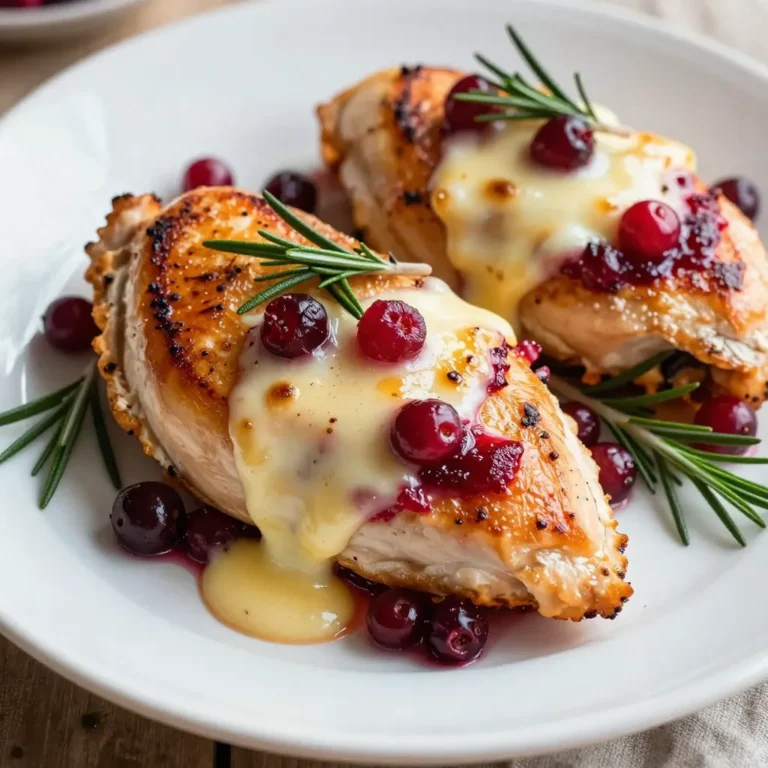 - 4 boneless, skinless chicken breasts - 1 cup fresh cranberries (or substitute with 1/2 cup cranberry sauce) - 8 oz Brie cheese, rind removed and cut into small chunks - 1 tablespoon honey - 1 teaspoon fresh rosemary, finely chopped (or substitute with 1/2 teaspoon dried rosemary) - Salt and pepper, to taste - 1 tablespoon olive oil The main ingredients give the dish its rich flavor. The chicken breasts are tender and juicy. Fresh cranberries add tartness, while Brie cheese brings creaminess. Honey balances the flavors and adds a hint of sweetness. Rosemary adds a fresh herbal note. - 1/2 cup breadcrumbs (optional, for a crispy topping) Breadcrumbs can give the dish a nice crunch. They add texture to the soft chicken and filling. If you love a crispy bite, sprinkle these on top before baking. - For cranberries, you can use 1/2 cup of cranberry sauce. - If you don’t have fresh rosemary, dried rosemary works fine. Use less since dried herbs are stronger. - You can swap Brie for other soft cheeses like Camembert or goat cheese if you prefer. These substitutions keep the dish flexible. You can adjust based on what you have at home. Each change will give a unique twist to the flavor. {{ingredient_image_2}} To start, take a medium saucepan and set it over medium heat. Add 1 cup of fresh cranberries and 1 tablespoon of honey. Cook this mixture for about 5 minutes. Stir it now and then. You want the cranberries to soften and burst. If you choose to use cranberry sauce, you can skip this step. Once the cranberries are ready, remove the pan from the heat. Stir in 1 teaspoon of finely chopped fresh rosemary. Let the filling cool a bit while you get the chicken ready. Next, grab your chicken breasts. Place each one between two sheets of plastic wrap or parchment paper. Using a meat mallet or a rolling pin, gently pound the chicken. Aim for an even thickness of about 1/2 inch. This helps the chicken cook evenly. It also makes stuffing easier. Now, it’s time to stuff the chicken. Season the inside of each breast with salt and pepper. Take 1-2 tablespoons of the cranberry filling and spoon it into the center of each breast. Add a few chunks of Brie cheese on top of the cranberry mix. Carefully fold the chicken over to cover the filling. Use toothpicks to secure the edges if needed. This keeps the filling from leaking during cooking. Heat a large, oven-safe skillet over medium-high heat. Add 1 tablespoon of olive oil to the skillet. Once the oil is hot, place the stuffed chicken breasts in the skillet. Sear them for about 3-4 minutes on each side. You want a nice, golden-brown crust. If you like a crispy topping, sprinkle 1/2 cup of breadcrumbs over the chicken. Then, transfer the skillet to a preheated oven at 375°F (190°C). Bake the chicken for 20-25 minutes. Check the internal temperature; it should be 165°F (75°C). After baking, remove the skillet from the oven. Let the chicken rest for 5 minutes. This helps the juices stay inside. Carefully take out the toothpicks before slicing the chicken into medallions. For a beautiful presentation, arrange the slices on a platter. You can garnish with fresh rosemary sprigs or a drizzle of honey. Serve it warm, along with a simple green salad or roasted vegetables. Enjoy your flavorful dinner delight! To keep your chicken juicy, start with even thickness. Pound the chicken to about 1/2 inch thick. This helps it cook evenly. Season the chicken well with salt and pepper before stuffing. Avoid overcooking the chicken. Use a meat thermometer to check for 165°F (75°C). Let the chicken rest for five minutes after baking. This allows the juices to settle back in. You can enhance the flavor by adding spices. Try garlic powder or thyme for extra taste. Pair this dish with simple sides like green salad or roasted veggies. A drizzle of honey can add sweetness to the plate. If you enjoy crunch, sprinkle breadcrumbs on top before baking. This gives a nice texture contrast. Use a large, oven-safe skillet for searing and baking. A meat mallet will help pound the chicken evenly. Make sure you have toothpicks handy to secure the chicken. A good meat thermometer is essential for checking doneness. Keep a medium saucepan ready for the cranberry filling. This will make the cooking process smooth and fun. Pro Tips Use Fresh Ingredients: Whenever possible, opt for fresh cranberries and herbs to enhance the flavor of your dish. Ensure Even Cooking: Pound the chicken breasts to an even thickness to help them cook uniformly and prevent drying out. Experiment with Cheese: While Brie is delicious, feel free to experiment with other soft cheeses like Camembert or goat cheese for a different flavor profile. Let It Rest: Allowing the chicken to rest after baking helps the juices redistribute, resulting in a juicier bite. {{image_4}} You can swap Brie for other cheeses. Cream cheese works well, offering a smooth texture. Goat cheese adds a tangy flavor that pairs nicely with cranberries. Cheddar gives a sharp bite and melts beautifully. If you're feeling adventurous, try gorgonzola for a rich and bold taste. While cranberries shine in this dish, you can explore other fruit fillings. Cherries make a sweet and tart option. Sliced apples mixed with cinnamon add warmth and comfort. For a tropical twist, try mango or pineapple. Each fruit brings a unique flavor to the chicken. For a low-carb meal, skip the breadcrumbs. You can use crushed nuts as a topping instead. Almonds or pecans give a nice crunch and flavor. If you need gluten-free options, check the labels on your breadcrumbs. Many brands offer gluten-free versions now. You can also use crushed pork rinds for a crispy topping that fits your needs. After you enjoy your delicious cranberry brie stuffed chicken, store any leftovers properly. Let the chicken cool down first. Place it in an airtight container. It will stay fresh in the fridge for up to three days. Make sure to keep the chicken sealed to avoid drying out. If you want to keep it longer, consider freezing it. To freeze the stuffed chicken, wrap each piece tightly in plastic wrap. You can also use aluminum foil for extra protection. Place the wrapped chicken in a freezer bag or a container. Label the bag with the date. The stuffed chicken can last in the freezer for up to three months. When you are ready to eat it, thaw it overnight in the fridge. Reheating is simple and helps keep the chicken tasty. You can use the oven or microwave. If using the oven, preheat it to 350°F (175°C). Place the chicken in a baking dish and cover it with foil. Heat for about 20 minutes or until warm. If using a microwave, place the chicken on a microwave-safe plate. Heat in short bursts, checking every minute until warm. Always ensure the chicken reaches an internal temperature of 165°F (75°C) before serving again. Yes, you can use chicken thighs. They are juicier and more flavorful. Thighs also have more fat, which adds richness. Just be sure to adjust the cooking time. Thighs may need a bit longer to cook through. Aim for an internal temperature of 165°F (75°C) like the breasts. Several sauces complement this dish well. Consider a balsamic glaze for a sweet and tangy kick. A light lemon butter sauce adds brightness. You can also try a simple garlic and herb sauce. These sauces enhance the flavors of the chicken and filling. You can prepare the stuffed chicken ahead. Stuff the chicken and store it in the fridge for up to a day. This keeps the flavors fresh. You can also make the cranberry filling the day before. Just reheat it before stuffing the chicken. Cook the chicken when you're ready for a quick meal. This dish pairs nicely with several sides. A simple green salad adds freshness. Roasted vegetables like carrots or Brussels sprouts work well too. Creamy mashed potatoes or garlic rice can round out the meal. Don't forget some crusty bread to soak up any sauce! This blog post covered how to make Cranberry Brie Stuffed Chicken. We discussed the key ingredients and optional toppings, along with suggested substitutions. I provided step-by-step instructions, tips for juicy chicken, and various ways to adjust the recipe. Storing leftovers and reheating tips were also included. In conclusion, you now have everything needed to make this tasty dish. Enjoy exploring different flavors and variations. Your creativity can turn this meal into something special. Happy cooking!