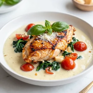 - 4 boneless, skinless chicken breasts - 2 tablespoons olive oil - 4 cloves garlic, finely minced - 1 cup cherry tomatoes, halved - 1 cup fresh baby spinach - 1 cup heavy cream - 1 teaspoon Italian seasoning - &frac12; teaspoon crushed red pepper flakes (optional) - Salt and freshly ground black pepper to taste - Fresh basil leaves for garnish - Grated Parmesan cheese for serving The main ingredients in creamy garlic Tuscan chicken make it rich and tasty. The chicken breasts are the star. They soak up all the good flavors. The olive oil helps to sear the chicken. It gives it a nice golden crust. Garlic adds a punch of flavor. It brings warmth to every bite. Cherry tomatoes burst with sweetness. They balance the dish perfectly. Fresh spinach adds color and nutrients. The heavy cream creates that dreamy texture. It makes the sauce smooth and rich. The seasonings turn this dish into a delight. Italian seasoning brings herbs like oregano and basil. It adds depth to the sauce. Crushed red pepper flakes give an optional kick. Salt and black pepper enhance all the flavors. Fresh basil leaves are a lovely garnish. They add aroma and freshness to each plate. Grated Parmesan cheese adds a salty finish. It makes the dish feel special. With these ingredients, you create a flavorful dinner. Each bite offers a mix of creamy, savory, and fresh notes. This meal is perfect for any night of the week. {{ingredient_image_2}} Seasoning the chicken breasts Start by seasoning the chicken breasts. Use salt and black pepper on both sides. This step boosts the chicken's flavor. Searing method and cook time Heat olive oil in a large skillet over medium-high heat. When the oil shimmers, add the chicken. Cook each side for 6-7 minutes. The chicken should turn golden brown. Check that it reaches an internal temperature of 165&deg;F or 75&deg;C. After cooking, remove the chicken and set it aside. Saut&eacute;ing garlic In the same skillet, add the minced garlic. Saut&eacute; it for about 30 seconds. Stir constantly to avoid burning. The garlic should smell fragrant and turn golden. Adding tomatoes and spinach Next, add the halved cherry tomatoes. Cook them for 2-3 minutes, stirring often. They will soften and release juices. Then, fold in the fresh baby spinach. Cook until it wilts, about 1-2 minutes. Pouring in heavy cream Lower the heat to medium-low. Pour the heavy cream into the skillet. Add Italian seasoning and red pepper flakes if you want some heat. Stir well to blend everything. Finalizing the sauce and warming chicken Let the sauce simmer for 3-4 minutes. It should thicken slightly. Return the chicken to the skillet. Spoon the creamy sauce over the chicken to coat it well. Warm it through for an additional 2-3 minutes. To ensure your chicken is cooked through, always check the internal temperature. It should reach 165&deg;F (75&deg;C). To get there, season your chicken well. Use salt and pepper on both sides. Sear the chicken in hot olive oil. Cook for about 6-7 minutes per side. Look for a golden brown color. This gives great flavor and keeps it juicy. The key to a creamy sauce is using heavy cream. Once you add it, lower the heat. Let it simmer gently. Stir often to mix in all the flavors. The sauce will thicken nicely. If you want extra flavor, add Italian seasoning and crushed red pepper flakes. For serving, choose a rustic wooden board or a white plate. This makes the vibrant colors stand out. Drizzle the creamy sauce over the chicken for a nice touch. Garnish with fresh basil leaves and grated Parmesan cheese for added elegance. Pair your dish with garlic bread and a fresh green salad. These sides enhance the meal and complement the rich sauce. Enjoy this flavorful dinner delight! Pro Tips Use Fresh Ingredients: Fresh garlic, spinach, and ripe cherry tomatoes will elevate the dish's flavor profile significantly, making it more vibrant and delicious. Monitor Chicken Temperature: Use a meat thermometer to ensure your chicken reaches an internal temperature of 165&deg;F (75&deg;C) for safe consumption and optimal juiciness. Adjust Creaminess: For a lighter sauce, you can substitute half of the heavy cream with chicken broth or use a lower-fat cream alternative while still maintaining flavor. Garnish for Presentation: Adding fresh basil and a sprinkle of Parmesan not only enhances flavor but also adds a beautiful finishing touch to your dish. {{image_4}} Low-carb alternatives If you're watching your carbs, use cauliflower rice instead of regular rice. You can also swap out the heavy cream for cauliflower puree to keep it creamy but lower in carbs. Dairy-free options To make this dish dairy-free, replace heavy cream with coconut cream or cashew cream. Both will add richness without dairy. Ensure the chicken broth used is also dairy-free. Adding additional vegetables You can boost the dish by adding zucchini or bell peppers. Just saut&eacute; them with the garlic for a few minutes before adding the tomatoes. This adds color and nutrition. Spices to boost flavor For an extra kick, try adding smoked paprika or more crushed red pepper flakes. A pinch of lemon zest can also brighten the dish. Just sprinkle them in when you add the heavy cream. To keep your creamy garlic Tuscan chicken fresh, follow these tips: - Refrigeration: Store the chicken in an airtight container. This helps prevent any strong odors from other foods. It stays good in the fridge for up to 3 days. Always let the dish cool down before sealing it up. - Freezing: For longer storage, you can freeze this dish. Place it in a freezer-safe container, leaving some space at the top. It will keep well for up to 3 months. When ready to eat, thaw it in the fridge overnight before reheating. To enjoy your creamy garlic Tuscan chicken again, use these methods: - Stovetop: Heat a skillet over medium heat. Add a splash of water or cream to prevent sticking. Place the chicken in the pan and cover. This helps warm it evenly. - Microwave: Transfer the chicken to a microwave-safe dish. Cover it with a damp paper towel to keep moisture in. Heat in short bursts of 30 seconds, stirring in between, until warm. These steps ensure your creamy garlic Tuscan chicken tastes just as delicious as when you first made it. How do I know when the chicken is done? Check the chicken's internal temperature. It should reach 165&deg;F (75&deg;C). The chicken should look golden brown on the outside. Juices should run clear when you cut into it. This means it is fully cooked. Can I use other meats instead of chicken? Yes, you can use turkey or pork. Both work well in this creamy sauce. Just adjust the cooking time to ensure they are fully cooked. Fish can also be a great option, but reduce cooking time for delicate meats. What can I substitute for heavy cream? You can use coconut cream or cashew cream for dairy-free options. Greek yogurt can also work, but it may change the sauce's texture. For a lighter option, try half-and-half or milk mixed with cornstarch to thicken. This blog post covered how to make creamy garlic Tuscan chicken. We discussed the main ingredients, such as chicken, garlic, spinach, and cream. You learned the step-by-step process for cooking the dish and tips for a perfect meal. I also shared storage tips and common questions to help you succeed. In the end, making this dish is simple and rewarding. Enjoy your cooking and happy eating!