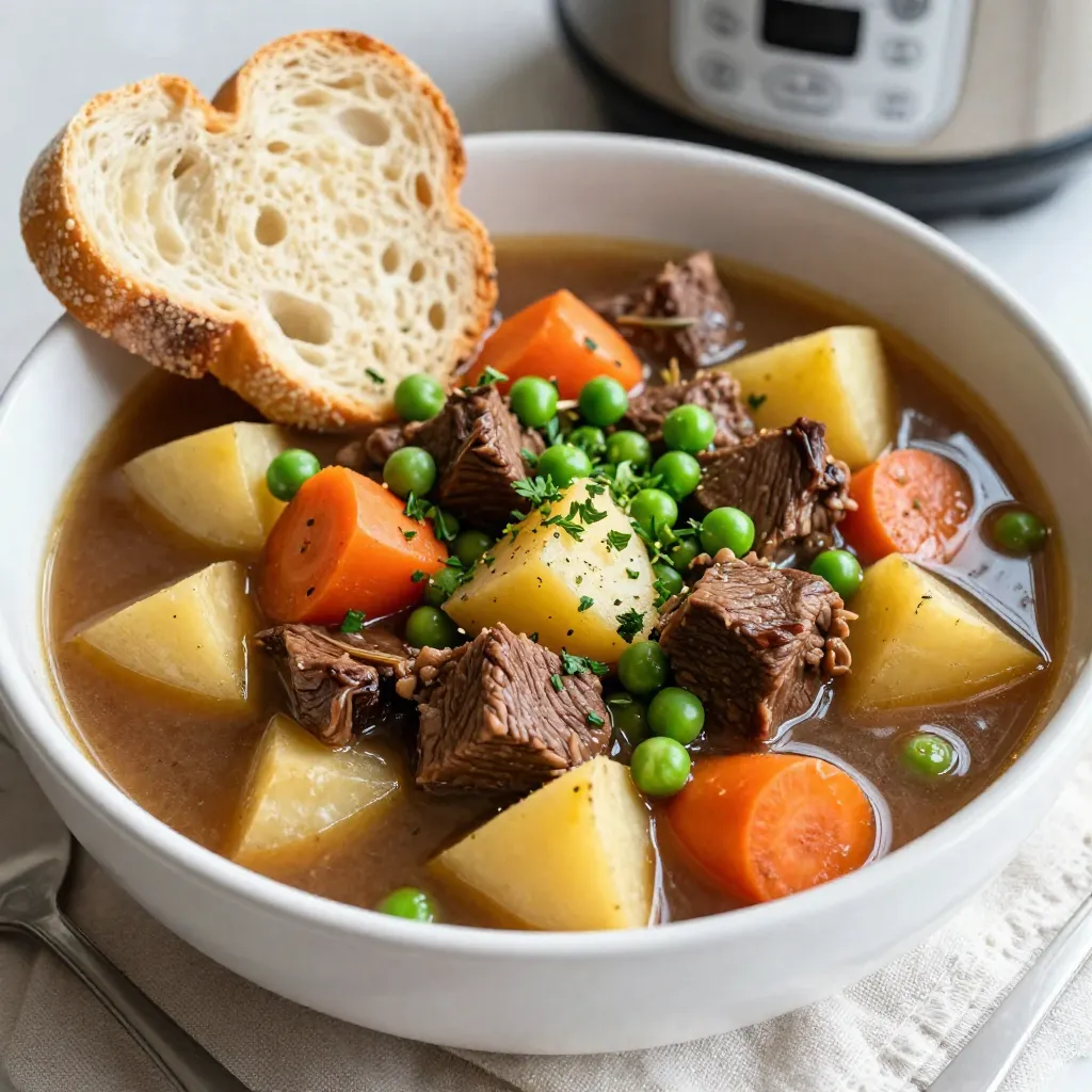 - 2 pounds beef chuck, cut into 1-inch cubes - 3 tablespoons olive oil - 1 large onion, finely diced - 4 cloves garlic, minced - 4 medium carrots, peeled and sliced - 3 medium potatoes, peeled and diced - 2 cups beef broth (preferably low sodium) - 1 cup diced tomatoes (canned or fresh) - 2 tablespoons tomato paste - 1 teaspoon dried thyme - 1 teaspoon dried rosemary - 1 teaspoon smoked paprika - Salt and freshly ground black pepper, to taste - 1 cup frozen peas (added at the end) - Freshly chopped parsley for serving When I make beef stew, I focus on hearty, fresh ingredients. The beef chuck gives a rich flavor. The olive oil helps to brown the meat. Onions and garlic add a sweet base. Carrots and potatoes provide great texture. I love using low-sodium beef broth to control salt levels. Diced tomatoes and tomato paste add depth to the flavor. I add dried thyme, rosemary, and smoked paprika for a warm taste. Salt and pepper are key. They bring out the best in the stew. Lastly, peas add a pop of color and sweetness. I sprinkle parsley on top for a fresh touch. It looks great and tastes even better! {{ingredient_image_2}} First, cut 2 pounds of beef chuck into 1-inch cubes. This size helps the beef cook evenly. Next, season the beef well with salt and pepper. Heat 3 tablespoons of olive oil in the Instant Pot on the sauté setting. Once hot, add half of the beef cubes. Sear them for 5-7 minutes until browned. This adds great flavor. Remove the beef and set it aside. Repeat with the rest of the beef. After cooking the beef, add 1 large diced onion to the pot. Sauté it for 2-3 minutes until it is soft and translucent. Then, add 4 minced garlic cloves and sauté for 30 seconds more. The aroma will fill your kitchen! Now, return all the beef to the pot. Add 4 medium sliced carrots and 3 diced potatoes. Pour in 2 cups of low-sodium beef broth and 1 cup of diced tomatoes. Stir in 2 tablespoons of tomato paste, 1 teaspoon dried thyme, 1 teaspoon dried rosemary, and 1 teaspoon smoked paprika. Mix everything well. Close the lid of the Instant Pot and set it to cook on high pressure for 35 minutes. Make sure the pressure valve is sealing. When the cooking time ends, let the pressure release naturally for 10 minutes. Then, switch to a quick release to let out any extra steam. Carefully open the lid and stir in 1 cup of frozen peas. Let the stew sit for 5 more minutes to warm the peas. Taste the stew and add more salt or pepper if needed. Serve hot in deep bowls and enjoy! When making beef stew, I always choose beef chuck. This cut has great flavor and tenderness. It breaks down well during cooking. Look for pieces with some fat. Fat adds richness and helps keep the meat juicy. Cut the beef into 1-inch cubes. This size cooks evenly and absorbs the stew's flavors. To make your stew shine, use herbs and spices. I love adding dried thyme and rosemary. These herbs bring warmth and depth to the stew. Smoked paprika adds a nice, smoky note. You can adjust the flavors to your taste. If you like it spicy, add a pinch of cayenne pepper. Always taste as you go. This way, you can find the perfect balance. Avoid these common mistakes to make the best stew. First, don't skip the browning step. Searing the beef adds a rich flavor. Next, don’t overcrowd the pot. Cook the beef in batches for even browning. Lastly, don’t rush the pressure release. Let it release naturally for better texture. These steps help create a hearty and delicious stew. Pro Tips Searing the Beef: Make sure to sear the beef in batches to avoid overcrowding the pot, which can lead to steaming instead of browning. Adjusting Thickness: If you prefer a thicker stew, you can mix a tablespoon of cornstarch with cold water and stir it into the stew after cooking, then simmer until thickened. Flavor Enhancements: For deeper flavor, consider adding a splash of red wine to the pot after sautéing the onions and garlic, allowing it to simmer for a minute before adding the other ingredients. Storage Tips: This stew keeps well in the refrigerator for up to 3 days, and it also freezes beautifully, making it perfect for meal prep. {{image_4}} You can add more veggies to your stew. Some great options are: - Celery: Adds crunch and flavor. - Parsnips: Offers a sweet taste. - Bell Peppers: Brings color and freshness. - Mushrooms: Adds earthy notes. Feel free to mix and match. Just chop them up and add them with the other veggies. If you're looking for different proteins, try these: - Chicken: Use boneless thighs for tenderness. - Pork: Pork shoulder works well with the spices. - Lentils: A great plant-based option full of protein. Just adjust the cooking time. Chicken cooks faster, while lentils need less time than beef. You can change the broth for new tastes: - Chicken Broth: Lighter flavor, but still tasty. - Vegetable Broth: Perfect for a plant-based stew. - Red Wine: Adds depth and richness; use half broth and half wine. Experiment with flavors to make the stew your own. Enjoy the process! After making beef stew, cool it to room temperature. Transfer it to an airtight container. Store it in the fridge for up to three days. This keeps the stew fresh and tasty. When you're ready to enjoy it, just pull it out! If you want to save some for later, freezing is a great option. Let the stew cool completely. Pour it into freezer-safe containers, leaving some space at the top. Seal the containers tightly and label them with the date. The stew can last up to three months in the freezer. To reheat the stew, you have a few options. You can use the stove or the microwave. For the stove, pour the stew into a pot and heat it over medium heat. Stir it often until it’s hot. If using the microwave, place it in a microwave-safe bowl. Heat in short bursts, stirring in between, until it’s warmed through. Make sure to check the temperature before serving. Enjoy your hearty stew again! You will know the beef is tender when it easily breaks apart with a fork. After cooking in the Instant Pot for 35 minutes, the beef should be soft and juicy. If it still feels tough, it needs more time. You can cook it on high pressure for an extra 5 to 10 minutes. The pressure helps break down the tough fibers in the meat. Yes, you can use other meats for this stew. Chicken thighs work well and cook faster. You can also try pork shoulder for a different flavor. Just remember to adjust the cooking time based on the meat you choose. Beef chuck is ideal for its rich taste and tenderness when cooked. Absolutely! You can skip the tomatoes if you prefer. Just add more beef broth to keep the stew moist. You could also add a splash of red wine for depth. The flavor will change, but the stew will still be hearty and delicious. If your stew is too watery, there are a few easy tricks. You can mix a tablespoon of cornstarch with water and stir it in. Let it cook for a few more minutes until it thickens. Another option is to mash some of the potatoes in the stew. This will naturally thicken the broth. This blog post covers how to make a great beef stew. We explored key ingredients, step-by-step cooking, and helpful tips. We also shared fun variations and storage advice. Remember, choosing the right beef cut makes a big difference. You can play with flavors by adding various herbs or veggies. Feel free to experiment with proteins, too. Each step is easy to follow, and with practice, you will master this dish. Now, it’s your turn to create a warm, hearty stew that everyone will love. Enjoy your cooking!
