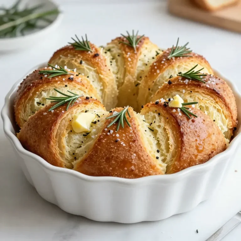 To make Rosemary Garlic Pull-Apart Bread, you need simple, fresh ingredients. Each item plays a key role in the flavor and texture of the bread. Here’s the complete list of what you will need: - 2 teaspoons active dry yeast - 1 cup warm water (110°F or 43°C) - 3 tablespoons granulated sugar - 2 tablespoons extra virgin olive oil - 3 cups all-purpose flour, plus extra for dusting - 1 teaspoon fine sea salt - 4 cloves garlic, finely minced - 2 tablespoons fresh rosemary, finely chopped (or 1 tablespoon dried) - 1 tablespoon melted unsalted butter - ½ teaspoon garlic powder (optional, for extra flavor) - Flaky sea salt for finishing These ingredients work together to create a fluffy, aromatic bread. The garlic and rosemary add depth, while the yeast helps the dough rise. Each bite gives you a warm, savory flavor that pairs well with many meals. Feel free to play with the amounts a little. If you love garlic, add more! If you want a stronger rosemary flavor, go for it. Cooking should be fun and personal. Enjoy the process and share this delightful bread with friends and family! {{ingredient_image_2}} - Combine warm water, sugar, and yeast in a bowl. - Allow to sit until frothy. This shows the yeast is active and ready. - Add olive oil, flour, salt, garlic, and rosemary to the yeast mixture. - Stir until a shaggy dough forms. It should feel slightly sticky but manageable. - Transfer the dough to a floured surface. - Knead until smooth and elastic, about 5-7 minutes. - Place the dough in a greased bowl. Cover it and let it rise until it doubles, around 1 hour. - Preheat your oven to 375°F (190°C). - Punch down the risen dough gently. - Divide the dough into balls, about 1-2 inches in size, and dip them in melted butter. - Arrange the balls snugly in a greased bundt or cake pan. - Let the dough balls rise again, about 30 minutes. - Bake until golden brown and sounds hollow when tapped, about 25-30 minutes. How do you know when the dough is ready? The dough is ready when it is smooth and elastic. You should not feel any stickiness. After kneading, it should spring back when you poke it. How can you adjust flour for humidity? In humid weather, you may need less flour. Start with the recommended amount and add more only if the dough feels too sticky. Always measure flour correctly for best results. What are some additional herbs and spices? You can use thyme, oregano, or basil for extra taste. Each herb adds a unique twist to the bread. Experiment with your favorites to find the best mix. Should you use fresh vs. dried ingredients? Fresh ingredients offer a stronger flavor. Dried herbs are convenient and can work well, but fresh rosemary gives the best aroma. Use what you have, but fresh is often best for this bread. What are some serving suggestions? Serve the bread warm on a rustic wooden board. This makes it look inviting. Add a small bowl of olive oil and balsamic vinegar for dipping. It adds flavor and style to your meal. What dipping sauces can you use? Pair your bread with garlic butter or herbed olive oil. These sauces enhance the bread’s taste. You can also try a simple marinara or a spicy aioli for a fun twist. Pro Tips Use Fresh Ingredients: Whenever possible, opt for fresh rosemary and garlic for a more vibrant flavor in your bread. Let the Dough Rise Properly: Ensure your dough rises in a warm, draft-free area to achieve the best texture and volume. Experiment with Flavors: Feel free to add other herbs or spices to the dough for a unique twist, such as thyme or oregano. Serve Warm: For the best experience, serve the bread warm right out of the oven, paired with olive oil and balsamic vinegar for dipping. {{image_4}} You can use many herbs in this bread. Think about using thyme or oregano. Fresh herbs give a bright taste. Dried herbs can work too, but fresh is best. Mixing flavors can create a unique twist. Combine rosemary with sage for a warm flavor. Each herb brings its own magic to the bread. Adding cheese can make this bread even better. Great choices are mozzarella or cheddar. You can also try feta for a salty kick. To add cheese, cut it into small pieces. Mix it into the dough when you combine the garlic and herbs. You can also sprinkle cheese on top before baking for a cheesy crust. If you need a gluten-free bread, use gluten-free flour blends. Look for blends that have a mix of flours, like rice and almond. You may need to add more liquid for the right dough texture. Rising times may also change. The dough might need an extra 10-15 minutes to rise. Keep an eye on the dough; it should double in size. To keep your Rosemary Garlic Pull-Apart Bread fresh, wrap it tightly in plastic wrap. This method helps keep moisture in and air out. You can also place the wrapped bread in a zip-top bag. For best results, store it at room temperature. Avoid the fridge, as it can dry out the bread. If you have a lot left, consider freezing it. When you want to enjoy the bread again, reheat it in the oven. Preheat your oven to 350°F (175°C). Place the bread on a baking sheet and cover it with foil. Heat for about 10-15 minutes. This method keeps the bread warm and soft. You can also flash freeze the pull-apart bread if you want to store it longer. Slice the bread, wrap each piece tightly, and freeze. This way, you can enjoy a quick treat later. Leftover bread can be great for many things. You can slice it and make garlic bread. Just spread some butter and herbs on each slice. You can also use it to create delicious sandwiches. The flavors from the rosemary and garlic will add a tasty twist. If you’re feeling creative, turn it into croutons for salads or soups. It takes about 1 hour and 55 minutes to make this bread. The prep time is 15 minutes. The rest of the time is for rising and baking. The dough needs to rise for 1 hour, and then it rises again for 30 minutes. Finally, bake it for 25 to 30 minutes until golden brown. Yes, you can make the dough in advance. For an overnight rise, mix the dough and let it rise in the fridge. This slows the rise but adds flavor. Just cover it well to prevent it from drying out. When ready, let it sit at room temperature for about 30 minutes before shaping. This bread pairs well with many meals. Serve it with a bowl of olive oil and balsamic vinegar for dipping. It goes great with soups, salads, or as a side for pasta. You can also enjoy it as a snack on its own. Yes, you can substitute some ingredients. Use honey instead of sugar. You can swap fresh rosemary for dried, using less. If you don’t have all-purpose flour, bread flour works too. For garlic, use garlic powder in a pinch. Just keep the same amounts for best results. This article covers how to make delicious Rosemary Garlic Pull-Apart Bread. We explored all the key ingredients, step-by-step instructions, and valuable tips for perfecting your dough. You learned various ways to add flavor and texture. Remember, you can always customize the recipe to fit your tastes. Enjoy your bread fresh or store it for later. Finding enjoyment in baking can turn a simple recipe into a delightful experience. Dive in, get creative, and enjoy every bite!