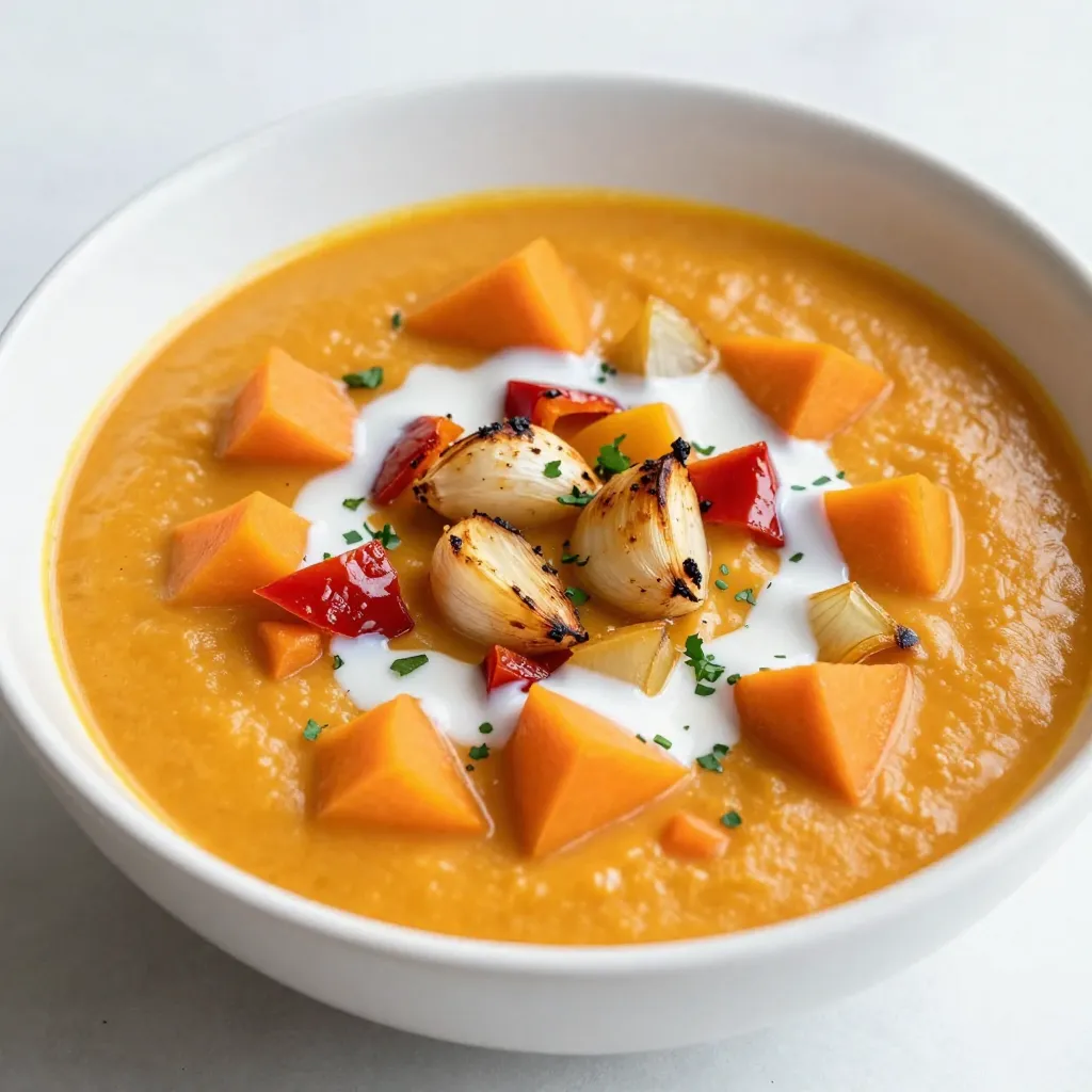 To make creamy roasted vegetable soup, you need fresh and tasty ingredients. Here’s the list to get you started: - 2 cups butternut squash, peeled and cubed - 2 cups carrots, peeled and chopped - 1 red bell pepper, diced - 1 onion, peeled and quartered - 4 cloves garlic, skins left on - 2 tablespoons extra virgin olive oil - Sea salt and freshly cracked black pepper to taste - 4 cups vegetable broth - 1 cup full-fat coconut milk - 1 teaspoon smoked paprika - Fresh herbs for garnish (like thyme, parsley, or cilantro) These ingredients work together to create a rich and flavorful soup. The butternut squash and carrots add natural sweetness. The red bell pepper and onion bring depth of flavor. Garlic gives it a warm, aromatic touch. Olive oil helps roast the veggies perfectly. Vegetable broth and coconut milk create a creamy texture. Smoked paprika adds a hint of smokiness that rounds out the taste. Finally, fresh herbs add a bright finish. Gather these ingredients, and you’re ready to make a delicious meal. Enjoy the process of cooking, and let the wonderful smells fill your kitchen! {{ingredient_image_2}} First, set your oven to 400°F (200°C). Preheating helps the vegetables cook evenly and get nice and tender. Next, take a large baking sheet. Add 2 cups of butternut squash, 2 cups of carrots, 1 diced red bell pepper, and 1 quartered onion. Don’t forget to add 4 unpeeled garlic cloves. This mix will give your soup a great flavor. Now, drizzle 2 tablespoons of extra virgin olive oil over the veggies. Sprinkle them with sea salt, freshly cracked black pepper, and 1 teaspoon of smoked paprika. Toss everything well so that the oil and spices coat the vegetables evenly. Place the baking sheet in your preheated oven. Roast the vegetables for about 30 to 35 minutes. Stir them halfway through the time. You want them soft and slightly caramelized. After roasting, take the pan out of the oven. Let the vegetables cool for about 5 minutes. Squeeze the roasted garlic from its skins into a high-powered blender. Add the roasted vegetables to your blender. Pour in 4 cups of vegetable broth and 1 cup of full-fat coconut milk. Blend everything on high until it’s smooth and creamy. Check for any lumps; you want it silky! Pour the blended soup into a large pot. Heat it over medium heat until warm. Taste and adjust the seasoning with more salt and pepper if needed. Ladle the soup into bowls. For a lovely touch, sprinkle fresh herbs like thyme, parsley, or cilantro on top. Enjoy every delicious spoonful! To get the best flavor from your veggies, start with fresh ones. Cut them into even sizes. This helps them cook at the same pace. Spread them out on the baking sheet. Make sure there is space between them. If they touch, they will steam instead of roast. Use olive oil to coat them well. This adds flavor and helps them brown. For a creamy texture, use full-fat coconut milk. It makes the soup rich and smooth. After roasting, blend the veggies while they’re still warm. This helps them break down better. If you want it extra creamy, add more coconut milk. You can also try adding cashews. Soak them in water for an hour, then blend with the soup. Feel free to switch up the spices. Instead of smoked paprika, use ground cumin for a warm flavor. You could also try curry powder for a different twist. If you want some heat, add red pepper flakes or a dash of hot sauce. Fresh herbs like basil or cilantro can brighten the taste, too. Experiment with what you like best! Pro Tips Roasting for Flavor: Roasting brings out the natural sweetness of the vegetables. Don't skip this step for a richer flavor profile. Adjusting Consistency: If the soup is too thick, add more vegetable broth or coconut milk until you reach your desired consistency. Herb Variations: Experiment with different herbs for garnishing, such as dill or basil, to give the soup a unique twist. Storage Tips: This soup stores well in the fridge for up to 5 days. Reheat gently on the stove for best results. {{image_4}} You can switch up the veggies in this soup. Try sweet potatoes or parsnips for a different taste. Cauliflower or zucchini also work well. Mix and match to find your favorite blend! Just remember to keep the roasting time similar. This helps all the vegetables cook evenly. If you want a dairy-free version, use coconut milk as in the original recipe. Almond milk can also work, but it may change the flavor. For added creaminess, you can also add soaked cashews. Just blend them with the other ingredients for a rich texture. For a spicy kick, add chili powder or cayenne pepper. You can also toss in some fresh jalapeños before roasting. This gives the soup a nice heat. Adjust the spice level based on your taste. Enjoy experimenting to find the right balance for you! You can store creamy roasted vegetable soup in the fridge. Let it cool first. Place it in an airtight container. It stays fresh for about 3 to 5 days. When you want to eat it, just take it out and reheat. To freeze the soup, let it cool completely. Pour it into freezer-safe bags or containers. Remove as much air as possible. The soup can last for up to 3 months in the freezer. Label the bags with the date. This way, you always know when you made it. When you’re ready to eat the soup, there are a few easy ways to reheat. If it's frozen, let it thaw in the fridge overnight. You can also heat it on the stove. Pour the soup into a pot and warm it over medium heat. Stir often to keep it smooth. If it’s too thick, add a little water or broth. You can also use a microwave. Heat in short bursts, stirring in between, until it’s hot. Enjoy your delicious soup again! You can use coconut milk for a creamy texture. It adds richness without dairy. Almond milk is another option but may not be as creamy. Blend it well with roasted veggies for a smooth finish. This keeps the soup light yet satisfying. You can also add soaked cashews for a nutty flavor. Yes, you can use frozen vegetables if fresh ones are not available. Just make sure to thaw them before roasting. This helps them cook evenly. Keep in mind, frozen veggies may have more water, so adjust the broth accordingly. They still provide great flavor and nutrition. This soup pairs well with crusty bread or a fresh salad. A grilled cheese sandwich is also a classic choice. You can serve it with a sprinkle of fresh herbs on top for color. Try adding a dollop of extra coconut milk for a creamy touch. The soup lasts up to five days in the fridge when stored in an airtight container. You can also freeze it for up to three months. Just make sure to let it cool down before freezing. When reheating, stir well to keep the texture smooth. This blog post covered the key ingredients for a delicious creamy roasted vegetable soup. You learned about butternut squash, carrots, and more. I explained each step, from preheating the oven to blending the soup. Tips helped ensure perfect results, and variations opened up new flavors. Remember, storing and reheating is easy! This soup can fit into many diets. Experiment with the ingredients and add your twist. You can create a tasty, creamy bowl of goodness every time. Enjoy your cooking!