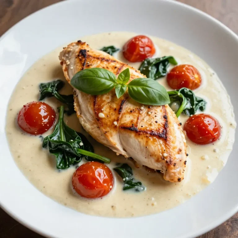 - 4 boneless, skinless chicken breasts - 2 tablespoons extra virgin olive oil - 4 cloves fresh garlic, minced - 1 cup cherry tomatoes, halved - 2 cups fresh baby spinach - 1 cup heavy whipping cream - ½ cup grated Parmesan cheese The main ingredients create the heart of this dish. Chicken breasts provide a nice base. The olive oil adds flavor and helps cook the chicken. Garlic gives a wonderful aroma and taste. Cherry tomatoes bring a touch of sweetness. Fresh spinach adds color and nutrients. Heavy cream and Parmesan cheese create that rich, creamy sauce. - 1 teaspoon Italian seasoning blend - Salt and black pepper to taste Seasoning is key to great flavor. The Italian seasoning blend adds herbs that brighten the dish. Salt enhances all the flavors, while black pepper adds a little heat. - Fresh basil leaves, torn, for garnish Fresh basil leaves are the perfect garnish. They add a pop of color and a fresh flavor. You can tear them by hand for a rustic look. This small touch makes your meal more inviting. {{ingredient_image_2}} Seasoning the chicken Start with four boneless, skinless chicken breasts. Season them well with salt, black pepper, and Italian seasoning. Make sure to cover both sides. This adds great flavor and makes the chicken tasty. Searing the chicken Next, heat up two tablespoons of extra virgin olive oil in a large skillet. Keep it on medium-high heat until it shines. Add the seasoned chicken breasts. Cook each side for about 5 to 7 minutes. Look for a golden brown color. Check that the internal temperature hits 165°F (75°C). Once done, move the chicken to a plate. Cover it to stay warm. Sautéing garlic and vegetables In the same skillet, add four cloves of minced garlic. Sauté it for about 30 seconds. Stir it often so it doesn’t burn. When the garlic smells great, toss in one cup of halved cherry tomatoes. Cook them for about 2 minutes. They should begin to soften. Now, add two cups of fresh baby spinach. Stir until it wilts, which takes about 1 to 2 minutes. Incorporating cream and cheese Turn the heat down to low. Slowly pour in one cup of heavy cream. Stir it until it blends well. Gradually add in ½ cup of grated Parmesan cheese. Keep mixing until the cheese melts, and the sauce becomes creamy and smooth. Combining chicken with sauce Gently place the seared chicken breasts back in the skillet. Spoon the rich cream sauce over the top. Let the chicken simmer in the sauce for 2 to 3 minutes. This helps the chicken soak in all the delicious flavors. Simmering for flavor infusion After simmering, check that everything is combined well. Remove the skillet from the heat. Your Creamy Garlic Tuscan Chicken is now ready for the plate! For a twist, try using lemon zest. It adds a fresh taste. You can also mix in red pepper flakes for a little heat. If you want a richer flavor, add a bit of white wine to the sauce. Adjust the creaminess by adding more or less heavy cream. Use chicken broth for a lighter sauce. Searing chicken well is key. Make sure your skillet is hot. This helps the chicken brown nicely. Cook for about 5-7 minutes on each side. Check the internal temperature; it should be 165°F. For a perfect sauce, keep the heat low when adding cream. Stir constantly to avoid lumps. Serve the chicken over pasta or with crusty bread. It soaks up the sauce perfectly. Use a large white plate for a clean look. Drizzle extra sauce on top and sprinkle with more Parmesan cheese. Scatter basil leaves around for color. This makes your dish look gourmet and inviting. Pro Tips Perfectly Sear the Chicken: Ensure your skillet is hot enough before adding the chicken. This will give it a beautiful golden crust while keeping the inside juicy. Use Fresh Ingredients: For the best flavor, use fresh garlic and spinach. Fresh ingredients make a significant difference in this creamy sauce. Customize the Cream Sauce: Feel free to add other vegetables like mushrooms or bell peppers to the sauce for added flavor and nutrition. Let It Rest: After cooking, let the chicken rest for a few minutes before serving. This allows the juices to redistribute, making for a tender bite. {{image_4}} You can change the protein in this dish to fit your needs. Shrimp works great in place of chicken. Just cook it until pink and add it to the sauce. If you prefer plant-based options, try tofu. Press and cube the tofu, then sauté it until golden. For those watching carbs, swap pasta for zucchini noodles. They add freshness and cut down on carbs. Just spiralize the zucchini and lightly sauté it before serving. To spice things up, consider adding red pepper flakes. This will give a nice kick to the creamy sauce. You can also add lemon zest for a bright, fresh taste. Just a little can lift the flavors beautifully. Adding different veggies can change the dish too. Mushrooms bring an earthy tone, while bell peppers add sweetness. Sauté them with the garlic for a tasty mix. These variations can make your meal more exciting while keeping the core flavors intact. After you enjoy your Creamy Garlic Tuscan Chicken, store leftovers in an airtight container. This keeps the dish fresh and tasty. Aim to refrigerate within two hours of cooking. Proper storage helps prevent spoilage. You can keep it in the fridge for up to three days. To reheat your chicken, avoid losing its creaminess. The best method is on the stove. Heat it over low heat, stirring gently. This helps maintain the creamy texture. If you're short on time, a microwave works too. Use a microwave-safe dish and cover it. Heat in short bursts, stirring in between. You can freeze Creamy Garlic Tuscan Chicken for later enjoyment. Let it cool completely before freezing. Place it in a freezer-safe container or bag. This helps keep out air and frost. It will stay fresh for up to three months in the freezer. When ready to eat, thaw it overnight in the fridge. Reheat using your preferred method. You can pair this dish with many sides. Here are some great options: - Pasta: Fettuccine or spaghetti work well. The sauce clings nicely to the noodles. - Rice: White or brown rice soaks up the sauce. It’s a simple, tasty choice. - Crusty bread: Use it to dip into the creamy sauce. It adds a nice texture. - Steamed vegetables: Broccoli or green beans add color and crunch. They balance the meal. - Salad: A fresh garden salad can lighten the dish and add freshness. These sides bring out the flavors of the chicken and make a complete meal. Yes, you can prepare this meal in advance. Here are some tips: - Cook the chicken: You can sear the chicken early in the day. Store it in the fridge. - Make the sauce: Prepare the creamy sauce and keep it in a separate container. - Combine before serving: When ready to eat, reheat both the chicken and the sauce. For reheating, warm them on low heat on the stove. This helps keep the sauce creamy. Yes, this recipe is naturally gluten-free. However, here are some points to consider: - Check ingredients: Ensure your chicken broth or seasoning does not contain gluten. - Pasta choice: If you choose to serve it with pasta, select gluten-free pasta. - Avoid croutons: If adding to salads, skip croutons to keep the meal gluten-free. With these tips, you can enjoy Creamy Garlic Tuscan Chicken without gluten concerns. This blog post showed you how to make a Creamy Garlic Tuscan Chicken dish. We covered all the main ingredients, from chicken breasts to heavy cream and seasoning. You learned step-by-step how to prepare the chicken, make the sauce, and assemble everything perfectly. Tips on storage and meal variations added even more value. In the end, this recipe is tasty and easy to customize. Whether you want a quick dinner or a special meal, this dish fits it all. Enjoy your cooking adventure!