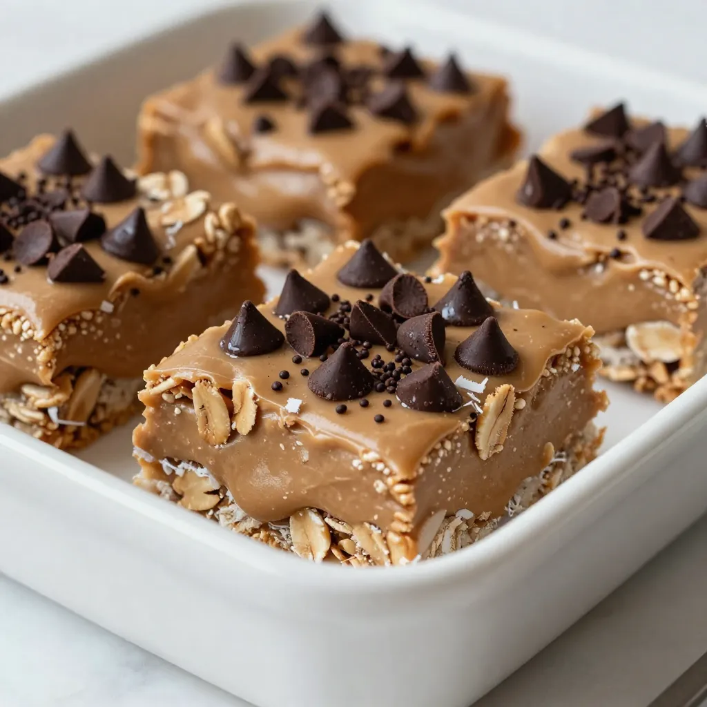 - 1 cup natural peanut butter (smooth or crunchy) - 1/2 cup honey or maple syrup - 2 cups rolled oats (old-fashioned preferred) - 1/2 cup ground flaxseed - 1/2 cup shredded coconut (unsweetened) - 1/2 cup chocolate chips (dark or semi-sweet) - 1/4 teaspoon salt - 1 teaspoon vanilla extract - Optional toppings When making No-Bake Peanut Butter Bars, you need to gather some simple ingredients. First, choose your favorite peanut butter. Smooth peanut butter gives a creamy texture, while crunchy adds some fun bits. Next, pick a sweetener like honey or maple syrup. Both options work well to bind the bars together. For chewiness, grab rolled oats. Old-fashioned oats are best for this recipe. Ground flaxseed adds nutrition and a nice nutty flavor. You can also include shredded coconut for extra texture. Unsweetened coconut keeps it healthy and light. Chocolate chips are a must for a sweet touch. Choose dark chocolate for a rich flavor or semi-sweet for more sweetness. A little salt helps to bring out all the flavors in the bars. Lastly, add vanilla extract for some aromatic sweetness. If you want extra flair, consider optional toppings like melted chocolate or more coconut. These simple, wholesome ingredients make for a delicious treat! {{ingredient_image_2}} - Start by mixing the peanut butter and sweetener. In a large bowl, add 1 cup of natural peanut butter and 1/2 cup of honey or maple syrup. Use a spatula or spoon to blend until smooth and creamy. - Next, incorporate the dry ingredients. Gradually add 2 cups of rolled oats, 1/2 cup of ground flaxseed, 1/2 cup of shredded coconut, 1/4 teaspoon of salt, and 1 teaspoon of vanilla extract. Stir well until everything combines. - Now it's time to fold in the chocolate chips. Gently mix in 1/2 cup of chocolate chips, ensuring even distribution. This adds a lovely chocolate burst in every bite. - Prepare the baking dish by lining an 8x8 inch dish with parchment paper. Let some of the paper hang over the edges. This helps lift the bars out later. - Transfer the mixture into the lined baking dish. Use the back of a spatula or your hands to press down firmly. This creates an even layer and helps the bars hold together. - For added flair, melt some extra chocolate for a drizzle. You can microwave a few chocolate chips or use a double boiler. Drizzle the melted chocolate over the pressed mixture. - Cover the dish with plastic wrap or foil. Place it in the refrigerator for at least 2 hours. This chilling time is crucial for the bars to set and hold their shape. - When set, lift the mixture from the baking dish using the parchment overhang. Place it on a cutting board and slice into squares or rectangles for serving. Choosing the right peanut butter is key. You can pick smooth for a creamy treat or crunchy for added bites. Both styles work well in this recipe. The flavor changes slightly based on your choice. Smooth peanut butter gives a rich, velvety taste, while crunchy peanut butter adds fun texture. For sweeteners, you have two great options: honey or maple syrup. Honey provides a rich sweetness and a slight floral note. Maple syrup has a warm, earthy flavor. Both bind the ingredients well. Using one or the other will not hurt the bars. Just choose what you like best. Presentation matters when serving these bars. Arrange them on a colorful platter. A sprinkle of shredded coconut on top makes them look inviting. Drizzling melted chocolate over the bars adds a touch of elegance. Pair these bars with a glass of cold milk or a cup of coffee. They can also be a great snack for kids after school. You can serve them with fresh fruit or yogurt for a more balanced treat. Enjoying these bars with friends or family makes them even better! Pro Tips Choose Your Peanut Butter Wisely: Opt for natural peanut butter without added sugars or oils for a healthier option that enhances flavor. Chill for Best Results: The longer you chill the bars, the firmer they will become, making them easier to cut and more enjoyable to eat. Customize Your Mix-Ins: Feel free to add nuts, seeds, or dried fruit for extra texture and flavor variations. Storage Tips: Keep the bars in an airtight container in the fridge for up to a week for optimal freshness. {{image_4}} You can easily change this recipe to suit your needs. - Gluten-free options: Use certified gluten-free oats. This way, everyone can enjoy them without worry. - Vegan adaptations: Swap honey for maple syrup. Use dairy-free chocolate chips for a fully vegan treat. - Nut-free alternatives: Try sun butter or soy nut butter instead of peanut butter. This option is great for kids' schools. Adding flavors makes these bars even better. - Adding spices: Sprinkle in some cinnamon or nutmeg. These spices give a warm touch and add depth to the flavor. - Incorporating dried fruits or nuts: Mix in raisins, cranberries, or chopped nuts for extra texture and taste. Dried fruits add natural sweetness, while nuts give a nice crunch. To keep your no-bake peanut butter bars fresh, store them in an airtight container. This will help maintain their taste and texture. Place a piece of parchment paper between layers if you stack them. Make sure to store them in the refrigerator. The cool temperature keeps them firm and tasty. These bars last about a week in the fridge. You can also freeze them for longer storage. Wrap them tightly in plastic wrap or foil before placing them in a freezer-safe bag. They can last up to three months in the freezer. When you’re ready to enjoy them, just thaw them in the fridge overnight. Can I use different nut butters? Yes, you can. Almond butter, cashew butter, or sunflower seed butter work well. Just keep the same amount. How do I make these bars firmer? To make the bars firmer, add more oats or flaxseed. You can also chill them longer in the fridge. Are these bars healthy? These bars are a good source of protein and healthy fats. They are also rich in fiber from oats and flaxseed. Can I add protein powder? Yes, you can add protein powder. Start with a scoop and mix it into the peanut butter blend. What to do if I don’t have flaxseed? If you don’t have flaxseed, you can use chia seeds. They provide similar nutrition and help bind the mixture. These no-bake bars are easy and fun to make. You need just a few simple ingredients like peanut butter, oats, and chocolate chips. I shared step-by-step instructions that let you mix and set the bars perfectly. There are also tips on flavors, dietary changes, and storage. Enjoy making these bars your way. They are tasty and fit many diets! Try different ingredients to find your favorite mix. Get creative and make these bars a treat everyone will love.