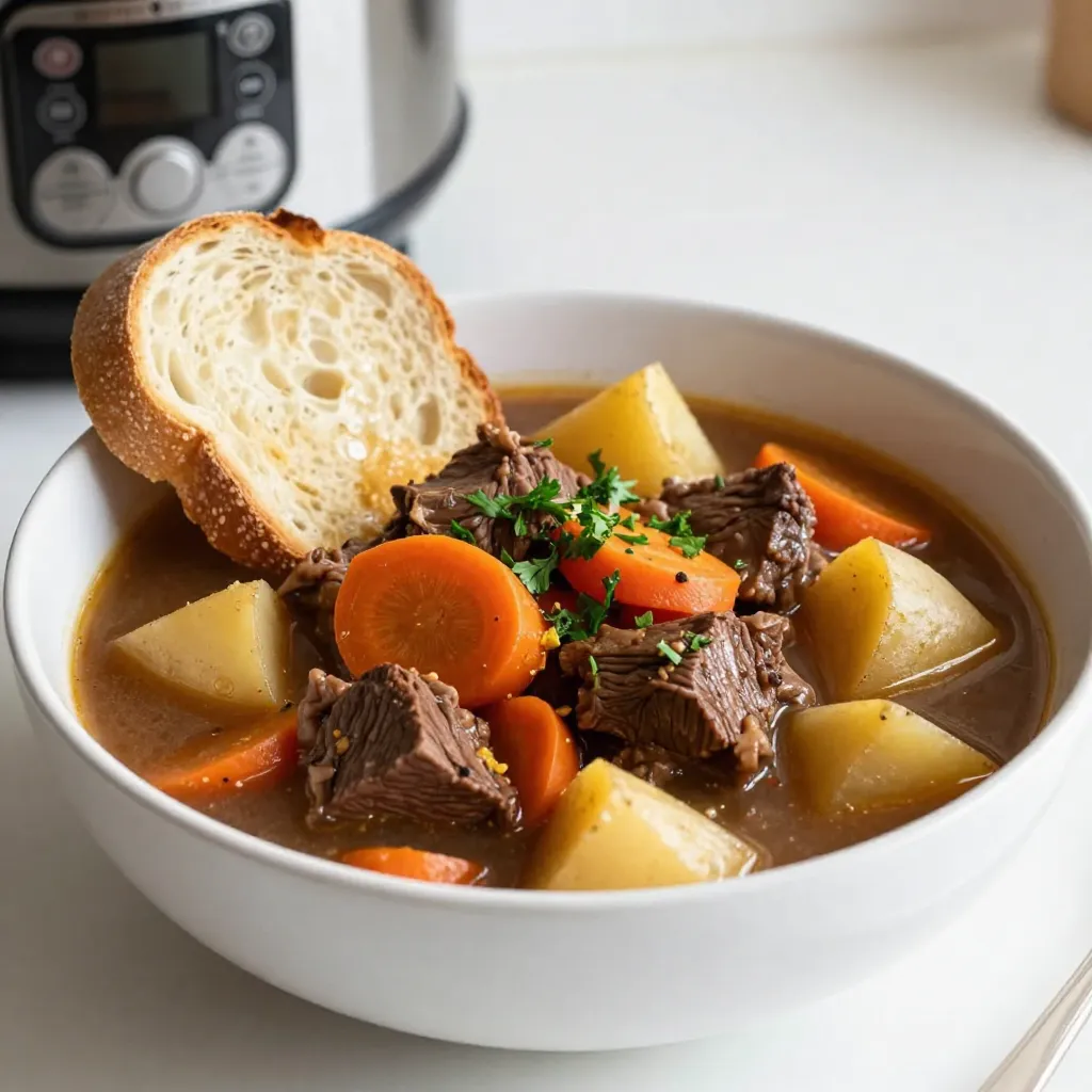 - 2 pounds beef chuck, cut into 1-inch cubes - 1 tablespoon olive oil - 1 medium onion, diced - 3 cloves garlic, minced - 4 medium carrots, sliced into rounds - 3 medium potatoes, diced into 1-inch pieces - 2 cups beef broth (low-sodium recommended) - 1 teaspoon dried thyme - 1 teaspoon smoked paprika - 2 bay leaves - Salt and freshly ground black pepper to taste Beef chuck is key for this stew. It becomes tender and flavorful after cooking. Use fresh vegetables for the best taste. The broth adds depth, while herbs like thyme and paprika elevate the flavors. - 1 tablespoon cornstarch (optional, for thickening) - 2 tablespoons water (optional, for thickening) If you like a thicker stew, you can add cornstarch. Mix it with water to form a slurry. This adds a nice texture and richness. - Instant Pot - Saut&eacute;ing utensil An Instant Pot is great for this stew. It cooks the meat quickly and keeps it juicy. A good saut&eacute;ing utensil helps to stir and brown the ingredients evenly. {{ingredient_image_2}} 1. Set to 'Saut&eacute;' function: First, turn on your Instant Pot. Select the 'Saut&eacute;' setting. This will heat up the pot for cooking. 2. Heat olive oil: Pour in 1 tablespoon of olive oil. Let it warm for a minute until it shimmers. 1. Saut&eacute; aromatics (onion and garlic): Add 1 medium diced onion and 3 minced garlic cloves to the pot. Cook these for 2-3 minutes. The onion should turn soft and clear. 2. Brown the beef: Next, add 2 pounds of beef chuck, cut into 1-inch cubes. Season it with salt and pepper. Cook for 5-7 minutes until the beef is browned on all sides. 3. Add herbs and vegetables: Mix in 1 teaspoon of dried thyme and 1 teaspoon of smoked paprika. Then, add 4 sliced carrots and 3 diced potatoes. Stir all the ingredients well. 4. Pour in broth and bay leaves: Add 2 cups of beef broth to the pot. Make sure to scrape the bottom to get all the tasty bits. Toss in 2 bay leaves and stir again. 1. Seal the lid: Close the Instant Pot lid tightly. Set the valve to 'Sealing' to trap the steam inside. 2. Set cooking time: Cook on 'Manual' or 'Pressure Cook' for 35 minutes. This will help the flavors blend and make the beef tender. Using fresh herbs can make your stew taste bright and fresh. Fresh thyme or parsley adds a nice touch. If you prefer dried herbs, they work well too. Just use less, about one-third of the amount. Adjust seasoning to your taste. Add more salt or pepper as it cooks. Taste often to find the right balance. To achieve perfect browning, heat the oil well before adding the beef. Sear the meat in batches. This prevents steaming and helps get a nice crust. For pressure release, I suggest natural release for ten minutes. This keeps the stew tender. After that, switch to quick release for any remaining steam. For garnishes, try fresh parsley or thyme on top of the stew. A sprinkle of black pepper adds a nice touch too. Serve in deep bowls for a cozy feel. Pair with crusty bread for dipping. This makes each bite even better! Pro Tips Choose the Right Cut: For a tender and flavorful stew, beef chuck is ideal due to its marbling and ability to become tender during the cooking process. Layering Flavors: Saut&eacute;ing the onion and garlic before adding the beef helps to build a deeper flavor profile, making your stew rich and savory. Adjusting Consistency: If you prefer a thicker stew, always mix cornstarch with cold water first to prevent clumping when added to the hot stew. Resting Time: Allowing the stew to sit for a few minutes after cooking enhances the flavors, as they meld together beautifully before serving. {{image_4}} You can switch up the beef in your stew. Try using chicken or pork for a new flavor. Chicken thighs work well in this recipe. Just cut them into bite-sized pieces and follow the same steps. Pork shoulder is another great choice. It adds a nice, rich taste. For a vegetarian option, use hearty vegetables or beans. Chickpeas and lentils give protein and texture. You can even use tempeh or tofu for a meaty feel. Feel free to mix in other vegetables. Peas, green beans, and mushrooms add color and taste. Sweet potatoes can replace regular potatoes for a sweeter flavor. You can also include bell peppers or parsnips for a twist. If you're gluten-free, use a gluten-free broth. Make sure to check labels on all packaged ingredients. To boost the flavor, consider adding red wine. A cup of dry red wine can deepen the taste. Just pour it in after browning the meat, and let it reduce for a few minutes. You may also want to experiment with spices. Garlic powder, onion powder, or fresh herbs like rosemary can take your stew to the next level. A pinch of cayenne can add heat, too. Adjust the spices to fit your taste. To keep your beef stew fresh, choose airtight containers. Glass or plastic containers work well. Make sure they seal tightly. This helps prevent air from getting in. Before storing, let the stew cool to room temperature. Place it in the fridge right away. Keep leftovers for about 3-4 days. You can freeze beef stew for later. Use freezer-safe containers or bags. If using bags, squeeze out air before sealing. This helps prevent freezer burn. Label each bag with the date. To thaw, move the stew to the fridge overnight. For quick thawing, use the microwave. When reheating, warm it on the stove or in the microwave until hot. In the fridge, beef stew lasts about 3-4 days. In the freezer, it can last up to 3 months. After that, the flavor and texture may change. Always check for any off smells or changes in color. If you notice anything strange, it's best to throw it out. Yes, you can skip browning the meat. However, browning adds flavor. It creates a nice crust on the beef. This crust gives your stew a rich taste. If you choose not to brown, your stew will still cook well. Just follow the rest of the steps. Cooking the stew in the Instant Pot takes about 35 minutes. Make sure to set the valve to 'Sealing'. After that, let the pressure release naturally for 10 minutes. Then, switch to quick release for any remaining pressure. The total time includes prep and cooking. Beef stew pairs well with several sides. Here are some great options: - Crusty bread for dipping - Mashed potatoes for extra creaminess - A fresh garden salad for crunch - Cooked rice for a filling meal These sides add flavor and texture to your meal. You have a few easy options to thicken your stew. You can mash some of the potatoes in the stew. This will add creaminess without extra ingredients. Another option is to let the stew simmer longer uncovered. This reduces the liquid and thickens the stew naturally. To wrap up, this blog post covered everything you need for making Instant Pot beef stew. We explored the main ingredients like beef chuck, vegetables, and broth. I shared tips for cooking, flavoring, and serving your stew. You learned how to customize with different proteins and ingredient swaps. Lastly, I gave storage tips and answered common questions. With these insights, you can confidently create a delicious meal. Enjoy your cooking and the heartwarming stew you&rsquo;ll serve!