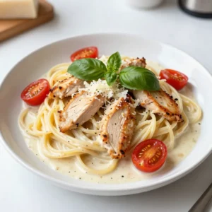 - 8 oz spaghetti - 2 tablespoons extra-virgin olive oil - 1 lb boneless chicken breast, thinly sliced - 4 cloves garlic, finely minced - 1 teaspoon dried Italian herbs (basil, oregano, thyme) - 1 cup heavy cream - 1 cup low-sodium chicken broth - 1 cup cherry tomatoes, halved - &frac12; cup grated Parmesan cheese - Salt and freshly cracked pepper to taste - Fresh basil leaves - Extra grated Parmesan cheese - Crushed red pepper flakes - Large pot for cooking spaghetti - Large skillet for saut&eacute;ing and sauce - Wooden spoon or spatula for mixing - Measuring cups and spoons - Cutting board and knife for slicing chicken and garlic {{ingredient_image_2}} Start by boiling salted water in a large pot. Add 8 oz of spaghetti to the pot. Cook it until it's al dente, following the package instructions. Once it's ready, drain the spaghetti. Be sure to save &frac12; cup of the pasta water for later. Set the spaghetti aside on a plate. Next, heat 2 tablespoons of extra-virgin olive oil in a large skillet over medium-high heat. Season 1 lb of thinly sliced boneless chicken breast with salt, pepper, and 1 teaspoon of dried Italian herbs. Place the chicken in the skillet and cook it for 5-7 minutes. You want it to be golden brown and reach 165&deg;F (75&deg;C). Once cooked, take the chicken out and place it on a plate. Lower the heat to medium and add 4 finely minced garlic cloves to the same skillet. Saut&eacute; the garlic for about 1 minute. Stir it often until it becomes fragrant and golden. Be careful, as burnt garlic can taste bitter. Then, pour in 1 cup of heavy cream and 1 cup of low-sodium chicken broth. Stir to mix everything well. Bring the mixture to a gentle simmer. Reduce the heat to medium-low to let the flavors blend. Add 1 cup of halved cherry tomatoes to the sauce. Let them cook for about 3-4 minutes. They should soften and release their juices. Next, stir in the saut&eacute;ed chicken and &frac12; cup of grated Parmesan cheese. Mix until the cheese melts and creates a creamy texture. Gently add the cooked spaghetti to the skillet. Toss everything together so that the pasta is well coated with the creamy sauce. If the sauce seems thick, add some of the reserved pasta water to reach your desired consistency. Taste it and add more salt and pepper if needed. Remove the skillet from heat. Serve your creamy garlic chicken spaghetti in bowls. Garnish each portion with fresh basil leaves and extra grated Parmesan cheese if you like. Enjoy your meal! To cook spaghetti just right, start with a big pot. Fill it with water and add salt. This helps the pasta taste good. Bring the water to a boil. Add the spaghetti and cook it until it is al dente. This means it should be firm but not hard. Check the package for cooking time. When done, drain the spaghetti but save some pasta water. This water helps if your sauce gets too thick. Seasoning makes a dish shine. Use salt and pepper on the chicken before cooking. This adds flavor right away. When you make the sauce, add the dried Italian herbs. These herbs give a nice taste. Stir the sauce often to mix in the flavors. Taste the sauce before serving. You may want to add more salt or pepper to make it just right. One big mistake is burning the garlic. Saut&eacute; it on medium heat and watch it closely. If it burns, your sauce will taste bad. Another mistake is overcooking the chicken. Use a meat thermometer to check if it&rsquo;s done. It should reach 165&deg;F (75&deg;C). Lastly, don&rsquo;t skip saving the pasta water. It can save a dry sauce and help it stick to the pasta. Pro Tips Use Fresh Garlic: Freshly minced garlic adds a vibrant flavor that dried garlic cannot replicate. Always prefer fresh for the best taste. Don&rsquo;t Overcook the Chicken: Ensure the chicken is cooked just until golden and reaches 165&deg;F. Overcooking can lead to dry, tough meat. Adjust Sauce Consistency: If your sauce is too thick, gradually add reserved pasta water until you reach your desired creaminess without diluting the flavor. Garnish with Fresh Herbs: Enhance the dish's aroma and flavor by garnishing with fresh basil or parsley before serving for a pop of color and freshness. {{image_4}} You can easily add vegetables to your chicken spaghetti. This adds color, flavor, and nutrition. Try adding bell peppers, zucchini, or spinach. Just chop them and add them to the skillet after the garlic. Saut&eacute; them until tender before adding cream and broth. You can also toss in peas or broccoli for a nice crunch and fresh taste. These veggies pair well with the creamy sauce. If you want to switch up the protein, I have great options. You can use shrimp instead of chicken. Just cook the shrimp until pink and add them to the sauce. For a vegetarian option, substitute the chicken with chickpeas or tofu. Both will soak up the flavors of the sauce. You can also try using turkey or even cooked sausage for a heartier dish. Do you like a little heat? You can easily spice up your chicken spaghetti. Add crushed red pepper flakes to the garlic as it cooks. This gives the dish a nice kick. If you want more heat, try diced jalape&ntilde;os or a splash of hot sauce. Just remember to taste as you go, so you don&rsquo;t overpower the creamy flavor. To keep your chicken spaghetti fresh, let it cool completely. Place it in an airtight container. You can store it in the fridge for up to 3 days. Make sure to label the container with the date. This helps you track how long it has been stored. When you&rsquo;re ready to eat, take out the leftovers. You can reheat them on the stove or in the microwave. For the stove, add a splash of chicken broth or water to the skillet. Heat over low until warm. For the microwave, cover the bowl and heat in 30-second bursts, stirring in between. This way, the pasta stays creamy and does not dry out. If you want to save chicken spaghetti for later, freezing is a great option. Use freezer-safe containers or bags. Make sure to remove as much air as possible. You can freeze it for up to 2 months. When you&rsquo;re ready to eat, thaw it in the fridge overnight before reheating. This keeps the texture and flavor intact. Yes, you can use whole wheat spaghetti. It adds a nutty flavor and extra fiber. Just cook it as you would regular spaghetti. Keep an eye on the cooking time. Whole wheat may need a few extra minutes. You can use half-and-half or Greek yogurt. If you want a lighter option, try unsweetened almond milk. These substitutes may change the creaminess a bit, but they still taste good. You can store chicken spaghetti in the fridge for three to four days. Make sure to keep it in an airtight container. This keeps the dish fresh and tasty. Yes, you can make this chicken spaghetti in advance. Just store it in the fridge after it cools down. Reheat it on the stove or in the microwave when you&rsquo;re ready to eat. Absolutely! This chicken spaghetti is great for meal prep. You can make a big batch and divide it into portions. It reheats well and stays delicious for several days. This blog post covered all the steps to make a tasty chicken spaghetti. We looked at the ingredients, cooking methods, and handy tips. You learned ways to tweak the recipe with different veggies and proteins. Plus, we discussed how to store leftovers and reheating tips to keep your meal fresh. Cooking can be fun and simple. Now, grab your ingredients and start your cooking adventure! Enjoy every bite, and remember to share this recipe with friends.