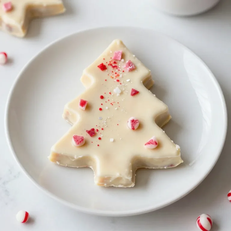 - 2 cups white chocolate chips - 1 cup sweetened condensed milk - 1 teaspoon pure vanilla extract - 1/2 teaspoon almond extract - 1/2 cup crushed peppermint candies - Green food coloring (optional) - Edible glitter - Sea salt The ingredients for Christmas Vanilla Tree Fudge are simple and fun. First, you need white chocolate chips, which give a sweet base. Sweetened condensed milk adds creaminess and smoothness. You will also use pure vanilla and almond extracts for a boost of flavor. Crushed peppermint candies bring a festive crunch. If you want a touch of color, green food coloring works well. Edible glitter adds sparkle and makes your fudge look extra special. Lastly, a sprinkle of sea salt enhances the sweet taste. Having all these ingredients ready makes your fudge-making easy. Each item plays an important role in creating this tasty treat. When combined, they make a perfect holiday dessert that everyone will love. {{ingredient_image_2}} Start by lining an 8x8-inch baking dish with parchment paper. This makes it easy to lift out the fudge later. Make sure the paper hangs over the sides. This overhang helps when you want to cut the fudge into fun shapes. In a medium saucepan, combine 2 cups of white chocolate chips and 1 cup of sweetened condensed milk. Set the heat to low. Stir continuously with a heat-resistant spatula. This step is key. Stirring keeps the chocolate from burning. You want a smooth, velvety mixture. Once your mixture is smooth, remove it from the heat. Now, stir in 1 teaspoon of pure vanilla extract and 1/2 teaspoon of almond extract. This adds a lovely flavor. If you want a festive touch, add a few drops of green food coloring. Mix well until the fudge is the shade you like. Next, gently fold in 1/2 cup of crushed peppermint candies. Distribute them evenly throughout the mixture. This creates a delightful crunch. Each bite should feel festive and fun! Pour the colorful fudge mixture into your prepared baking dish. Use a spatula to smooth the top until it is even. Place the dish in the refrigerator. Let it chill for at least 2 hours, or until the fudge sets firmly. Patience is key here! Once the fudge has set, carefully lift it out of the pan using the parchment overhang. Transfer it to a cutting board. Now, use a tree-shaped cookie cutter to cut out cute shapes. You can reassemble any leftover fudge and cut additional trees. For a festive finish, sprinkle a pinch of edible glitter on top of each piece. A light sprinkle of sea salt adds flavor and contrast to the sweetness. To get a silky texture in your fudge, focus on gentle heat. Melt the white chocolate chips with the sweetened condensed milk slowly. Stir the mixture continuously until it's smooth. This avoids lumps and ensures a creamy finish. Common pitfalls include overheating the chocolate. If it gets too hot, it may seize. If this happens, add a splash of milk and stir well. Always keep an eye on the heat. For flavor variations, try adding a pinch of cinnamon or nutmeg. You can also swap out the almond extract for coconut or hazelnut. Each choice gives a unique twist to your fudge. Adding toppings makes your fudge even more festive. Consider crushed nuts, sprinkles, or shredded coconut. They add texture and color, making your fudge shine. When serving, arrange your tree-shaped fudge on a bright plate. You can add whole peppermint candies around it for a cheerful look. A sprinkle of edible glitter adds a magical touch. Pair your fudge with other holiday treats, like cookies or hot cocoa. This will create a sweet spread that everyone will love. Pro Tips Use Quality Chocolate: Opt for high-quality white chocolate chips for a richer flavor and creamier texture in your fudge. Cooling Time: Make sure to chill the fudge for at least 2 hours to ensure it sets properly and is easy to cut. Customize Your Fudge: Feel free to experiment with different extracts or add-ins like nuts or dried fruits to create your own unique flavor combinations. Perfect Presentation: For a festive touch, use a decorative plate and garnish with whole peppermint candies or holiday-themed sprinkles. {{image_4}} You can easily change the flavor of your Christmas Vanilla Tree Fudge. Here are a couple of fun ideas: - Chocolate fudge variation: Swap the white chocolate chips for semi-sweet chocolate chips. This gives a rich, deep flavor. Combine it with the same sweetened condensed milk and flavor extracts. You’ll get a lovely chocolate treat that is just as festive. - Nutty fudge ideas: Add in some chopped nuts like walnuts or pecans. This gives your fudge a nice crunch and a new texture. You can mix them in with the crushed peppermint for a delightful surprise in each bite. Dress up your fudge to make it even more festive: - Themed sprinkles and toppings: Use holiday-themed sprinkles. Red and green ones look great! You can also try crushed candies or colored sugar to add some sparkle. - Creative shapes beyond trees: If you don’t want to cut your fudge into trees, try other shapes. Stars, snowflakes, or even simple squares can be fun. Use cookie cutters to make it special for any holiday gathering. You can make fudge that fits dietary needs: - Vegan options: Use dairy-free white chocolate chips instead of regular ones. Replace sweetened condensed milk with coconut milk. This way, everyone can enjoy a piece! - Gluten-free adaptations: This fudge is already gluten-free! Just ensure your chocolate chips and any toppings are certified gluten-free. This way, those with gluten sensitivities can indulge without worry. To keep your Christmas Vanilla Tree Fudge fresh, store it in an airtight container. Make sure to keep the fudge away from heat and light. Room temperature is fine, but a cool, dry spot works best. If you stack pieces, place parchment paper between them to prevent sticking. You can store your fudge for up to two weeks. After that, it may lose its great taste and texture. If it starts to look dry or hard, it is time to toss it. To freeze your fudge, first cut it into pieces. Wrap each piece in plastic wrap tightly. Then, place them in a freezer bag and seal it well. When you want to enjoy the fudge, take it out and thaw it in the fridge overnight. This keeps it nice and fresh! Yes, you can use other types of chocolate. Dark or milk chocolate chips work well. Each type will give the fudge a different taste. If you want a richer flavor, try dark chocolate. For a sweeter treat, milk chocolate is a good choice. Just keep in mind that each type will change the look and taste of your fudge. You can use coconut milk or regular milk with sugar. Combine them with butter to get a similar creaminess. Another option is to use evaporated milk with extra sugar. These alternatives will still give you a nice, smooth fudge. Grainy fudge usually means the sugar did not melt well. This can happen if you heat it too fast. To fix this, melt the chocolate on low heat slowly. Stir constantly to ensure a smooth texture. If it happens again, try using a bit of cream to smooth it out. Yes, you can make fudge a few days before you need it. Just store it in an airtight container. Keep it in the fridge to stay fresh. You can even freeze it for longer storage. Just let it thaw in the fridge before serving. To cut fudge neatly, use a sharp knife. Warm the knife in hot water for cleaner cuts. Wipe it dry before cutting. You can also press down firmly instead of sawing. This helps keep the shapes clean and pretty. This blog post showed how to make delicious fudge with simple ingredients. We covered steps like melting chocolate, adding flavors, and incorporating peppermint. You learned tips for perfecting texture and decorating fudge for any occasion. Remember, there are many ways to customize your fudge and store it well. Whether you want a classic or unique flavor, making fudge can be fun and easy. Enjoy creating and sharing your tasty treats with friends and family!