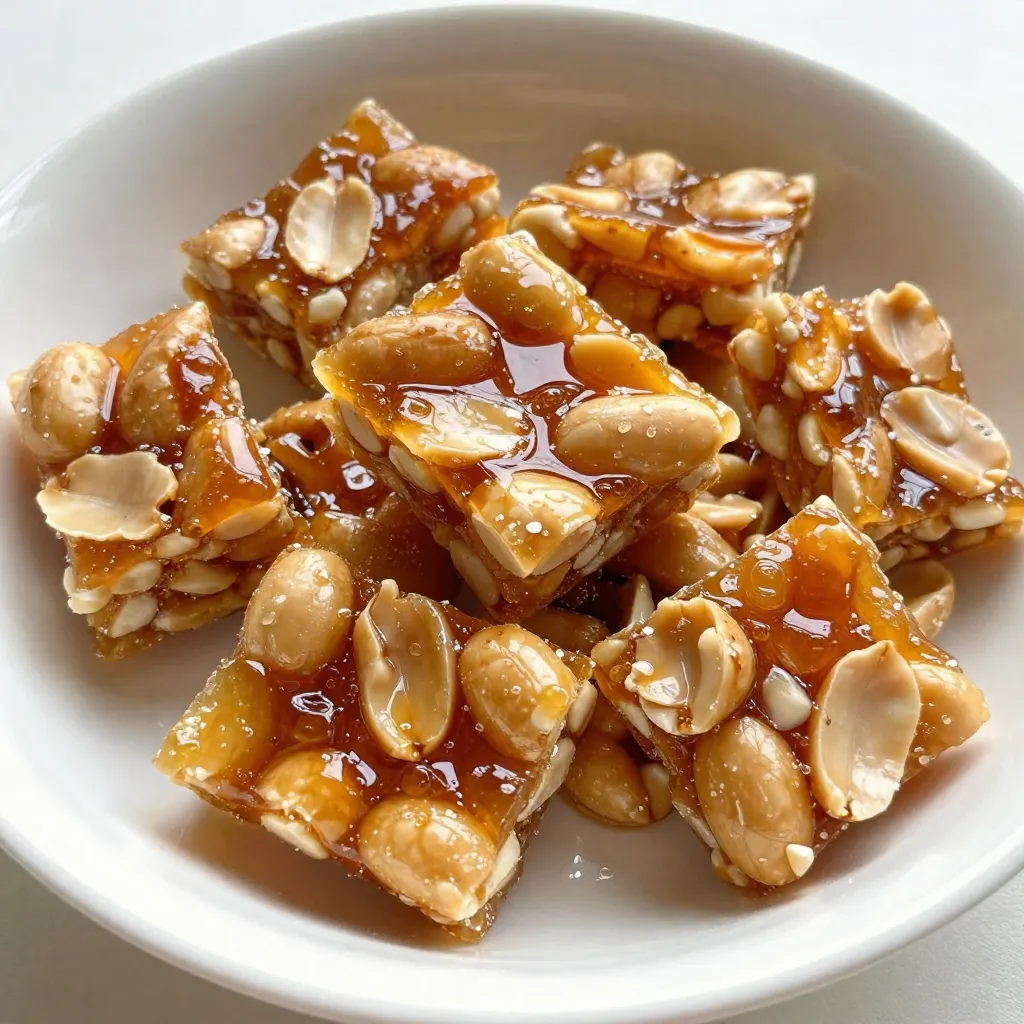 To make old-fashioned peanut brittle, you need just a few simple items: - 2 cups granulated sugar - 1 cup light corn syrup - 1/4 cup water - 1/2 teaspoon salt - 1/4 teaspoon baking soda - 1 teaspoon vanilla extract - 2 cups raw unsalted peanuts - 2 tablespoons unsalted butter These ingredients come together to create a crunchy, sweet treat. Each plays a role in giving the brittle its classic taste. You can change up the flavor of your peanut brittle by adding: - A pinch of cinnamon for warmth - A splash of almond extract for a nutty twist - Sea salt on top for a sweet-salty combo These options let you customize the brittle to suit your taste. To make peanut brittle, you'll need some basic tools: - A heavy-bottomed saucepan - A candy thermometer - A spatula for spreading - A baking sheet lined with parchment paper or a silicone mat Having the right equipment makes the process smoother and helps ensure perfect results. {{ingredient_image_2}} Start by getting a large baking sheet. Line it with parchment paper or a silicone mat. This keeps the peanut brittle from sticking. Make sure to cover the whole sheet. This step is very important for easy removal later. In a heavy saucepan, mix together the sugar, corn syrup, water, and salt. Stir gently until all the sugar is moistened. This helps it dissolve evenly. Place the saucepan over medium heat. Stir from time to time until the sugar melts. When it has melted, stop stirring. Now, let it boil. Attach a candy thermometer to the side of the saucepan. Let the mixture boil without stirring. Keep a close watch until it reaches 300°F, the hard crack stage. This can take 10 to 15 minutes. When it hits the right temperature, quickly add the raw peanuts. Stir often as it cooks for another 2 to 3 minutes. The mixture will turn a lovely golden amber color. Take the saucepan off the heat. Carefully whisk in the baking soda and vanilla extract. Expect some bubbling here; this is normal. Stir quickly to mix everything well. The baking soda adds a nice crunch to the brittle. Pour the hot peanut mixture onto your lined baking sheet. Use a spatula to spread it evenly. Be careful not to touch the hot mixture. Let it cool at room temperature for about 30 minutes. It will harden and become crisp. Once the brittle has cooled, break it into pieces. You can choose the size you like. Serve the pieces in a decorative container or platter. Enjoy this crunchy and tasty treat! To get a great texture, aim for the hard crack stage. This happens at 300°F. Use a candy thermometer for accuracy. If it is too soft, the brittle won't snap. If it is too hard, it may break your teeth. Watch closely as it boils. You want a nice golden amber color before adding the peanuts. One common mistake is stirring too much while boiling the sugar. Once the sugar dissolves, stop stirring. Stirring can cause graininess. Another mistake is not lining the baking sheet. This can make it hard to remove the brittle once it cools. Lastly, don't skip the baking soda. It helps make the brittle light and crunchy. Using a heavy-bottomed saucepan is key. It spreads heat evenly and helps prevent burning. A candy thermometer is also a must-have. It takes the guesswork out of the cooking process. Silicone spatulas are great for spreading the mixture. They can withstand high heat and make cleanup easier. Pro Tips Use a Candy Thermometer: Achieving the right temperature is crucial for the perfect brittle. A candy thermometer ensures you reach the hard crack stage without guesswork. Be Cautious with Hot Sugar: The sugar mixture can reach very high temperatures. Always use oven mitts and avoid touching it directly to prevent burns. Store Properly: To keep your peanut brittle fresh and crunchy, store it in an airtight container at room temperature away from humidity. Experiment with Nuts: While peanuts are classic, feel free to experiment with other nuts like almonds or cashews for a unique twist on the traditional recipe. {{image_4}} You can switch up the nuts in your peanut brittle. Try using almonds, cashews, or pecans. Each nut adds a unique taste and crunch. For example, cashews give a creamier flavor. Almonds add a nice bite. You can mix different nuts too! This makes your brittle fun and exciting to eat. Adding a layer of chocolate can elevate your brittle. Melt dark or milk chocolate and drizzle it over the cooled brittle. You can also sprinkle some sea salt on top for a sweet-salty combo. If you like spice, try adding a pinch of cayenne pepper or cinnamon to the mixture. This gives your brittle a warm kick and makes it special. Making this treat vegan is easy! Simply replace the butter with coconut oil or vegan butter. Ensure your vanilla extract is pure. You can also use agave syrup instead of corn syrup. This keeps the texture while making it plant-based. Now everyone can enjoy this crunchy delight! To keep your peanut brittle fresh, store it in an airtight container. You can use a glass jar or a plastic container. Make sure the brittle is completely cool before you seal it. This step helps keep moisture out and maintains its crunch. Avoid placing the brittle in a humid area, as this can make it sticky. Homemade peanut brittle can last for up to two weeks when stored properly. If you want to keep it longer, consider freezing it. In the freezer, it can stay good for about three months. Just remember to wrap it tightly in plastic wrap before placing it in a freezer bag. If your peanut brittle loses its crunch, don’t worry. You can easily fix it! Preheat your oven to 300°F. Place the brittle on a baking sheet in a single layer. Bake for about 5 to 10 minutes. This will help restore its crispy texture. Just let it cool again before you enjoy it! Peanut brittle has roots in the United States. It became popular in the 19th century. Many say it comes from the Southern states. It is a festive treat often made during holidays. The mix of sugar and peanuts creates a crunchy delight. Yes, you can use roasted peanuts. They add a nice flavor. However, raw peanuts give a fresher taste. If you choose roasted, skip the cooking time for peanuts. Just add them when the sugar mixture is ready. To fix grainy peanut brittle, reheat the mixture. You can add a little water. Heat it gently until it melts again. Stir it slowly until smooth. Then, cool it down and break it into pieces. Yes, you can double the recipe. Just use a larger pan to hold the mixture. Make sure to monitor the cooking time. The temperature should still reach 300°F for the best results. Peanut brittle pairs well with many treats. You can serve it with ice cream for a sweet crunch. It also complements hot chocolate or coffee. For a festive touch, add it to gift baskets during holidays. Making old-fashioned peanut brittle is simple and fun. You learned the key ingredients, tools, and step-by-step instructions needed to create this tasty treat. Tips and tricks help you avoid common mistakes and achieve the perfect texture. You can even explore variations with nuts, chocolate, or vegan options. Lastly, proper storage keeps your brittle fresh. Enjoy this sweet snack, share it with friends, and experiment with flavors. Peanut brittle brings joy and crunch to any occasion. Now, it’s time to make your own batch!