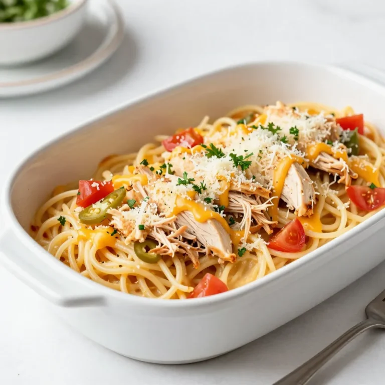 Here is a detailed list of what you need for Million Dollar Chicken Spaghetti: - 8 ounces spaghetti - 2 cups cooked chicken, shredded - 1 can (10.5 oz) cream of chicken soup - 1 cup sour cream - 1 cup shredded cheddar cheese - 1 cup canned diced tomatoes with green chilies - 1 small onion, finely chopped - 2 cloves garlic, minced - 1 teaspoon Italian seasoning - 1/2 teaspoon freshly ground black pepper - 1/4 teaspoon salt - 1/2 cup grated Parmesan cheese - Fresh parsley, chopped (for garnish) Each ingredient plays an important role in this dish. The spaghetti serves as the base, while cooked chicken adds protein and heartiness. Cream of chicken soup and sour cream create a creamy sauce that binds everything together. Cheddar cheese brings a rich flavor, and canned diced tomatoes with green chilies add a slight kick. Onion and garlic provide depth, while Italian seasoning gives it an aromatic twist. Black pepper and salt enhance the taste, and Parmesan cheese adds a delightful crust when baked. Finally, fresh parsley offers a pop of color and freshness. These ingredients come together to create a warm, comforting meal that is sure to please everyone at the table. You can find these items in your local grocery store, making this dish easy to prepare any night of the week. {{ingredient_image_2}} Start by boiling salted water in a large pot. You want it to reach a rolling boil. Once boiling, add 8 ounces of spaghetti. Cook it for about 8 to 10 minutes. The goal is to achieve an al dente texture. When done, drain the spaghetti and set it aside in a large mixing bowl. In another large mixing bowl, combine the sauce ingredients. Whisk together 1 can of cream of chicken soup, 1 cup of sour cream, and 1 cup of shredded cheddar cheese. Then add 1 cup of canned diced tomatoes with green chilies, 1 small finely chopped onion, and 2 minced garlic cloves. Don’t forget to add 1 teaspoon of Italian seasoning, 1/2 teaspoon of black pepper, and 1/4 teaspoon of salt. Mix everything until smooth and well combined. In the bowl with the drained spaghetti, add 2 cups of shredded cooked chicken. Carefully pour the sauce mixture over the spaghetti and chicken. Use a spatula to gently fold everything together. Make sure it is well mixed. Next, preheat your oven to 350°F (175°C). Grease a 9x13-inch baking dish with cooking spray or butter. Pour the spaghetti mixture into the dish and spread it out evenly. Sprinkle 1/2 cup of grated Parmesan cheese evenly over the top of the spaghetti mixture. This will create a nice cheesy crust as it bakes. Carefully place the baking dish in your preheated oven. Bake for 25 to 30 minutes. It should be golden brown and bubbly when it’s ready. After baking, take the dish out and let it cool for a few minutes. This cooling time helps the flavors settle. Just before serving, garnish with chopped fresh parsley. This adds a lovely burst of color and freshness to the dish. Enjoy your delicious Million Dollar Chicken Spaghetti! To get perfect spaghetti, cook it al dente. Al dente means the pasta should be firm but not hard. This gives the right bite. Follow the package cooking time closely. Usually, that’s about 8-10 minutes. Start checking a minute or two early. If you cook it too long, it becomes mushy. Great flavor makes this dish shine. Use fresh herbs like basil or thyme to brighten the taste. You can also add a pinch of red pepper flakes for some heat. For cheese, try mixing mozzarella with cheddar. Each cheese adds its own taste, making every bite special. You can even stir in some green onions for a fresh twist. Many people overcook or undercook their pasta. Always taste a piece before draining. It should feel firm but tender. Another mistake is not mixing the ingredients well. When you pour the sauce over the spaghetti, use a spatula to fold everything together. This helps ensure every bite is flavorful. Don’t rush this step; it makes a big difference. Pro Tips Cook Spaghetti Al Dente: Cooking the spaghetti until it is al dente ensures it maintains its texture when baked, preventing it from becoming mushy. Use Rotisserie Chicken: For a quicker option, use store-bought rotisserie chicken. It adds flavor and saves time on cooking and shredding the chicken. Customize the Veggies: Feel free to add more vegetables like bell peppers or spinach for added nutrition and flavor. Just sauté them before mixing into the sauce. Let it Rest: Allow the baked dish to rest for a few minutes before serving. This helps the flavors meld together and makes it easier to serve. {{image_4}} You can add veggies to make the dish even better. Bell peppers add a nice crunch. Spinach brings a fresh taste and boosts nutrition. You can also use zucchini or broccoli for more color and flavor. Just chop them small and mix them in the sauce. If you want to switch up the protein, ground beef or turkey works well. Cook the meat first, then mix it with the sauce. This gives a different flavor and makes it hearty. You can even use a mix of proteins for a fun twist! For those who need gluten-free options, choose gluten-free pasta. Many brands offer tasty choices that work well. You can also swap out dairy. Use coconut cream or a nut-based cheese instead of sour cream and cheese. This way, everyone can enjoy the meal! To keep your Million Dollar Chicken Spaghetti fresh, store it in airtight containers. Make sure to let it cool down first. Place a layer of plastic wrap over the food before sealing. This keeps moisture in and prevents drying out. If you want to freeze it, use freezer-safe bags. Squeeze out excess air before sealing. This helps avoid freezer burn. For the best taste, reheat your leftovers in the oven. Preheat your oven to 350°F. Place the spaghetti in an oven-safe dish and cover it with foil. This helps it heat evenly. Bake for about 20 minutes. If you prefer a quicker method, use the microwave. Heat in short bursts, stirring in between. Aim for a temperature of at least 165°F to ensure it's hot and safe to eat. In the fridge, your Million Dollar Chicken Spaghetti lasts about 3 to 4 days. If you freeze it, it can last up to 2 to 3 months. Just remember to label your containers with the date. This way, you know when to use them. When using frozen spaghetti, defrost it in the fridge overnight for best results. Million Dollar Chicken Spaghetti is a creamy, cheesy dish. It mixes chicken, spaghetti, and a rich sauce. This recipe gained fame for its comforting flavors and ease. People love it for family dinners and potlucks. The warm, savory taste makes it a crowd-pleaser. Yes, you can prepare Million Dollar Chicken Spaghetti in advance. Cook the spaghetti and mix the sauce. Combine them with the chicken and place in a baking dish. Cover it tightly with plastic wrap. Place it in the fridge for up to 24 hours. When ready, just bake it. This saves time on busy days. Many sides match this dish nicely. A crisp green salad adds freshness. Garlic bread enhances the meal with its warm flavors. You could also serve steamed veggies for a healthy touch. These sides balance the richness of the spaghetti. Yes, adjusting the recipe is easy. For smaller groups, halve the ingredients. For larger groups, double them. Keep an eye on baking time. A larger dish may need extra time to cook through. Use a thermometer to ensure it reaches a safe temperature. In this post, we explored the classic Million Dollar Chicken Spaghetti. We covered the essential ingredients and detailed step-by-step cooking instructions. I shared tips for perfecting the dish, potential variations, and storage methods. You should feel confident making this meal your own with easy adjustments. Remember, the key is mixing well and avoiding common mistakes. This dish is not just tasty; it’s also flexible. Enjoy your cooking adventure, and impress your family and friends with this comforting meal.
