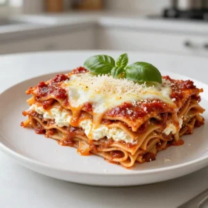 To make your Easy Comfort Lasagna, gather these key ingredients: - 9 lasagna noodles - 2 cups creamy ricotta cheese - 1 cup shredded mozzarella cheese - 1 cup finely grated Parmesan cheese - 3 cups marinara sauce (store-bought or homemade) - 1 large egg, beaten - 1 tablespoon dried Italian herbs (basil, oregano, and thyme) - 2 cups cooked ground beef or turkey (optional) - Salt and freshly ground black pepper - Fresh basil leaves for garnish These ingredients create a rich and tasty lasagna. Each part adds to the overall flavor and texture. You can customize your lasagna with these fun add-ins: - Spinach or kale for greens - Mushrooms for extra depth - Zucchini or eggplant for a veggie boost - Different cheeses like goat cheese or cheddar - A splash of red wine in the sauce for flavor These options let you play with tastes and textures. Feel free to experiment until you find your favorite mix! Having the right tools makes cooking easier. Here&rsquo;s what you need: - A 9x13 inch baking dish - A medium mixing bowl - A spatula for spreading - Aluminum foil to cover the dish - A large pot for boiling noodles - A colander for draining These tools help you prepare, layer, and bake your lasagna. With the right setup, you will enjoy the process even more! {{ingredient_image_2}} First, set your oven to 375&deg;F (190&deg;C). This warm heat creates a cozy space for baking. Next, cook the lasagna noodles. Follow the package instructions until they are al dente. Drain them well and let them cool a bit. This step helps keep the noodles from sticking together. Grab a medium mixing bowl. Add 2 cups of creamy ricotta cheese. Now, beat 1 large egg and mix it in. Add half of the grated Parmesan cheese&mdash;about &frac12; cup. Toss in 1 tablespoon of dried Italian herbs, along with salt and pepper to taste. Stir all the ingredients until they blend into a smooth, creamy filling. Take a 9x13 inch baking dish. Pour a little marinara sauce at the bottom to prevent sticking. Lay down 3 lasagna noodles next. Spread half of your ricotta mixture over them. If you want, add half of the cooked ground beef or turkey for extra protein. Drizzle some marinara sauce over this layer and sprinkle a handful of mozzarella cheese on top. Next, add another layer. Place 3 more noodles down. Spread the rest of the ricotta mixture over them. If using meat, add another layer of ground beef or turkey. Follow with more marinara sauce and another handful of mozzarella cheese. For the final layer, arrange the last 3 noodles on top. Pour the remaining marinara sauce over them. Sprinkle the rest of the mozzarella and Parmesan cheese generously. Cover the baking dish tightly with aluminum foil. This step traps steam and helps cook the lasagna evenly. Place it in your preheated oven and bake for 25 minutes. After that, take off the foil and bake for another 15 minutes. Look for bubbly cheese and a golden brown top. Let the lasagna cool for about 10 minutes before cutting. Garnish with fresh basil leaves for a lovely touch. Now, you&rsquo;re ready to serve a delicious, homemade lasagna! Soggy lasagna happens when too much moisture builds up. To avoid this, start by draining your noodles well after cooking. Use a colander and let them cool. You can also bake your noodles for a few minutes to dry them out. Additionally, do not add too much sauce. A light layer keeps everything moist without drowning the dish. Layering is key to a great lasagna. Start with a layer of sauce at the bottom to prevent sticking. Then, place three noodles in a straight line. Spread half of the ricotta mix over the noodles, followed by sauce, meat, and cheese. Repeat this process for each layer. Finish with noodles, sauce, and a generous cheese topping. This order keeps flavors balanced and creates a beautiful dish. Both store-bought and homemade marinara sauce work well in lasagna. Store-bought sauce is quick and easy. Look for brands with no added sugars or preservatives for a better taste. Homemade sauce gives you full control of flavors. You can add herbs or spices to match your taste. If you have the time, I recommend making your own for a richer flavor. Pro Tips Perfect Noodle Texture: Ensure the lasagna noodles are cooked al dente; this prevents them from becoming mushy during baking. Cheese Layering: For an extra cheesy pull, mix some of the mozzarella into the ricotta mixture and reserve some for the top layer. Resting Time: Allow the lasagna to rest for at least 10 minutes after baking; this helps the layers set and makes for cleaner slices. Herb Freshness: For a fresher flavor, consider adding fresh herbs like basil or parsley to the ricotta mixture or as a garnish. {{image_4}} You can easily make a vegetarian lasagna. Use veggies like spinach, zucchini, or mushrooms. Replace meat with extra layers of veggies. Blend in ricotta cheese for creaminess. You can also add spinach for color and taste. This makes it healthy and tasty. If you need a dairy-free lasagna, swap the cheese. Use cashew cheese or tofu. These options taste great and give a creamy texture. You can also use dairy-free mozzarella for a cheesy flavor. Check labels to ensure all ingredients are dairy-free. Want to change up the protein? Try ground chicken or sausage. Each option adds a unique flavor. You can even mix different proteins for a fun twist. Beans are a great choice for a filling, plant-based protein. Feel free to experiment and find what you like best. To store leftover lasagna, let it cool first. Once it&rsquo;s cool, place it in an airtight container. You can also wrap it tightly in plastic wrap. This keeps it fresh in the fridge. Leftover lasagna can last up to four days in the fridge. Make sure to label your container with the date. This helps you remember when it was made. If you&rsquo;re not sure when to eat it, check for any off smells or mold before eating. You can freeze lasagna for longer storage. First, cool it completely. Then, cut it into portions. This makes it easier to reheat later. Wrap each piece tightly in plastic wrap. After that, place the wrapped pieces in a freezer-safe bag. Label the bags with the date. Frozen lasagna is best enjoyed within three months. When you&rsquo;re ready to eat, thaw it in the fridge overnight before reheating. To reheat lasagna, preheat your oven to 350&deg;F (175&deg;C). If frozen, fully thaw it first. Place the lasagna in an oven-safe dish. Cover it with foil to keep it moist. Bake for about 20-30 minutes. Check the center to ensure it's hot. You can also reheat individual slices in the microwave. Heat in 1-minute intervals until warm. Always let it sit for a minute before enjoying. This helps prevent burns and makes it easier to eat. Yes, you can prepare lasagna ahead of time. You can layer it all in a baking dish and keep it in the fridge. Just cover it tightly with foil. This way, the flavors can meld together. You can bake it the next day or even freeze it for later. If you freeze it, just remember to thaw it overnight in the fridge before baking. Lasagna can last up to 3 to 5 days in the fridge. Make sure to store it in an airtight container. If you see any signs of spoilage, like an off smell or mold, it&rsquo;s best to toss it out. Lasagna pairs well with many side dishes. Here are some ideas: - Garlic bread for a crunchy side. - A fresh salad to add crunch. - Roasted vegetables for a healthy touch. - A classic Caesar salad for a twist. Feel free to mix and match based on your preference! This blog post covered all the essentials for making lasagna. We explored key ingredients, tools, and step-by-step instructions to ensure your cooking is easy. I shared tips to avoid soggy layers and offered different variations to fit your needs. Storage and reheating methods will help you enjoy leftovers too. Lasagna is a dish full of options. With practice, you can make it your own. Enjoy cooking and sharing your delicious lasagna creations!