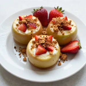 To make Strawberry Crunch Cheesecake Apples, you need fresh and tasty ingredients. Here&rsquo;s what you&rsquo;ll need: - 4 medium-sized apples (Honeycrisp or Fuji work best) - 1 cup fresh strawberries, hulled and finely chopped - 8 ounces cream cheese, softened - 1/2 cup powdered sugar - 1 teaspoon pure vanilla extract - 1/2 cup crushed graham crackers - 1/4 cup unsalted butter, melted - 1/2 teaspoon ground cinnamon - Whipped cream for topping (optional) - Fresh strawberries for garnish These ingredients mix well to create a sweet and creamy filling. The apples add crunch, while the strawberries bring a fresh taste. Using the right apple type makes a big difference. Honeycrisp and Fuji are both sweet and crisp, perfect for baking. The cream cheese mixture gives a rich flavor. Mixing in strawberries brightens up the dish. The crushed graham crackers add a delightful crunch on top. Melting the butter helps to bind the crumbs. Ground cinnamon brings warmth and spice. Whipped cream adds a nice touch if you like. Fresh strawberries as a garnish make the dish look pretty and inviting. Gather these ingredients before you start cooking. Being prepared helps you move smoothly through each step. Now you&rsquo;re ready to create a delicious dessert that everyone will enjoy! {{ingredient_image_2}} - Preheating the Oven Start by preheating your oven to 350&deg;F (175&deg;C). This will ensure the apples bake evenly and come out tender. - Apple Preparation Take your medium-sized apples, like Honeycrisp or Fuji, for the best flavor. Core the apples to make room for the cheesecake filling. To help them stand up, slice a tiny bit off the bottom. - Making the Cheesecake Filling In a medium bowl, mix 8 ounces of softened cream cheese, 1/2 cup powdered sugar, and 1 teaspoon pure vanilla extract. Use an electric mixer and beat until smooth, with no lumps. - Stuffing the Apples Gently fold in 1 cup of finely chopped strawberries into the cream cheese mixture. Now, stuff each apple with this filling. Press down a bit to fit as much filling as you can. The top should form a nice dome. - Preparing the Topping In another bowl, mix 1/2 cup crushed graham crackers, 1/4 cup melted unsalted butter, and 1/2 teaspoon ground cinnamon. Stir until it looks like moist crumbs. This topping adds a crunchy layer. - Baking the Apples Place the stuffed apples in a baking dish. Pour a small splash of water into the dish to keep them moist. Bake for 25-30 minutes. They should feel tender but still hold their shape. Once they are baked, let them cool for a few minutes before serving. You can add whipped cream on top and fresh strawberries for a fancy touch. Enjoy your delicious Strawberry Crunch Cheesecake Apples! Choosing the Right Apples I love using Honeycrisp or Fuji apples. They are sweet and hold their shape well during baking. Look for firm apples with smooth skin. This choice makes a big difference in taste and texture. Keeping the Cheesecake Filling Smooth To get a smooth filling, make sure your cream cheese is at room temperature. Room temperature cream cheese blends well with sugar and vanilla. Use an electric mixer to beat the mixture until it is creamy and free of lumps. This step is key for a great cheesecake flavor. Achieving the Right Texture for Topping For the topping, mix crushed graham crackers with melted butter and cinnamon until it looks like wet sand. This mixture should stick together but still crumble nicely. Press it lightly onto the apples to form a tasty crust that adds crunch. Baking Tips for Optimal Results When baking, keep an eye on your apples. They should bake for about 25-30 minutes. Check to see if they are tender but still firm. If they are too soft, they may collapse. Adding a splash of water to the baking dish helps keep the apples moist. This simple trick ensures your dessert is juicy and delicious. Pro Tips Choose the Right Apples: Opt for Honeycrisp or Fuji apples for their sweetness and firm texture, which holds up well during baking. Don&rsquo;t Overmix: When folding in the strawberries, be gentle to maintain their shape and avoid a mushy filling. Moisture Matters: Adding a splash of water to the baking dish helps keep the apples moist while they bake, enhancing their flavor and texture. Serve Warm: These cheesecake apples are best enjoyed warm, topped with whipped cream and fresh strawberries for a delightful dessert experience. {{image_4}} Adding Nuts or Chocolate You can make your cheesecake apples more exciting by adding nuts or chocolate. Try adding chopped walnuts or pecans to the graham cracker topping for a crunchy texture. If you love chocolate, drizzle melted chocolate over the warm apples. You can even mix cocoa powder into the cheesecake filling for a chocolate twist. Using Different Fruit Fillings While strawberries are the star here, feel free to use other fruits. Blueberries, raspberries, or peaches can all work great. Just chop them small and mix them into the cream cheese. Each fruit will change the flavor, giving you many dessert choices. Alternative Toppings Switch up the topping for different tastes. Instead of graham crackers, use crushed cookies like Oreos or vanilla wafers. You could also sprinkle some toasted coconut for a tropical vibe. For a fresh touch, use a dollop of yogurt or a scoop of ice cream on top. Each option brings its own unique flair to your dish. Refrigeration Tips You can keep leftover Strawberry Crunch Cheesecake Apples in the fridge. Store them in an airtight container. They stay fresh for up to three days. If you want to add whipped cream, do it just before serving. Freezing Instructions If you want to save them for later, freezing works too. Wrap each apple tightly in plastic wrap. Then place them in a freezer bag. They can stay frozen for up to two months. When you're ready to eat them, thaw in the fridge overnight. Reheating Suggestions To enjoy these apples warm, reheat them in the oven. Set it to 350&deg;F (175&deg;C) and bake for about 10 minutes. Check often to make sure they don't get too hot. You can also use the microwave. Heat for about 30-60 seconds, but keep an eye on them to avoid overheating. Yes, you can use different types of cream cheese. Softened, regular cream cheese is best for a smooth mix. You might also try flavored cream cheese, like strawberry or vanilla, for a fun twist. Just be sure it&rsquo;s soft for easy blending. The apples are done when they are tender to touch but still hold their shape. You can gently poke them with a fork or knife after about 25 to 30 minutes of baking. If they feel soft but not mushy, they are ready to enjoy. You can make these apples ahead of time. Prepare the filling and stuff the apples, then store them in the fridge. Just bake them right before serving. This keeps them fresh and warm for your guests. Serve the apples warm for the best taste. You can top them with whipped cream for creaminess. Chopped fresh strawberries make a lovely garnish. Drizzling some strawberry sauce adds extra flavor and looks beautiful on the plate. This article covered how to make delicious stuffed apples. We detailed the key ingredients, like apples and cream cheese, and provided clear, step-by-step instructions for preparing and baking. You learned helpful tips for perfecting the recipe and explored tasty variations. Don&rsquo;t forget about the storage info for your leftovers and answers to common questions. With these insights, you can create a sweet treat that will impress anyone. Enjoy your cooking adventure!