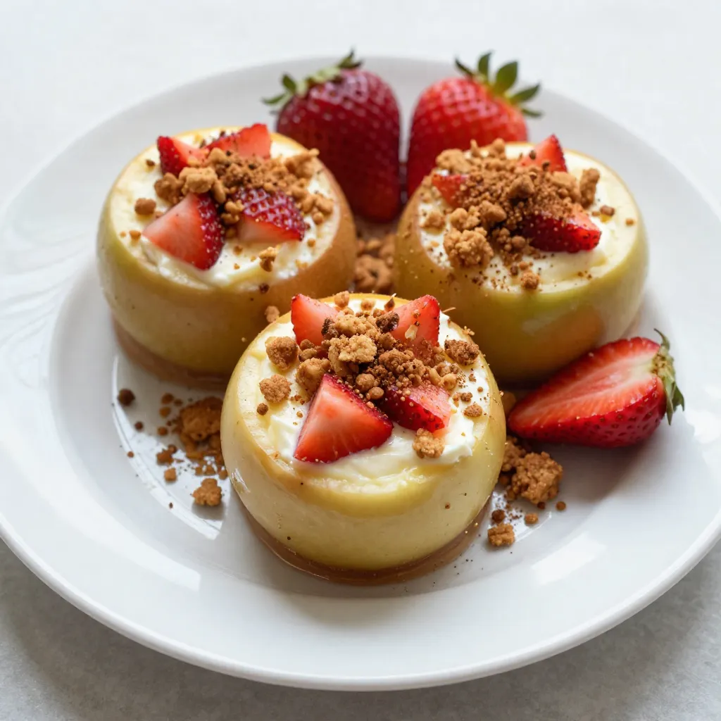 To make Strawberry Crunch Cheesecake Apples, you need fresh and tasty ingredients. Here’s what you’ll need: - 4 medium-sized apples (Honeycrisp or Fuji work best) - 1 cup fresh strawberries, hulled and finely chopped - 8 ounces cream cheese, softened - 1/2 cup powdered sugar - 1 teaspoon pure vanilla extract - 1/2 cup crushed graham crackers - 1/4 cup unsalted butter, melted - 1/2 teaspoon ground cinnamon - Whipped cream for topping (optional) - Fresh strawberries for garnish These ingredients mix well to create a sweet and creamy filling. The apples add crunch, while the strawberries bring a fresh taste. Using the right apple type makes a big difference. Honeycrisp and Fuji are both sweet and crisp, perfect for baking. The cream cheese mixture gives a rich flavor. Mixing in strawberries brightens up the dish. The crushed graham crackers add a delightful crunch on top. Melting the butter helps to bind the crumbs. Ground cinnamon brings warmth and spice. Whipped cream adds a nice touch if you like. Fresh strawberries as a garnish make the dish look pretty and inviting. Gather these ingredients before you start cooking. Being prepared helps you move smoothly through each step. Now you’re ready to create a delicious dessert that everyone will enjoy! {{ingredient_image_2}} - Preheating the Oven Start by preheating your oven to 350°F (175°C). This will ensure the apples bake evenly and come out tender. - Apple Preparation Take your medium-sized apples, like Honeycrisp or Fuji, for the best flavor. Core the apples to make room for the cheesecake filling. To help them stand up, slice a tiny bit off the bottom. - Making the Cheesecake Filling In a medium bowl, mix 8 ounces of softened cream cheese, 1/2 cup powdered sugar, and 1 teaspoon pure vanilla extract. Use an electric mixer and beat until smooth, with no lumps. - Stuffing the Apples Gently fold in 1 cup of finely chopped strawberries into the cream cheese mixture. Now, stuff each apple with this filling. Press down a bit to fit as much filling as you can. The top should form a nice dome. - Preparing the Topping In another bowl, mix 1/2 cup crushed graham crackers, 1/4 cup melted unsalted butter, and 1/2 teaspoon ground cinnamon. Stir until it looks like moist crumbs. This topping adds a crunchy layer. - Baking the Apples Place the stuffed apples in a baking dish. Pour a small splash of water into the dish to keep them moist. Bake for 25-30 minutes. They should feel tender but still hold their shape. Once they are baked, let them cool for a few minutes before serving. You can add whipped cream on top and fresh strawberries for a fancy touch. Enjoy your delicious Strawberry Crunch Cheesecake Apples! Choosing the Right Apples I love using Honeycrisp or Fuji apples. They are sweet and hold their shape well during baking. Look for firm apples with smooth skin. This choice makes a big difference in taste and texture. Keeping the Cheesecake Filling Smooth To get a smooth filling, make sure your cream cheese is at room temperature. Room temperature cream cheese blends well with sugar and vanilla. Use an electric mixer to beat the mixture until it is creamy and free of lumps. This step is key for a great cheesecake flavor. Achieving the Right Texture for Topping For the topping, mix crushed graham crackers with melted butter and cinnamon until it looks like wet sand. This mixture should stick together but still crumble nicely. Press it lightly onto the apples to form a tasty crust that adds crunch. Baking Tips for Optimal Results When baking, keep an eye on your apples. They should bake for about 25-30 minutes. Check to see if they are tender but still firm. If they are too soft, they may collapse. Adding a splash of water to the baking dish helps keep the apples moist. This simple trick ensures your dessert is juicy and delicious. Pro Tips Choose the Right Apples: Opt for Honeycrisp or Fuji apples for their sweetness and firm texture, which holds up well during baking. Don’t Overmix: When folding in the strawberries, be gentle to maintain their shape and avoid a mushy filling. Moisture Matters: Adding a splash of water to the baking dish helps keep the apples moist while they bake, enhancing their flavor and texture. Serve Warm: These cheesecake apples are best enjoyed warm, topped with whipped cream and fresh strawberries for a delightful dessert experience. {{image_4}} Adding Nuts or Chocolate You can make your cheesecake apples more exciting by adding nuts or chocolate. Try adding chopped walnuts or pecans to the graham cracker topping for a crunchy texture. If you love chocolate, drizzle melted chocolate over the warm apples. You can even mix cocoa powder into the cheesecake filling for a chocolate twist. Using Different Fruit Fillings While strawberries are the star here, feel free to use other fruits. Blueberries, raspberries, or peaches can all work great. Just chop them small and mix them into the cream cheese. Each fruit will change the flavor, giving you many dessert choices. Alternative Toppings Switch up the topping for different tastes. Instead of graham crackers, use crushed cookies like Oreos or vanilla wafers. You could also sprinkle some toasted coconut for a tropical vibe. For a fresh touch, use a dollop of yogurt or a scoop of ice cream on top. Each option brings its own unique flair to your dish. Refrigeration Tips You can keep leftover Strawberry Crunch Cheesecake Apples in the fridge. Store them in an airtight container. They stay fresh for up to three days. If you want to add whipped cream, do it just before serving. Freezing Instructions If you want to save them for later, freezing works too. Wrap each apple tightly in plastic wrap. Then place them in a freezer bag. They can stay frozen for up to two months. When you're ready to eat them, thaw in the fridge overnight. Reheating Suggestions To enjoy these apples warm, reheat them in the oven. Set it to 350°F (175°C) and bake for about 10 minutes. Check often to make sure they don't get too hot. You can also use the microwave. Heat for about 30-60 seconds, but keep an eye on them to avoid overheating. Yes, you can use different types of cream cheese. Softened, regular cream cheese is best for a smooth mix. You might also try flavored cream cheese, like strawberry or vanilla, for a fun twist. Just be sure it’s soft for easy blending. The apples are done when they are tender to touch but still hold their shape. You can gently poke them with a fork or knife after about 25 to 30 minutes of baking. If they feel soft but not mushy, they are ready to enjoy. You can make these apples ahead of time. Prepare the filling and stuff the apples, then store them in the fridge. Just bake them right before serving. This keeps them fresh and warm for your guests. Serve the apples warm for the best taste. You can top them with whipped cream for creaminess. Chopped fresh strawberries make a lovely garnish. Drizzling some strawberry sauce adds extra flavor and looks beautiful on the plate. This article covered how to make delicious stuffed apples. We detailed the key ingredients, like apples and cream cheese, and provided clear, step-by-step instructions for preparing and baking. You learned helpful tips for perfecting the recipe and explored tasty variations. Don’t forget about the storage info for your leftovers and answers to common questions. With these insights, you can create a sweet treat that will impress anyone. Enjoy your cooking adventure!