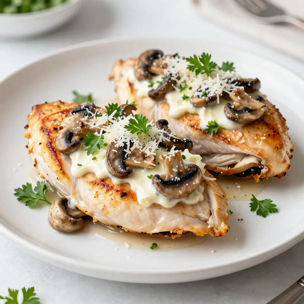 To make these tasty mushroom stuffed chicken breasts, you need a few simple ingredients. Here’s the list to get you started: - 4 boneless, skinless chicken breasts - 1 cup mixed mushrooms, finely chopped (cremini, shiitake, button) - 1/2 cup cream cheese, softened - 1/4 cup grated Parmesan cheese - 1/4 cup fresh parsley, chopped - 2 cloves garlic, minced - 1 teaspoon onion powder - Salt and pepper, to taste - 1 tablespoon olive oil - 1 teaspoon Italian seasoning - Toothpicks or kitchen twine for securing Each ingredient plays a role in making this dish delicious. The chicken is the star, while the mushrooms add a rich, earthy flavor. Cream cheese provides creaminess, and Parmesan adds a salty touch. Garlic and herbs bring in that fresh taste. Make sure you have all these items ready to create a meal everyone will love. {{ingredient_image_2}} 1. Preheat your oven to 375°F (190°C). This helps cook the chicken evenly. 2. Heat olive oil in a medium skillet over medium heat. Add the finely chopped mushrooms. 3. Sauté the mushrooms for 5-7 minutes until they turn golden brown. Stir in minced garlic and cook for one more minute. 4. In a large bowl, mix the sautéed mushrooms and garlic with softened cream cheese, grated Parmesan cheese, chopped parsley, onion powder, Italian seasoning, salt, and pepper. Stir until smooth. 5. Take a chicken breast and slice it horizontally to create a pocket. Repeat for the other breasts. 6. Fill each chicken pocket with 2-3 tablespoons of the mushroom mix. Be careful not to overstuff. 7. Secure the openings with toothpicks or kitchen twine to keep the filling inside. 8. Season the outside of each chicken breast with salt, pepper, and a sprinkle of Italian seasoning. 1. Heat olive oil in a large, oven-safe skillet over medium-high heat. 2. Sear each stuffed chicken breast for 3-4 minutes on each side until golden brown. 3. Transfer the skillet to the preheated oven. Bake for about 25-30 minutes until the chicken reaches an internal temperature of 165°F (75°C). 4. After baking, let the chicken rest for 5 minutes before serving. This keeps the juices inside. Enjoy your delicious mushroom stuffed chicken breasts! - Ensure chicken is even for even cooking: Start by using chicken breasts that are similar in size. This helps them cook at the same rate. If some pieces are thick, gently pound them to an even thickness. This way, every bite is juicy and tender. - Avoid overstuffing to prevent spilling: When filling the chicken pockets, use about 2-3 tablespoons of stuffing. If you put in too much, the filling might spill out during cooking. It’s better to have enough flavor without the mess. - Suggested side dishes to complement the meal: Mushroom stuffed chicken pairs well with roasted vegetables or a fresh garden salad. You can also serve it with creamy mashed potatoes for a hearty meal. - Presentation tips, including garnishing: For a beautiful plate, slice each stuffed chicken breast diagonally. This shows off the tasty mushroom filling. Garnish with extra chopped parsley for color. A drizzle of balsamic glaze can add a nice touch too. Enjoy the mix of flavors and colors on your plate! Pro Tips Choose Fresh Mushrooms: Use a variety of fresh mushrooms for a more complex flavor. Avoid canned mushrooms as they tend to be less flavorful and can alter the texture of your filling. Let the Filling Cool: Allow the mushroom filling to cool slightly before stuffing it into the chicken. This prevents the chicken from cooking too quickly and helps maintain moisture. Use a Meat Thermometer: To ensure your chicken is cooked perfectly, use a meat thermometer to check for an internal temperature of 165°F (75°C). This guarantees that the chicken is safe to eat and juicy. Rest Before Serving: Let the chicken rest for about 5 minutes after baking. This allows the juices to redistribute, resulting in a more flavorful and moist chicken breast. {{image_4}} You can easily change some ingredients in this recipe. Here are a few ideas: - Alternative cheeses: Swap out cream cheese for ricotta or feta. Each cheese brings a new flavor and texture. - Different herbs: Try using fresh thyme or basil instead of parsley. These herbs add a nice twist to the dish. Mixing in different flavors can make your dish unique. Here are some suggestions: - Adding spinach or sun-dried tomatoes: Both add color and taste. Spinach gives a fresh feel, while sun-dried tomatoes add a touch of sweetness. - Experimenting with spices: Spice things up with paprika or cayenne. These spices can bring warmth and depth to the filling. Feel free to play with these ideas and make the recipe yours! To keep your mushroom stuffed chicken breasts fresh, store any leftovers in the fridge. Place them in an airtight container. This prevents the chicken from drying out and keeps the flavors intact. Make sure to eat the leftovers within 3 to 4 days for the best taste. If you want to keep these stuffed chicken breasts for longer, freezing is a great option. Wrap each stuffed breast tightly in plastic wrap, then place them in a freezer bag. This helps prevent freezer burn. You can freeze them for up to 3 months. To reheat, thaw them overnight in the fridge. Then, bake in the oven at 375°F (190°C) until fully heated. This ensures they stay juicy and delicious. How do I know when the chicken is fully cooked? You can use a meat thermometer to check. Insert it into the thickest part of the chicken. The chicken should reach an internal temperature of 165°F (75°C). If you don’t have a thermometer, cut into the chicken. The juices should run clear, not pink. This shows the chicken is safe to eat and juicy. Can I use frozen chicken breasts for this recipe? You can use frozen chicken, but it needs to thaw first. Thaw the chicken in the fridge overnight. This helps it cook evenly. If you cook from frozen, it may not cook through. Always check the temperature to be safe. What should I serve with mushroom stuffed chicken breasts? This dish pairs well with many sides. Try roasted vegetables for color and flavor. A fresh garden salad adds crunch. You can also serve it with rice or mashed potatoes for a hearty meal. Add some bread to soak up the juices! In this post, we covered how to make mushroom stuffed chicken breasts. You learned about the needed ingredients, preparation, cooking steps, and serving ideas. Don’t forget to try variations and substitutions to make this dish your own. Proper storage ensures you enjoy your leftovers too. Cooking can be fun and rewarding. With these tips, you’ll impress friends and family at your next meal. Enjoy experimenting and make every bite count!