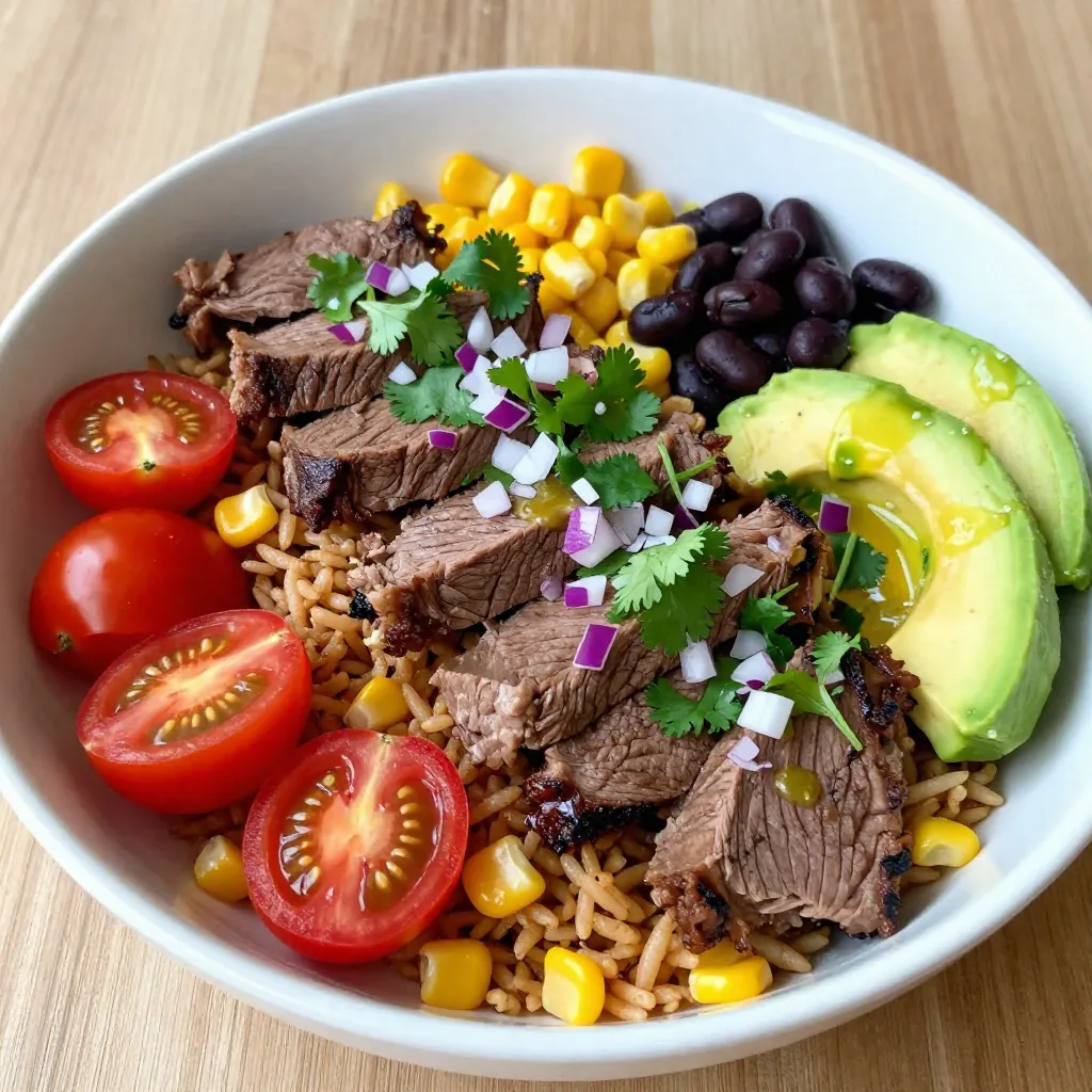 - 1 lb flank steak - 2 cups cooked brown rice (or quinoa) - 1 cup cherry tomatoes, halved - 1 cup corn kernels (fresh or frozen) - 1 ripe avocado, diced - 1 cup black beans, rinsed and drained - 1/4 red onion, finely chopped - 1/4 cup fresh cilantro, chopped - Juice of 2 limes - 3 tablespoons olive oil - 2 teaspoons ground cumin - 2 teaspoons chili powder - Salt and black pepper to taste - Optional: Greek yogurt or sour cream for topping I chose flank steak for its rich flavor and tenderness. It cooks well on the grill and has a nice bite. Brown rice adds fiber and nutrients, making it a healthy base. You can also use quinoa if you prefer a gluten-free option. Cherry tomatoes bring sweetness and color. Corn adds crunch and brightness, while black beans boost protein and fiber. Avocado provides creaminess and healthy fats. Red onion adds a zesty kick, and cilantro gives freshness. Lime juice enhances all the flavors and adds a zesty twist. For a gluten-free meal, stick with brown rice or quinoa. If you want a vegetarian option, swap the flank steak for grilled tofu or portobello mushrooms. You can also use chickpeas for a protein boost. Adjust toppings to suit your taste. Add extra veggies or leave out the cheese to keep it plant-based. {{ingredient_image_2}} To start, mix the olive oil, lime juice, ground cumin, chili powder, salt, and black pepper in a bowl. Whisk them together until they blend well. This zesty marinade will make your steak taste amazing. Place the flank steak in the bowl and coat it well with the marinade. Cover the bowl with plastic wrap. Let it sit in the fridge for at least 30 minutes, but up to 2 hours is best. This time helps the steak soak up all those delicious flavors. Preheat your grill or grill pan to medium-high heat. Once it's hot, take the steak out of the marinade. Grill the steak for about 5-7 minutes on each side. The cooking time can change based on how you like your steak. For medium-rare, aim for 130°F. For medium, look for 145°F. After grilling, let the steak rest on a cutting board for about 5 minutes. This step helps keep the juices inside. Slice the steak against the grain into thin strips for the best texture. Grab a serving bowl to build your masterpiece. Start with a scoop of cooked brown rice or quinoa at the bottom. Next, add a layer of rinsed black beans. Then, sprinkle on some corn kernels and halved cherry tomatoes. Don't forget the diced avocado and finely chopped red onion. Make sure to arrange the ingredients nicely for a colorful bowl. Place the sliced steak on top of the veggies. Finish it off with a sprinkle of fresh cilantro. If you want, squeeze some extra lime juice over the top for an added zing. For a creamy touch, add a dollop of Greek yogurt or sour cream. Enjoy your beautifully layered Cilantro Lime Steak Bowl! Grilling steak can be easy if you follow a few steps. First, preheat your grill to medium-high heat, about 400°F. This helps create a nice sear. For medium-rare steak, grill for 5-7 minutes on each side. Use a meat thermometer to check the temperature. Aim for 130°F for medium-rare and 145°F for medium. After grilling, let the steak rest for 5 minutes. This step keeps the juices inside, making your steak more delicious. You can mix up the toppings to suit your taste. Try adding Greek yogurt for creaminess. It cools the heat from the spices. Sour cream is another great choice if you want a tangy kick. You can also sprinkle cheese, like feta or cotija, for extra flavor. Fresh salsa or guacamole can add a fun twist too. Be creative and make it your own! A good presentation makes your meal look inviting. Start with a colorful plate. Use a wooden board or a bright dish to serve. Layer the rice, beans, and veggies neatly in the bowl. Place the sliced steak on top to show off those pretty grill marks. Sprinkle fresh cilantro and add lime wedges for color. A simple, vibrant display makes your Cilantro Lime Steak Bowls pop! Pro Tips Marination Time Matters: Allowing the steak to marinate for longer, ideally up to 2 hours, will deepen the flavor and tenderness, making every bite more delicious. Rest the Steak: Always let the grilled steak rest for about 5 minutes before slicing. This helps retain the juices, ensuring a moist and flavorful experience. Choose Quality Ingredients: Fresh ingredients elevate the dish. Opt for ripe avocados, fresh cilantro, and quality flank steak for the best flavor. Customize Your Bowl: Feel free to add other favorite toppings like jalapeños, cheese, or different beans to personalize your steak bowl and suit your taste preferences. {{image_4}} You can easily change the protein in this recipe. Chicken is a great swap. Use chicken breast or thighs. Simply marinate and grill them like the steak. Tofu is another option. Press and cube firm tofu, then marinate. Grill or sauté it for a tasty plant-based choice. Shrimp works well too. Toss peeled shrimp in the same marinade, then grill them until pink and cooked through. These swaps keep the meal fresh and exciting. While brown rice is delicious, you can switch it up. Quinoa is an excellent base. It’s packed with protein and cooks quickly. Use it just like rice in the bowls. For a lighter option, try lettuce cups. Fill large leaves with the toppings. This makes for a fun, fresh meal that feels more like a wrap. Each base adds a unique twist, making your bowl special. Topping choices can change your bowl's vibe. Try different veggies like bell peppers, cucumbers, or radishes. They add crunch and color. You can also use cheese. Feta or cotija offers a salty kick. For a creamy touch, add avocado or a dollop of Greek yogurt. Mixing and matching toppings lets you create a new experience every time you make these bowls. To store leftover Cilantro Lime Steak Bowls, first let them cool down. Place the bowls in airtight containers. This helps keep the flavors fresh. Store them in the fridge for up to three days. If you want to keep them longer, consider freezing. When reheating, use the microwave or stovetop. If using the microwave, cover the bowl with a damp paper towel. This keeps moisture in and prevents drying. Heat in short bursts, stirring in between. On the stovetop, add a splash of water and cover the pan. This helps steam the food. For marinated steak, place it in a freezer bag. Remove as much air as possible before sealing. This prevents freezer burn. You can freeze the assembled bowls, but avoid adding fresh ingredients like avocado. When ready to eat, thaw in the fridge overnight and reheat as described above. The best steak for this dish is flank steak. It is tender and flavorful. Flank steak absorbs marinades well, making it perfect for this recipe. You can also use skirt steak or sirloin if you prefer. These cuts can provide a great taste and texture. You can marinate the steak for 30 minutes to 2 hours. If you have more time, marinating overnight enhances the flavor even more. Just be careful not to marinate too long, as the acid from the lime can change the texture. Yes, you can prepare the bowls ahead of time. Cook the steak and let it cool before slicing. Store the components separately in the fridge. You can assemble the bowls when you are ready to eat. This makes for a quick and tasty meal later! Cilantro Lime Steak Bowls offer a tasty blend of flavors and textures. We discussed key ingredients, marination, grilling, and assembly steps to create a satisfying meal. You can customize it with various proteins, bases, and toppings. I shared tips for grilling and storage to help keep your bowls fresh. Remember, meal prep can save time and add variety to your diet. Enjoy experimenting with this recipe and make it your own!