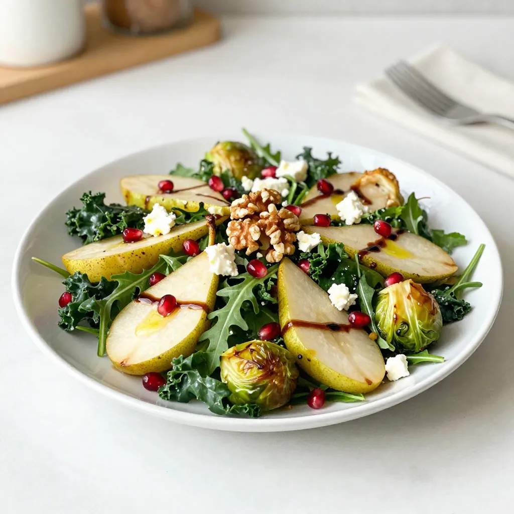 - 4 cups mixed greens (arugula, baby spinach, and kale) - 1 cup pomegranate seeds - 1 cup roasted Brussels sprouts, halved - 1 cup diced pear - ½ cup crumbled feta cheese - ¼ cup candied walnuts - 2 tablespoons olive oil - 1 tablespoon balsamic vinegar - Salt and black pepper to taste - Mixed Greens: This blend adds a fresh, crisp texture. Arugula offers a peppery bite, spinach is mild, and kale adds a hearty feel. - Pomegranate Seeds: These jewel-like seeds provide a tart sweetness and a colorful pop. They brighten the salad with flavor and look. - Brussels Sprouts: Roasting brings out their natural sweetness. They add a warm, earthy taste to the salad. - Diced Pear: Juicy and sweet, pears give a soft contrast to the crispy greens and nuts. - Feta Cheese: This creamy cheese adds a tangy flavor. It pairs well with the sweetness of the fruits. - Candied Walnuts: These nuts add crunch and sweetness. They enhance the overall taste and texture of the salad. - Olive Oil: A good quality oil adds richness and helps the dressing blend well. - Balsamic Vinegar: The aged vinegar adds depth and a slight tang to the dressing. - Baking sheet for roasting sprouts - Mixing bowl for tossing ingredients - Salad spinner or towel for drying greens - Large salad bowl for serving - Small bowl for mixing dressing - Salad tongs for tossing the salad - Knife and cutting board for chopping fruits and veggies {{ingredient_image_2}} To start, we need to roast our Brussels sprouts. First, preheat your oven to 400°F (200°C). In a bowl, toss the halved Brussels sprouts with olive oil, salt, and black pepper until they are all coated. Spread them on a baking sheet in a single layer. Roast them for 20 to 25 minutes. Look for them to be tender and slightly crispy on the edges. Once done, take them out and let them cool a bit. This step gives the sprouts a rich, caramelized flavor. While the Brussels sprouts roast, let’s prepare our mixed greens. Take 4 cups of your greens and rinse them under cold water. This step removes any dirt. After rinsing, use a salad spinner or a clean towel to dry them. Once dry, place the greens into a large salad bowl. This blend of arugula, baby spinach, and kale will be fresh and vibrant for our salad. Now, it’s time to assemble our festive salad. Start by adding the diced pears and pomegranate seeds to the bowl with the mixed greens. These ingredients add a sweet and tangy burst of flavor. Next, add the slightly cooled roasted Brussels sprouts. Their warm, earthy taste will mix perfectly with the fresh fruits. Next, sprinkle the crumbled feta cheese on top for a creamy touch. The crunchy, sweet candied walnuts will add a nice texture. For the dressing, whisk together olive oil and balsamic vinegar in a small bowl. Drizzle this mixture over the salad. Make sure to coat all the ingredients evenly. Finally, season your salad with salt and freshly ground black pepper. Use salad tongs to gently toss everything together. This step keeps the greens and fruits whole while mixing the flavors. Your festive Christmas salad is now ready to serve! To roast Brussels sprouts, start by preheating your oven to 400°F (200°C). This high heat gives them a nice crunch. Cut the sprouts in half and toss them with olive oil, salt, and pepper. Make sure every half is well-coated. Spread them out on a baking sheet in a single layer. This helps them cook evenly. Roast for about 20 to 25 minutes. Look for a golden-brown color and crispy edges. Let them cool slightly before adding to your salad. If you have leftovers, store the salad in an airtight container. Keep the dressing separate. This keeps the greens fresh and crisp. You can store the salad in the fridge for up to three days. Make sure to eat it soon for the best taste. If you need to store roasted Brussels sprouts, put them in a container too. They will last for about four days. Serve the festive salad on a large platter for a stunning display. For a fun twist, add extra pomegranate seeds and candied walnuts on top. You can also garnish with fresh herbs like rosemary or thyme. This adds a lovely aroma and extra color. Pair the salad with holiday dishes like roasted turkey or ham for a complete meal. Enjoy this vibrant dish as a centerpiece on your holiday table! Pro Tips Fresh Greens Matter: Always use the freshest mixed greens possible for the best flavor and texture in your salad. Look for vibrant colors and crisp leaves. Roast for Flavor: Ensure your Brussels sprouts are evenly coated with oil and seasoning before roasting for maximum caramelization and flavor. Layering Ingredients: When adding ingredients to your salad, layer them instead of mixing them all at once. This allows each flavor to shine through and enhances the visual appeal. Make Ahead: You can prepare the Brussels sprouts and dressing in advance. Just toss the salad together right before serving to keep the greens fresh and crisp. {{image_4}} You can enhance this salad with seasonal fruits. Try adding slices of juicy orange or tangy grapefruit. These fruits add bright flavors and a fresh twist. You might also enjoy adding dried cranberries for extra sweetness. Their chewy texture contrasts well with the crunchy nuts and greens. If you have nut allergies, you can easily swap the candied walnuts. Try using pumpkin seeds or sunflower seeds instead. They still add a nice crunch to your salad. You can also use crispy chickpeas for a protein boost while keeping it nut-free. To make this salad vegan, simply remove the feta cheese. You can replace it with avocado for creaminess. A sprinkle of nutritional yeast can add a cheesy flavor. For the dressing, ensure your balsamic vinegar is vegan-friendly. This way, the salad remains festive and delicious without any animal products. To keep your festive Christmas salad fresh, place leftovers in an airtight container. Make sure to separate the dressing if you mixed it in. This way, the greens stay crisp. I recommend eating leftovers within 2 days. After that, the greens may wilt. The flavors will fade too. Ensure you check for any signs of spoilage, like odd smells or discoloration. It’s best not to freeze the entire salad. Freezing can change the texture of the greens and fruits. However, you can freeze the roasted Brussels sprouts and candied walnuts. Just place them in freezer bags. They will stay good for up to 3 months. When ready to use, thaw them overnight in the fridge. Yes, you can make parts of the salad ahead. Prepare the Brussels sprouts and store them in the fridge. Mix the greens, pears, and pomegranate seeds in a bowl. Keep them in a separate container. Combine everything just before serving. This keeps the greens crisp and fresh. A simple olive oil and balsamic vinegar mix works great. You can also try a honey mustard dressing for sweetness. Lemon vinaigrette adds a nice zing too. Aim for dressings that balance the salad's sweet and savory flavors. To bulk up the salad, add protein-rich ingredients. Grilled chicken or chickpeas are excellent choices. You can also add quinoa or farro for extra texture. These additions will make your salad a complete meal. In this blog post, we explored the ingredients and steps for making a tasty Brussels sprouts salad. You learned about key ingredients and how to prep them. We shared tips for perfect roasting and storage. We also talked about fun variations to mix it up. This salad is versatile, fresh, and easy to make. Try it out and enjoy!