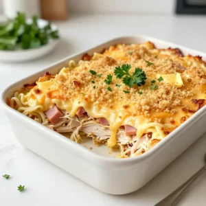 To make Chicken Cordon Bleu Casserole, you will need a few key ingredients. Here&rsquo;s what you will need: - 2 cups cooked chicken, shredded - 1 cup cooked ham, diced into small pieces - 1 cup Swiss cheese, freshly shredded - 1 cup mozzarella cheese, freshly shredded - 1 cup heavy cream - 1 cup low-sodium chicken broth - 1 teaspoon garlic powder - 1 teaspoon onion powder - 1 teaspoon dried thyme - &frac12; teaspoon freshly ground black pepper - 4 cups cooked egg noodles, drained - &frac12; cup breadcrumbs (preferably panko for extra crunch) - 2 tablespoons unsalted butter, melted These ingredients come together to create a rich and creamy dish that everyone will love. The cheese choices in this casserole are important. Swiss cheese gives a nutty flavor and melts well. Mozzarella adds stretch and creaminess. Using both cheeses creates a great balance. If you can&rsquo;t find Swiss, try Gruy&egrave;re or even provolone. Each option will still bring a delicious taste. You can easily swap out the cooked chicken and ham if needed. For chicken, you can use rotisserie chicken or turkey. If you want a meatless option, try using mushrooms or spinach. For ham, diced turkey or bacon can work well, too. These swaps keep the dish tasty while catering to your needs. {{ingredient_image_2}} First, preheat your oven to 350&deg;F (175&deg;C). This step warms the oven for even cooking. Next, take a 9x13 inch casserole dish. Grease it well with butter or cooking spray. This helps the casserole come out easily after baking. In a large bowl, add 2 cups of shredded cooked chicken. Then, toss in 1 cup of diced cooked ham. Next, add 1 cup of freshly shredded Swiss cheese and 1 cup of freshly shredded mozzarella cheese. Finally, mix in 4 cups of cooked egg noodles. Use a spatula to blend everything well. You want all the ingredients to be evenly mixed. In another bowl, whisk together 1 cup of heavy cream and 1 cup of low-sodium chicken broth. Then, add 1 teaspoon each of garlic powder and onion powder. Next, sprinkle in 1 teaspoon of dried thyme and &frac12; teaspoon of black pepper. Mix until smooth. This sauce gives your casserole a rich flavor. Pour the creamy sauce over the chicken and noodle mixture. Gently fold everything together with a spatula. Make sure every piece is coated with that creamy goodness. Now, transfer the mixture into your greased casserole dish. Spread it out evenly. Now it&rsquo;s time to add the finishing touch. In a small bowl, mix &frac12; cup of panko breadcrumbs with 2 tablespoons of melted butter. This makes a crunchy topping. Sprinkle it evenly over the casserole. Place the dish in your preheated oven and bake for 30-35 minutes. Watch for bubbly edges and a golden brown top. After baking, let it sit for 5-10 minutes. This helps it set before you serve. To keep your casserole creamy, use heavy cream. It adds richness. You can also mix in some low-sodium chicken broth. This helps balance the flavors. When you combine these liquids, whisk them well. This step prevents lumps. Make sure to coat every noodle and piece of meat. A well-mixed dish is both creamy and delicious. Freezing leftovers is simple. Allow the casserole to cool first. Then, cut it into portions. Use airtight containers or heavy-duty freezer bags. Label each bag with the date. This way, you know how long it&rsquo;s been there. Casserole lasts for about three months in the freezer. When ready to eat, thaw it overnight in the fridge. Reheat it gently in the oven for best results. Herbs and spices bring your casserole to life. I suggest using dried thyme for a warm taste. You can also add garlic and onion powder for depth. For a kick, consider a pinch of paprika or cayenne. Fresh herbs, like parsley, make a great garnish. Just chop them finely and sprinkle on top before serving. This adds color and freshness. Pro Tips Use Leftovers Wisely: This casserole is a great way to use up any leftover rotisserie chicken or ham you might have. It saves time and enhances the flavor! Cheese Variations: Feel free to experiment with different types of cheese. Gruy&egrave;re or cheddar can add a unique twist to the flavor profile of your dish. Make Ahead: You can prepare this casserole a day in advance and refrigerate it. Just bake it when you're ready to serve for a quick and easy meal! Perfectly Golden Topping: To achieve an extra crispy breadcrumb topping, broil the casserole for an additional 2-3 minutes after baking. Keep a close eye to prevent burning! {{image_4}} You can make a tasty vegetarian version of this casserole. Replace the chicken and ham with cooked mushrooms and spinach. Use a mix of hearty vegetables like zucchini or bell peppers. For added flavor, toss in some artichoke hearts. The cheese and creamy sauce will still give you that rich taste. This dish stays filling and satisfying without meat. For a gluten-free casserole, swap the egg noodles with gluten-free pasta. Check the labels for the right kind. Use gluten-free breadcrumbs on top for that nice crunch. Ensure your chicken broth and other ingredients are also gluten-free. This way, you can enjoy the dish without worry. While Swiss and mozzarella are classic choices, feel free to switch it up. Try using gouda or cheddar for a sharper taste. You can even blend in some cream cheese for extra creaminess. Mixing in different cheeses can give your casserole a new twist. Explore flavors that you love! To keep your Chicken Cordon Bleu Casserole fresh, allow it to cool first. Use an airtight container to store it. Make sure to cover it well to prevent drying out. You can also place it in the original baking dish, but cover it tightly with plastic wrap or foil. When it&rsquo;s time to eat your leftovers, preheat your oven to 350&deg;F (175&deg;C). Place the casserole in an oven-safe dish. Cover it with foil to keep moisture in. Heat for about 20 minutes or until hot. You can also microwave it, but stir it halfway through to heat evenly. In the fridge, this casserole stays good for about 3 to 4 days. For longer storage, you can freeze it. Make sure it&rsquo;s in a freezer-safe container. It will last for up to 2 to 3 months in the freezer. Just remember to label the container, so you know when it was made! Yes, you can prepare this casserole ahead of time. Just follow the steps until you assemble it. Cover the dish and store it in the fridge. When you're ready to bake, take it out and let it sit for about 30 minutes. This helps it cook evenly. Baking might take a little longer, so keep an eye on it. This casserole pairs well with many sides. Here are some great options: - Crisp side salad - Steamed broccoli or green beans - Garlic bread or dinner rolls - Roasted vegetables These sides balance the rich flavors of the casserole and add freshness to your meal. Absolutely! Rotisserie chicken works great in this recipe. It saves time and adds flavor. Just shred the chicken and mix it with the other ingredients. This is a perfect shortcut for busy days. You can enjoy a tasty meal with less effort. This post covered how to make Chicken Cordon Bleu Casserole. We discussed main ingredients like chicken, ham, and cheese options. You learned step-by-step instructions for prepping, mixing, and baking your dish. I shared tips for creamy texture and flavor boosts. Variations like vegetarian and gluten-free options make this dish flexible. Finally, I provided storage tips and answered common questions. Now you&rsquo;re ready to enjoy a tasty casserole that fits any situation. Happy cooking!