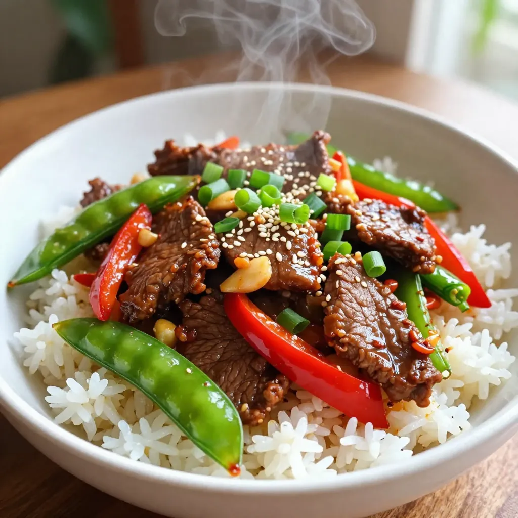 To make Spicy Beef Garlic Stir-Fry Bowls, you will need: - 1 lb (450g) flank steak, thinly sliced against the grain - 2 tablespoons cornstarch - 2 tablespoons vegetable oil - 5 cloves garlic, minced - 1-inch piece ginger, finely grated - 1 red bell pepper, sliced into thin strips - 1 green bell pepper, sliced into thin strips - 1 cup snap peas, trimmed - 3 green onions, chopped with roots removed - 3 tablespoons soy sauce - 2 tablespoons sriracha sauce (adjust to your spice level) - 1 tablespoon sesame oil - Salt and freshly ground black pepper to taste - Cooked jasmine rice or quinoa, for serving - Sesame seeds, for garnishing Feel free to customize your stir-fry with these optional ingredients: - Broccoli florets for extra crunch - Carrots, julienned for sweetness - Baby corn for added texture - Fresh basil or cilantro for a vibrant finish You can swap some ingredients if you need to: - Use chicken or tofu instead of flank steak for a different protein. - Replace soy sauce with tamari for a gluten-free option. - If you don’t have sriracha, try chili paste or hot sauce for heat. - Jasmine rice can be switched with brown rice or cauliflower rice for a healthier choice. {{ingredient_image_2}} Start with 1 pound of flank steak. Slice it thinly against the grain. This helps keep the meat tender. In a medium bowl, add 2 tablespoons of cornstarch to the beef. Toss it well until each piece is coated. This step makes the beef crispy when cooked. Set the coated beef aside while you prepare the other ingredients. Next, heat 1 tablespoon of vegetable oil in a large skillet. Use medium-high heat for best results. Once the oil shimmers, add the beef in a single layer. Cook it for about 2-3 minutes without stirring. This browns the meat nicely. Flip the beef and cook for 1 more minute. Then remove it from the skillet and set it on a plate. In the same skillet, add another tablespoon of vegetable oil. Heat it up, then add 5 minced garlic cloves and 1-inch piece of grated ginger. Stir these for about 30 seconds. This releases a wonderful aroma. Be careful not to burn them! Now it's time to add the veggies. Toss in sliced red and green bell peppers along with 1 cup of snap peas. Stir-fry these for about 3-4 minutes. You want them tender but still bright in color. This keeps the dish fresh and crunchy. Once the veggies are ready, return the cooked beef to the skillet. Mix everything well. Pour in 3 tablespoons of soy sauce, 2 tablespoons of sriracha, and 1 tablespoon of sesame oil. Stir well to combine. Cook this for another 2-3 minutes. This allows all the flavors to meld together. Taste and add salt and pepper as needed. Remove the skillet from the heat. Stir in the white parts of 3 chopped green onions for extra flavor. To serve, spoon the stir-fry over cooked jasmine rice or quinoa in bowls. Finish with the green parts of the green onions and a sprinkle of sesame seeds. Enjoy this quick and tasty meal! To make a great stir-fry, start with the right beef. Flank steak is perfect because it’s tender and flavorful. Slice it thinly against the grain. This helps it stay juicy. Coat the beef with cornstarch. This step adds crispiness and makes it tender. When cooking, keep the heat high. Use a large skillet or wok. Heat the oil until it shimmers before adding the beef. This ensures a good sear. Avoid overcrowding the pan. Cook in batches if needed. This keeps the meat from steaming. Garlic and ginger are key to great flavor. Add them to the hot oil for a burst of aroma. Stir them for just about 30 seconds. This keeps them from burning. Use fresh vegetables like bell peppers and snap peas. They add color and crunch. Don’t forget the sauce! Combining soy sauce, sriracha, and sesame oil gives a rich taste. Adjust the sriracha for your spice level. For extra depth, add a pinch of salt and pepper. One common mistake is cooking meat at low heat. This leads to tough beef. Always use high heat for a good sear. Another mistake is overcooking the veggies. They should be crisp and bright. Also, don’t skip the cornstarch coating. It’s crucial for the texture. Lastly, let the dish rest before serving. This helps flavors blend. Use colorful bowls for a great presentation. It makes the meal fun and inviting! Pro Tips Marinate the Beef: Allow the flank steak to marinate in soy sauce and ginger for at least 30 minutes before cooking. This enhances the flavor and tenderness of the meat. Use High Heat: Stir-frying requires high heat to achieve that beautiful sear on the meat and keep the vegetables crisp. Don’t be afraid to crank up the heat! Vegetable Variations: Feel free to mix and match vegetables based on your preference or what you have on hand. Broccoli, carrots, or zucchini work well in this stir-fry. Serving Suggestions: For added flavor, drizzle a bit of extra sesame oil over the stir-fry just before serving. This really elevates the dish! {{image_4}} You can easily switch out the flank steak. Chicken breast works great here. Simply slice it thinly like the beef. Tofu is a tasty option too. Press and cube firm tofu for a nice texture. Shrimp is another quick choice. Just peel and devein them before cooking. Each protein brings a unique flavor but keeps the dish's fun spirit. Feel free to mix up your veggies. Broccoli florets add a nice crunch. Carrots, thinly sliced, add sweetness. Zucchini, cut into half-moons, is another great pick. In the summer, try fresh corn or snap peas. Seasonal choices keep the dish fresh and exciting. You can also use whatever you have on hand! Adjust the spice to fit your taste. Want it milder? Use less sriracha sauce. You can add a dash of sugar to balance the heat. If you love heat, add more sriracha or some red pepper flakes. Always taste as you go. This way, you create a stir-fry that suits you perfectly. To store leftovers, first let the stir-fry cool down. Place it in an airtight container. This helps keep the flavors fresh. Store it in the fridge for up to three days. Make sure to keep the rice or quinoa separate if possible. This way, they won’t get mushy. When you're ready to eat, reheating is simple. You can use a microwave or a skillet. For the microwave, put the stir-fry in a bowl and cover it. Heat it in 30-second bursts until hot. If using a skillet, add a splash of water and stir over medium heat. This keeps everything moist and tasty. You can freeze your stir-fry too! Use a freezer-safe container or bag. Make sure to remove as much air as you can. It will last up to three months in the freezer. When you want to eat it, thaw it in the fridge overnight. Reheat it as mentioned above for the best taste. You can serve this dish with jasmine rice or quinoa. Both options soak up the sauce well. You might also enjoy a side of steamed broccoli or a fresh salad. These sides add color and crunch. Consider adding pickled vegetables for a tangy twist. Yes, you can make this dish gluten-free. Use gluten-free soy sauce instead of regular soy sauce. Make sure to check labels on sriracha and other sauces. Most brands offer gluten-free options. Enjoy a tasty meal without gluten! The total time for this recipe is about 25 minutes. You will spend 15 minutes prepping the ingredients. The cooking time takes about 10 minutes. It’s quick, perfect for busy weeknights! You can prepare some parts ahead of time. Slice the beef and chop the veggies a few hours before cooking. Store them in the fridge to keep them fresh. Just stir-fry them when you're ready to eat. This saves time and keeps the meal quick. If you don’t have sriracha, try using chili paste or hot sauce. You can also use a mix of red pepper flakes and soy sauce for flavor. Adjust the amount based on your spice level. Enjoy experimenting with different sauces! In this blog post, we explored essential ingredients and optional ones for your stir-fry. I shared step-by-step instructions for preparing beef and vegetables while avoiding common mistakes. We discussed variations to suit your taste and how to store leftovers. Keep these tips in mind to create tasty meals. Remember, with a few tweaks, you can make this dish your own. Enjoy your cooking!