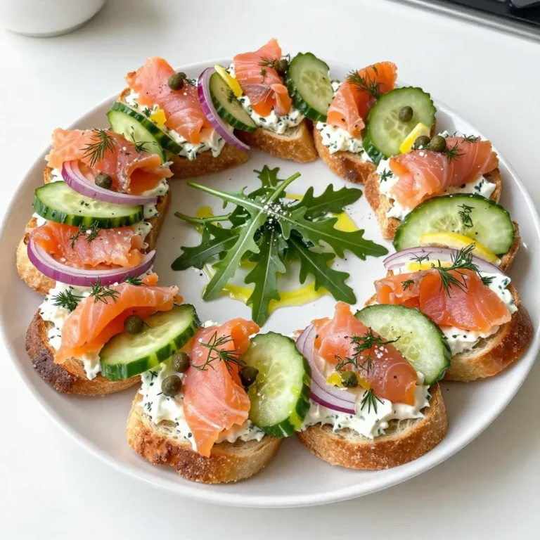 - 1 baguette, sliced into 1/2-inch rounds - 8 oz cream cheese, softened at room temperature - 8 oz smoked salmon, cut into bite-sized pieces - 1 tablespoon fresh dill, finely chopped - 1 tablespoon capers, rinsed and minced - 1 teaspoon lemon zest (from about half a lemon) - 1/2 red onion, thinly sliced - 1 cucumber, thinly sliced - Fresh arugula (for garnish) The main ingredients make this dish shine. The baguette provides a crispy base. Cream cheese adds a rich, smooth layer. Smoked salmon brings a savory bite that elevates the whole dish. For seasoning and garnish, fresh dill adds a bright touch. Capers give a pop of briny flavor. Lemon zest brings a hint of citrus that brightens everything up. The accompaniments are just as important. Red onion adds crunch and sharpness. Cucumber brings refreshing coolness. Fresh arugula adds color and a peppery bite, making your wreath look festive and inviting. Each ingredient plays a role in making this smoked salmon bruschetta wreath a delightful treat. When you combine these flavors, you create a dish that is both beautiful and delicious. {{ingredient_image_2}} - Preheat the oven to 400°F (200°C). - Prepare the baguette slices by cutting them into 1/2-inch rounds. Start by laying the baguette slices flat on a large baking sheet. This setup will make your work easier when it’s time to bake. - Brush with olive oil. - Bake until golden brown. Next, take a brush and lightly coat each slice with extra virgin olive oil. This step adds flavor and helps with crispness. Sprinkle a tiny pinch of salt over the slices to enhance their taste. Place the baking sheet in the preheated oven and bake for about 5 to 7 minutes. Keep an eye on them until they turn a lovely golden brown. Once they are done, take them out and let them cool just a bit. - Combine cream cheese, dill, capers, and lemon zest. - Mix until smooth. In a medium bowl, combine the softened cream cheese, finely chopped dill, rinsed and minced capers, and the zest of half a lemon. Use a spatula or a spoon to mix these ingredients well until the mixture is smooth and creamy. This mixture will provide a rich base for your bruschetta. - Spread the cream cheese mixture on baguette slices. - Layer with smoked salmon, onion, and cucumber. Now comes the fun part—assembling the wreath! Take each toasted baguette slice and spread a generous layer of your cream cheese mixture on top. Make sure to cover each slice evenly. Next, take your bite-sized pieces of smoked salmon and layer them on half of the bruschetta. Distribute them evenly for balanced flavor. Add a few slices of red onion and cucumber on top for a nice crunch and freshness. To create the festive wreath shape, arrange the bruschetta in a circular formation on a large platter. Interleave with cream cheese-only slices for a visual treat. Finally, add a handful of fresh arugula in the center of the wreath for a pop of color. Drizzle a bit of olive oil and finish with salt and pepper to taste. Enjoy your beautiful, festive creation! To get the best baguette, timing is key. I bake mine for just 5-7 minutes. This time lets the slices crisp up without burning. Watch closely! When they turn golden brown, it’s time to take them out. For the right texture, make sure to brush each slice with olive oil. This step adds flavor and helps them become crispy. The oil creates a lovely crust that holds the toppings well. I love to play with flavors. Try adding herbs like chives or basil. These herbs can bring a fresh twist to the dish. You can also sprinkle some smoked paprika for a bit of heat. If you want more toppings, consider adding avocado or a slice of radish. These add a creamy or crunchy bite. Mixing flavors keeps each bite exciting. Presentation matters, especially for festive occasions. I like to arrange the bruschetta in a circular wreath shape. It looks beautiful and inviting. For garnishing, add fresh arugula in the center. It brings color and freshness. You can also place lemon wedges around the platter. This adds a pop of yellow and gives guests a tangy option. Remember, a well-presented dish makes a lasting impression! Pro Tips Choose Fresh Ingredients: Use the freshest smoked salmon and herbs you can find to enhance the flavors of your bruschetta. Perfectly Toasted Bread: Keep an eye on the baguette slices while they bake to ensure they don’t burn; golden brown is the goal! Layering for Balance: Distribute the toppings evenly across each bruschetta to ensure every bite is packed with flavor. Make Ahead: Prepare the cream cheese mixture in advance and store it in the fridge. Assemble the bruschetta just before serving for the best texture. {{image_4}} If you need a gluten-free option, look for gluten-free baguettes. Many brands offer tasty choices. You can also use rice cakes or corn tortillas. These will hold up well under the toppings. For vegan alternatives, swap the cream cheese for a nut-based spread. Cashew cream or store-bought vegan cream cheese works great. You can also use hummus for a fresh twist. Instead of smoked salmon, try marinated tofu or roasted vegetables. These will add flavor and texture. Seasonal ingredients can make your wreath unique. In spring, add thinly sliced radishes and fresh herbs like basil. In fall, consider using apple slices and walnuts for crunch. For winter holidays, pomegranate seeds add color and sweetness. You can even use cranberries for a festive touch. For a holiday variation, serve with lemon wedges and sprigs of rosemary. This not only looks pretty but also adds a lovely aroma. You can also mix in seasonal cheeses, like goat cheese or feta, for added flavor. There are many types of smoked fish you can explore. Try trout or mackerel for a different taste. Each fish brings a unique flavor, enhancing your dish. You can also use smoked tofu for a plant-based option. For spreads, try flavored cream cheeses or pesto. A dill or garlic cream cheese can elevate the taste. You can even add a spicy element with a sriracha cream cheese. These alternatives can add depth and variety to your wreath. To keep your smoked salmon bruschetta fresh, store leftovers in an airtight container. Place the bruschetta in the fridge. If you have leftover cream cheese, store it separately. This helps maintain the texture of the bread. For the best taste, consume leftovers within two days. To refresh baguette slices before serving, preheat your oven to 350°F (175°C). Place the slices on a baking sheet and warm them for about 5 minutes. This will crisp them up nicely again. You can also brush on a little olive oil for extra flavor. You can prepare components of the bruschetta in advance. Make the cream cheese mixture a day before and store it in the fridge. Slice the baguette and veggies ahead of time, too. Store them in separate containers to keep them fresh. Assemble the wreath just before serving. This keeps the bread from getting soggy and helps maintain its crunch. Layer the cream cheese, smoked salmon, and veggies right before your guests arrive. Enjoy the fresh taste and festive look! The Smoked Salmon Bruschetta Wreath tastes best when fresh. It stays good for about 1-2 days in the fridge. After that, the baguette may get soggy. Store it in an airtight container to keep it fresh as long as possible. Yes, you can prepare some parts ahead of time. You can bake the baguette slices and store them. Keep them in a sealed bag at room temperature. You can also mix the cream cheese, dill, capers, and lemon zest in advance. Just spread the mixture on the baguette slices and add the toppings just before serving. This helps keep everything fresh and tasty. If you want a change, you can use other proteins. Try smoked trout or grilled chicken. For a vegetarian option, you can use roasted red peppers or marinated artichokes. These toppings still give you great flavor and fit well on the bruschetta. This blog post covered a simple recipe for a smoked salmon bruschetta wreath. We explored key ingredients like baguettes, cream cheese, and smoked salmon. You learned steps to prepare, bake, and assemble the dish. Tips and variations provided ideas for flavor and dietary needs. To finish, this wreath is perfect for any gathering. It offers flexibility in ingredients and presentation. Don’t be afraid to experiment and enjoy your creation!