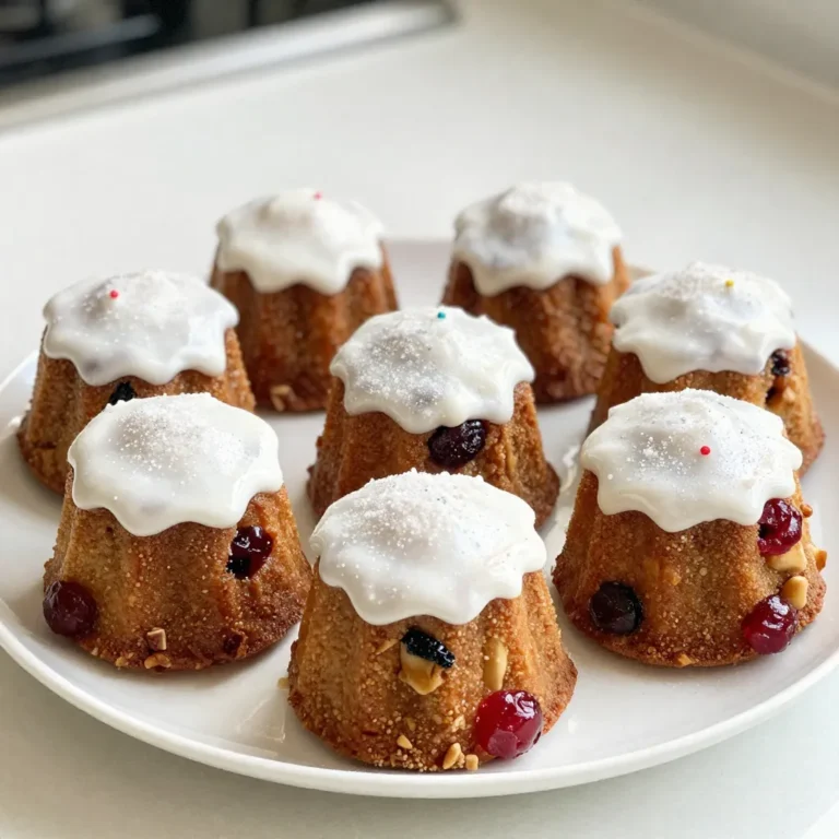 To make Mary Berry's mini Christmas cakes, gather these ingredients: - Mixed dried fruit: 200g of raisins, currants, and chopped dates - Glacé cherries and nuts: 100g halved glacé cherries, 100g chopped walnuts and almonds - Butter and sugar: 150g unsalted butter, 150g brown sugar - Dry ingredients: 175g plain flour, 1 tsp baking powder, 1 tsp ground cinnamon, 1/2 tsp ground nutmeg - Additional flavors: Zest of 1 lemon - Toppings: 100g marzipan, 100g ready-to-roll icing, optional edible glitter These ingredients bring together rich flavors. The dried fruit adds sweetness and texture. The combined nuts give a nice crunch. The spices create warmth, making these cakes festive. The lemon zest brightens the overall taste. The marzipan and icing finish each cake with a smooth touch. You can even add glitter for a magical sparkle! Now that you have the ingredients, you’ll be ready to create tasty mini cakes that shine at any holiday gathering. {{ingredient_image_2}} First, preheat your oven to 150°C (300°F). This low heat helps the cakes cook through evenly. Next, prepare a muffin tin by placing 12 cupcake liners inside. This step keeps the cakes from sticking. In a large mixing bowl, cream 150g of softened unsalted butter with 150g of brown sugar. Use an electric mixer for about 3-5 minutes. You want the mix to be light and fluffy. This step adds air to the batter, making the cakes soft. Now, add in 3 large eggs, one at a time. Beat each egg well before adding the next. This keeps the mixture smooth and helps it rise better. Next, sift in 175g of plain flour, 1 tsp of baking powder, 1 tsp of ground cinnamon, and 1/2 tsp of ground nutmeg. Gently fold these dry ingredients into the batter using a spatula. Be careful not to overmix, as this can make the cakes tough. Time to add the fun! Mix in 200g of mixed dried fruit, 100g of halved glacé cherries, and 100g of roughly chopped mixed nuts. Finally, add the zest of 1 lemon for extra flavor. Stir gently until everything is evenly mixed. Using a spoon or an ice cream scoop, fill each cupcake liner with the batter. Aim to leave about a quarter of space at the top. This allows the cakes to rise nicely. Bake your mini cakes for about 25-30 minutes. To check if they’re done, insert a skewer into the center of one. If it comes out clean, they’re ready. Once baked, let the cakes cool in the tin for about 10 minutes. After that, transfer them to a wire rack to cool completely. This helps prevent sogginess and allows air to circulate. When the cakes are cool, it is time to decorate! Take a thin layer of marzipan (about 100g), and carefully place it on each mini cake. Smooth it out so it sticks well. Next, add a layer of ready-to-roll icing (100g) on top. Make sure it is smooth on both the top and sides. For a festive touch, sprinkle on some edible glitter. This adds a charming sparkle and makes the cakes look extra special! To get light and fluffy mini cakes, avoid overmixing the batter. Once you add flour, mix just enough to blend. Overmixing can lead to tough cakes. Use room temperature eggs and butter. This helps the ingredients blend well and makes a better texture. Check if the cakes are done by inserting a skewer into the center. If it comes out clean, they are ready. Avoid opening the oven door too soon, as this can cause the cakes to sink. Also, make sure to bake them at the right temperature for even cooking. For a festive look, arrange your mini cakes on a decorative platter. You can add seasonal touches like holly or cinnamon sticks around them. A little edible glitter on top adds charm and sparkle. It makes your cakes look inviting and festive! Pro Tips Ensure Room Temperature Ingredients: Make sure your eggs and butter are at room temperature before starting. This helps create a smoother batter and better texture in your cakes. Use Quality Dried Fruits: Opt for high-quality mixed dried fruits and nuts for the best flavor. This will enhance the overall taste of your mini cakes. Check for Doneness: To ensure your cakes are perfectly baked, use a skewer to check for doneness. If it comes out clean, the cakes are ready! Decorate with Care: When applying marzipan and icing, take your time to ensure a smooth finish. This not only looks professional but also enhances the overall presentation. {{image_4}} You can switch up the dried fruits in your mini cakes. Try apricots, figs, or cranberries for a new twist. Each fruit adds its own flavor and texture. You can also mix different nuts. Pecans or hazelnuts can bring a unique crunch. For flavor enhancements, consider adding spices like ginger or cloves. A splash of orange juice or zest can brighten the taste. You can even add a bit of brandy or rum for a festive kick. Customizing the icing on your cakes can be a fun way to express your creativity. Use cookie cutters to make festive shapes like stars or trees from the icing. You can also pipe designs with colored icing for a personal touch. For special occasions, think about themed decorations. Add edible flowers for spring, or chocolate snowflakes for winter. Seasonal sprinkles can make your cakes pop with color and festivity. If you want a lighter cake, you can substitute some ingredients. Use whole wheat flour instead of plain flour for added fiber. Also, try replacing the butter with unsweetened applesauce. This keeps the cake moist while cutting calories. For sugar alternatives, consider using honey or maple syrup. These can add a natural sweetness without refined sugar. Just remember to adjust the liquid ingredients in your recipe. To keep your mini cakes fresh, you should store them in a cool, dry place. Use an airtight container to prevent them from drying out. Wrap each cake in plastic wrap to seal in moisture. This way, your cakes stay soft and tasty. For long-term storage, consider using a tin or a plastic container. Ensure it seals tightly. This method protects the cakes from air and light. Both factors can lead to a stale texture. Freezing is a great option for preserving mini cakes. First, let the cakes cool completely. Wrap each cake in plastic wrap, then place them in a freezer bag. Squeeze out excess air to prevent freezer burn. When you're ready to enjoy them, move the cakes to the fridge overnight. This method allows them to thaw slowly. If you need them fast, you can thaw them at room temperature. Mini cakes can last up to three months in the freezer. After that, their flavor and texture may decline. Can I make these cakes ahead of time? Yes, you can make these cakes a week in advance. Just bake them and let them cool. Wrap each cake in plastic wrap to keep them fresh. Store them in a cool, dry place. This helps the flavors blend well. What can I substitute for marzipan? If you need a substitute for marzipan, use almond paste. It has a similar texture and flavor. You can also use fondant for a smooth finish. If you want a nut-free option, try using a thin layer of buttercream instead. How should I store any leftover cakes? To store leftover cakes, place them in an airtight container. This keeps them moist and fresh. You can also wrap them in plastic wrap. Store them at room temperature for up to five days. What is the best way to freeze these cakes? Freezing mini cakes is easy. Wrap each cake tightly in plastic wrap and then in foil. This prevents freezer burn. They last up to three months in the freezer. To thaw, move them to the fridge overnight before serving. Can I use different nuts or fruits? Absolutely! Feel free to swap in your favorite nuts or dried fruits. Pecans, hazelnuts, or even dried apricots work well. Just make sure to keep the total weight the same for balance. How do I make mini cakes look more festive? Make your mini cakes pop with color! Use bright icing and fun edible decorations. You can add sprinkles or stars for a cheerful touch. A few fresh berries or a sprig of rosemary can add charm, too! This post covered everything you need to bake delightful mini Christmas cakes. From essential ingredients to step-by-step methods, every detail was included. You learned how to mix, bake, and beautifully decorate these tasty treats. Remember, feel free to swap ingredients or tailor decorations to fit your style. Enjoy the process, and don’t worry if they aren’t perfect. With practice, your mini cakes can become a cherished tradition. Happy baking!
