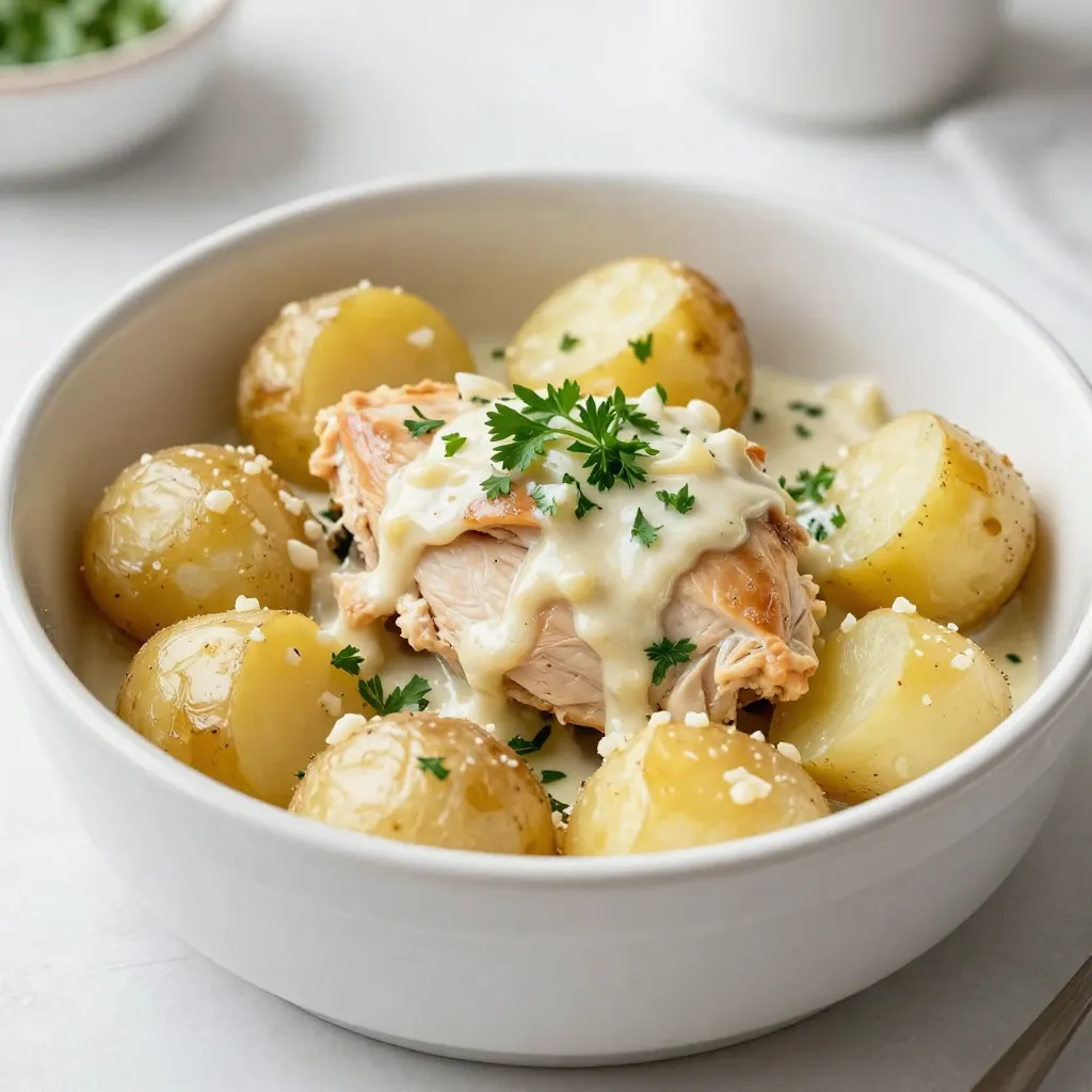 Here’s what you need for Crockpot Garlic Parmesan Chicken & Potatoes: - Chicken: 4 boneless, skinless chicken breasts - Baby Potatoes: 1 lb, halved - Sauce Components: 1 cup heavy cream, 1 cup grated Parmesan cheese - Seasoning: 5 cloves garlic, minced, 1 teaspoon Italian seasoning, 1 teaspoon onion powder, ½ teaspoon black pepper, salt to taste - Garnish: 2 tablespoons fresh parsley, chopped These ingredients create a creamy and rich dish. The chicken stays tender, while the potatoes soak up the flavor. The garlic and Parmesan add a nice touch. Each bite is full of taste. {{ingredient_image_2}} - Rinse and halve baby potatoes. - Season chicken breasts with salt and pepper. First, wash the baby potatoes under cool water. This removes any dirt or grit. Then, cut each potato in half. The halves should be similar in size for even cooking. Next, take your chicken breasts and pat them dry. This helps the seasoning stick. Sprinkle salt and pepper on both sides. This simple step adds a lot of flavor. - Arrange halved potatoes at the bottom. - Place seasoned chicken on top. Now it’s time to layer! Place the halved potatoes evenly at the bottom of your crockpot. This creates a nice base. Next, lay the seasoned chicken breasts on top of the potatoes. Make sure they are in a single layer. This helps the chicken cook evenly. - Whisk together heavy cream, Parmesan, garlic, Italian seasoning, and onion powder. In a mixing bowl, whisk together the heavy cream and grated Parmesan cheese. Add in the minced garlic, Italian seasoning, and onion powder. Mix until the sauce is smooth. This creamy sauce will add richness to the dish. - Pour sauce over chicken and potatoes. - Set crockpot to low for 6-7 hours or high for 3-4 hours. Carefully pour the garlic Parmesan sauce over the chicken and potatoes. Make sure everything is coated well. Now, secure the lid on the crockpot. Set it to low for 6-7 hours or high for 3-4 hours. The chicken will be tender, and the potatoes will be soft. - Stir mixture after cooking. - Garnish with fresh parsley before serving. Once cooking time is up, gently stir everything together. This helps all the flavors mix well. To add color and freshness, sprinkle chopped parsley on top right before serving. Enjoy your meal! To boost the taste, you can switch up the seasonings. Try adding smoked paprika for a smoky kick. You can also mix in some fresh herbs like thyme or rosemary for a fresh touch. For creaminess, don't skimp on the heavy cream. You can add a little more if you like it richer. Mixing in a splash of lemon juice at the end can brighten the dish. Crockpot cooking is simple but needs care. Make sure to layer your ingredients well. Place potatoes at the bottom; they take longer to cook. Always check for doneness. Chicken should read 165°F on a meat thermometer. Potatoes should pierce easily with a fork. If they are not done, let them cook a bit longer with the lid on. For sides, steamed green beans or a fresh salad pair well with this dish. The bright colors make a good contrast and add freshness. To present your meal nicely, use a large serving platter. Spoon the chicken and potatoes in the center and sprinkle with parsley. This adds color and makes it look gourmet. Enjoy your meal with a nice piece of crusty bread to soak up the tasty sauce! Pro Tips Tip Title: Properly Season Your Chicken: Ensure you season your chicken breasts thoroughly with salt and pepper to enhance the overall flavor of the dish. Tip Title: Use Fresh Garlic: Freshly minced garlic will provide a stronger and fresher flavor compared to pre-minced or powdered garlic. Tip Title: Adjust Cooking Time: Check the internal temperature of the chicken; it should reach 165°F for optimal safety and tenderness. Tip Title: Add Vegetables: Consider adding vegetables like spinach or bell peppers during the last hour of cooking for extra flavor and nutrition. {{image_4}} You can easily switch this dish to a vegetarian delight. Substitute the chicken with tofu or mushrooms. Tofu works great when it's pressed and cubed. Mushrooms add a rich, earthy flavor. Both options soak up the tasty sauce well. This keeps the creamy texture while making it plant-based. Want to spice things up? Add paprika or cayenne pepper for some heat. A teaspoon of either will transform the dish. You can also mix in vegetables like carrots or green beans. These veggies not only add color but also boost nutrition. Just chop them into bite-sized pieces for even cooking. If you need gluten-free options, use cornstarch in the sauce. This thickens it without any wheat ingredients. For a dairy-free version, swap heavy cream with coconut milk. Use nutritional yeast instead of Parmesan for a cheesy flavor. These simple changes make the dish fit various diets while keeping it delicious. To store leftovers safely, let the dish cool first. Place it in an airtight container. Make sure to keep it in the fridge. It will stay fresh for about 3 to 4 days. When you reheat it, make sure it is hot all the way through. This keeps the flavors great and ensures food safety. For freezing, let the dish cool completely before packing. Use a freezer-safe container or bag. This way, it can last for up to 3 months. When you want to eat it, take it out of the freezer and place it in the fridge overnight. This helps it thaw slowly. To reheat, warm it in a pot on the stove or in the microwave. Make sure it is hot all the way through to enjoy it fully. It takes about 6 to 7 hours on low heat or 3 to 4 hours on high heat. The chicken should be fully cooked, and the potatoes should be tender. Use a fork to check the doneness of the potatoes; they should pierce easily. This long cook time allows the flavors to meld and the chicken to become juicy. Yes, you can use frozen chicken in this recipe. Just note that cooking time may increase. If you use frozen chicken, cook it on high heat for around 4 to 5 hours. Ensure the chicken reaches an internal temperature of 165°F for safety. This dish pairs well with many sides. Here are some great options: - Steamed broccoli - Garlic bread - Crisp green salad - Roasted vegetables These sides balance the creamy chicken and potatoes well. You can prepare the ingredients ahead of time. Cut the potatoes and season the chicken the night before. Store them in the fridge. When you are ready, layer them in the crockpot. Set the timer, and let it cook. This makes dinner easy and stress-free. In this article, we explored a simple, tasty recipe for Crockpot Garlic Parmesan Chicken and Potatoes. You learned about the key ingredients, easy steps, and tips for enhancing flavor. The cooking process takes just a few minutes of prep, with delicious results after hours in the crockpot. Whether you choose a vegetarian option or make adaptations for dietary needs, this dish is flexible. It's perfect for busy nights and leftovers. Enjoy this meal with friends and family to create happy moments around the table!