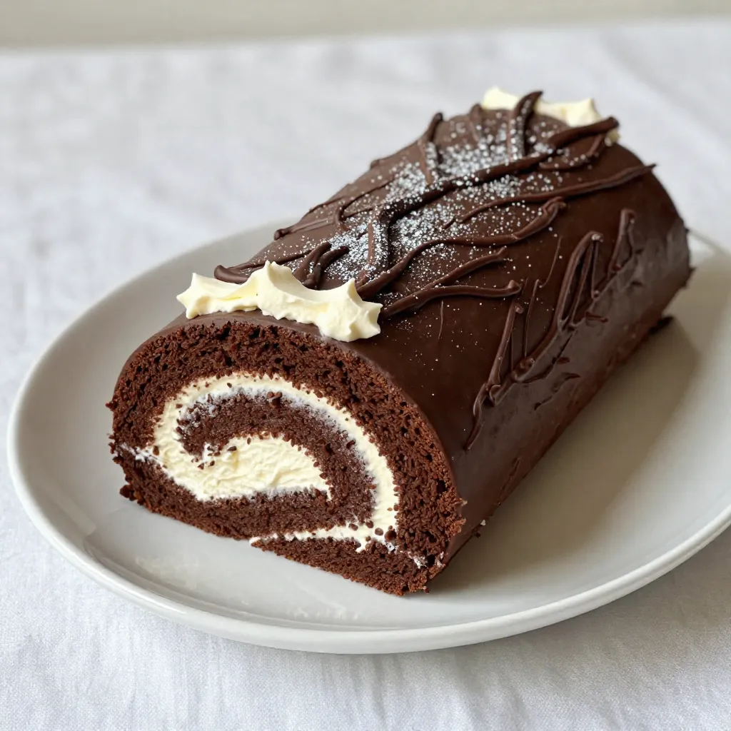 To make a delightful Chocolate Yule Log, you will need the following ingredients: - Eggs: 4 large eggs give the cake its rich texture. - Sugar: 100g granulated sugar adds sweetness and helps with the cake's rise. - Flour: 100g all-purpose flour forms the cake's base. - Cocoa Powder: 30g unsweetened cocoa powder intensifies the chocolate flavor. - Baking Powder: 1 teaspoon baking powder helps the cake rise. - Salt: 1/4 teaspoon salt balances the sweetness. - Water: 50ml water keeps the batter moist. - Melted Dark Chocolate: 100g melted dark chocolate adds depth to the flavor. - Heavy Cream: 200ml heavy cream is whipped for the filling. - Icing Sugar: 50g icing sugar sweetens the whipped cream. - Vanilla Extract: 1 teaspoon vanilla extract enhances the flavor. - Optional Decorations: Edible glitter can add a festive touch. These ingredients work together to create a moist, flavorful cake that will impress your guests. Each component plays a vital role, making sure your Yule Log is a holiday hit. When you gather these items, remember fresh ingredients lead to the best results. Enjoy the process of creating this festive dessert! {{ingredient_image_2}} Set your oven to 180°C (350°F). This is the perfect heat for baking. Line a baking sheet, about 25x38 cm, with parchment paper. Let the edges hang over the sides. This helps with easy removal later. In a large bowl, take 4 large eggs and 100g of sugar. Whisk them together for about 5 minutes. You want the mix to look light and creamy. Next, sift 100g of flour, 30g of cocoa powder, 1 teaspoon of baking powder, and 1/4 teaspoon of salt into the egg mixture. Gently fold the dry ingredients in with a spatula until just combined. Pour the batter onto your prepared baking sheet. Spread the batter evenly. Bake for 12-15 minutes. The cake is done when it springs back lightly when touched. Remove it from the oven and let it cool in the pan for about 5 minutes. Carefully lift the cake using the parchment paper and transfer it to a cooling rack to cool completely. While your cake cools, prepare the filling. In a bowl, add 200ml of heavy cream. Use a hand mixer to whip it until you see soft peaks. Add 50g of icing sugar and 1 teaspoon of vanilla extract. Continue whipping until you get stiff peaks. This will be your delicious filling! Take the cooled cake and place it on a large piece of parchment paper. Spread a layer of whipped cream evenly over the cake, leaving a small edge on all sides. Start rolling the cake from one of the short ends. Use the parchment paper to help with the rolling. Be gentle but firm to avoid cracks. Once rolled, wrap the log in the parchment paper and chill it in the fridge for at least 30 minutes. If you want more frosting, whip some extra cream. Unwrap the log and cover the outside with whipped cream. To create a log effect, use a fork to make ridges in the frosting. If you like, sprinkle some edible glitter on top for a festive touch. To roll your cake without cracks, follow these steps: - Cool the cake slightly: Let it cool for about five minutes. This helps it stay soft. - Use parchment paper: Roll the cake in the paper it baked on. This makes it easier. - Start at the short end: Begin rolling from one of the short sides. This keeps the log tight. - Roll gently but firmly: Apply even pressure as you roll. This helps prevent breaks. - Wrap it up: After rolling, wrap the log in the parchment paper. Chill it to set the shape. To whip cream that holds its shape, try these tips: - Use cold tools: Chill your bowl and beaters before whipping. Cold helps the cream whip better. - Start slow: Begin whipping on low speed, then increase to medium. This gives a stable texture. - Watch for peaks: Whip until soft peaks form, then add icing sugar and vanilla. Keep whipping to stiff peaks. - Don’t overwhip: Stop when it's thick and fluffy. Overwhipping makes it grainy. Dress up your Yule Log with these fun ideas: - Bark effect: Use a fork to create lines in the frosting. This mimics tree bark. - Edible glitter: Sprinkle edible glitter for a festive touch. It adds sparkle to your log. - Fresh fruits: Add berries or mint leaves on the side for color and flavor. - Cocoa dusting: Dust cocoa powder on top for a rustic look. It adds depth to the design. Pro Tips Use Room Temperature Eggs: For better volume and texture, ensure your eggs are at room temperature before whipping them with sugar. Don't Overmix the Batter: Gently fold the dry ingredients into the wet ingredients to maintain the light and airy texture of the cake. Chill the Yule Log: After rolling, chilling the log helps it maintain its shape and makes it easier to cut when serving. Create a Rustic Look: Use a fork to create bark-like textures on the frosting for a more authentic Yule log appearance. {{image_4}} You can change the filling for your Yule Log to mix things up. Instead of just whipped cream, try adding fresh fruit. Sliced strawberries or raspberries offer a bright, juicy contrast. You could also use flavored creams, like coffee or vanilla. Simply add a few drops of your favorite flavoring to the whipped cream. This keeps your dessert exciting and unique. If you need a gluten-free Yule Log, some easy swaps exist. Use gluten-free flour instead of regular flour. Make sure it has a similar texture to all-purpose flour. You can also add an extra egg for more structure. This helps the cake stay moist and fluffy. Always check your baking powder to ensure it’s gluten-free, too. For a non-dairy Yule Log, swap out the heavy cream with coconut cream. Chill it first so it whips well. You can also use almond milk or oat milk in the cake batter. This keeps the cake moist while making it dairy-free. Look for dairy-free chocolate for the melted chocolate part. This way, everyone can enjoy this festive treat! To keep your Chocolate Yule Log fresh, wrap it tightly in plastic wrap. This helps to lock in moisture and flavor. Place it in an airtight container if you have one. Store it in the fridge. This way, it stays cool and tasty for your next dessert craving. You can freeze your Yule Log if you want to save some for later. First, wrap it well in plastic wrap. Then, place it in a freezer bag or an airtight container. When you want to enjoy it, take it out and let it thaw in the fridge overnight. This keeps it from getting soggy. Your Yule Log will last about 3 to 5 days in the fridge. After that, it may lose some of its great taste and texture. If you freeze it, it can last up to 2 months. Just remember to check for freshness before serving! A Chocolate Yule Log is a festive dessert that looks like a tree log. It is made from a light sponge cake rolled with rich cream. This cake is often enjoyed during the holiday season, symbolizing warmth and joy. The Yule Log has roots in ancient traditions where people used to burn a log in the fireplace. Today, we celebrate with a sweet twist! Yes, you can make a Yule Log ahead of time. You can bake the cake and store it in the fridge for up to three days. If you want it to last longer, wrap it well and freeze it. Just thaw it in the fridge before you serve. This way, you will save time on busy days. One common mistake is overmixing the batter. This can make the cake dense and tough. Another mistake is not cooling the cake enough before rolling. If it’s too warm, it may crack. Also, be careful when rolling the cake; start at one end and roll gently to avoid breaks. Following these tips will help you create a perfect Yule Log! In this blog post, we covered the ingredients and steps to create a Chocolate Yule Log. We explored tips for success, tasty variations, and how to store leftovers efficiently. This dessert may seem complex, but with patience and practice, you can master it. Remember to enjoy the process and get creative with decorations. Baking can be fun and rewarding, so don't hesitate to try new ideas. With these guidelines, I believe you’ll impress your family and friends with your Yule Log this season. Happy baking!