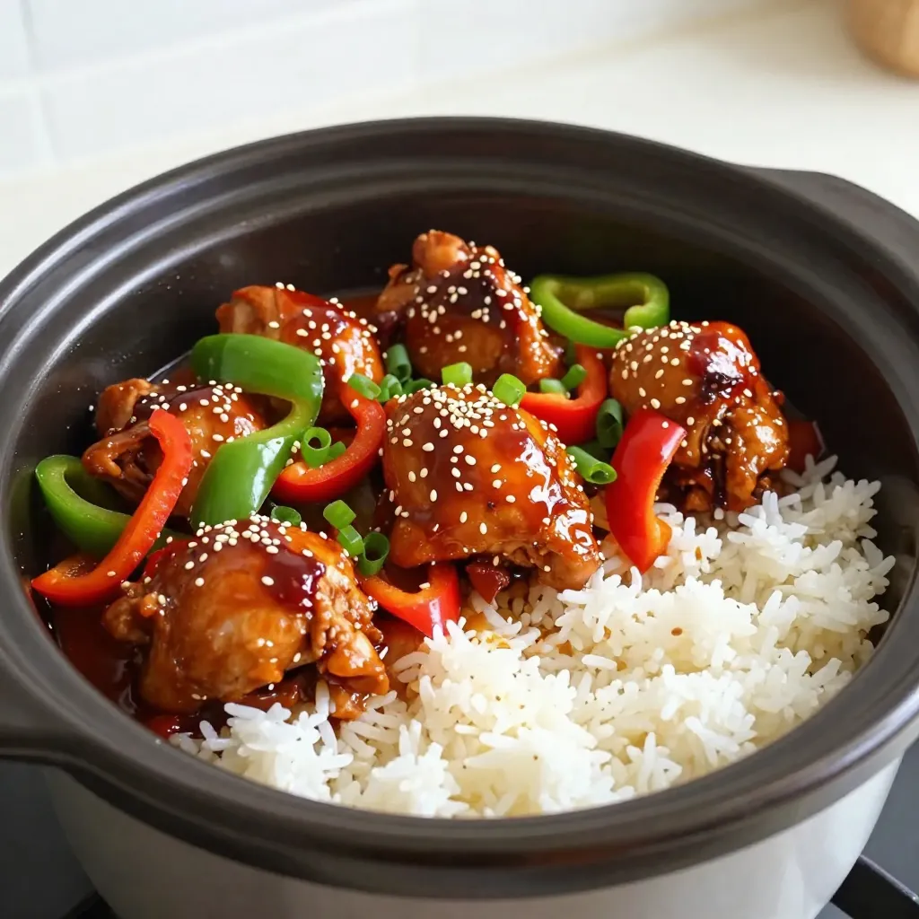 For this dish, you will need the following main ingredients: - 2 lbs boneless, skinless chicken thighs - 1 cup sweet chili sauce - 1/4 cup low-sodium soy sauce - 3 cloves garlic, minced - 1 tablespoon freshly grated ginger - 1 tablespoon rice vinegar - 1 tablespoon sesame oil - 1 red bell pepper, thinly sliced - 1 green bell pepper, thinly sliced - 1 large onion, thinly sliced The sauce blends sweet and savory flavors: - 1 cup sweet chili sauce adds sweetness. - 1/4 cup low-sodium soy sauce gives saltiness. - Fresh garlic and ginger boost the taste. - Rice vinegar adds a tangy kick. - Sesame oil brings a nutty aroma. You can make your meal look great with these garnishes: - 2 green onions, chopped for freshness. - A sprinkle of sesame seeds for crunch. Serve this sweet chili chicken over steamed jasmine rice or quinoa. It adds nutrition and a nice texture. The bright green onions and sesame seeds provide a lovely finish. Enjoy how this dish tastes and looks! {{ingredient_image_2}} Start by cutting the chicken thighs into bite-sized chunks. This helps them cook evenly and makes serving easy. Next, season the chicken pieces with salt and freshly ground black pepper. This simple step enhances the flavor of the chicken, making it taste even better. In a medium bowl, whisk together the sweet chili sauce, low-sodium soy sauce, minced garlic, freshly grated ginger, rice vinegar, and sesame oil. Mix until the sauce is smooth and all ingredients are well combined. This sauce adds a sweet and spicy kick to the chicken. Place the seasoned chicken pieces into the slow cooker. Pour the sauce mixture over the chicken, making sure each piece is well coated. Gently stir to spread the sauce evenly. Layer the sliced red and green bell peppers, along with the sliced onion, on top of the chicken. These veggies will add flavor as they cook. Cover the slow cooker and set it to cook on low for 6-7 hours or on high for 3-4 hours. The chicken should be tender and reach an internal temperature of 165°F (74°C). When the cooking time is done, use two forks to shred the chicken right in the slow cooker. Mix it well with the sauce and vegetables. This creates a delicious, cohesive dish. Taste it and adjust the seasoning if needed. Serve the sweet chili chicken over steamed jasmine rice or quinoa. Garnish with freshly chopped green onions and a sprinkle of sesame seeds for a pop of color. Enjoy this flavorful dinner with family and friends! I find using a slow cooker gives the best results for sweet chili chicken. If you set it to low, cook for 6-7 hours. On high, you only need 3-4 hours. You want the chicken to reach 165°F. This makes sure the meat is tender and juicy. To boost the taste, consider adding some fresh herbs. Chopped cilantro or basil can give a fresh lift. You can also add more garlic or a dash of lime juice for a zesty kick. Mixing in a few crushed red pepper flakes can add some heat if you like spice. Once your sweet chili chicken cools, place it in an airtight container. It stays fresh in the fridge for 3-4 days. If you want to keep it longer, freeze it for up to three months. Just make sure to thaw it in the fridge before reheating. This way, your meal stays tasty and safe to eat. Pro Tips Marinate for Extra Flavor: For an even deeper flavor, consider marinating the chicken in the sweet chili sauce mixture for a few hours or overnight before cooking. This allows the flavors to penetrate the meat more thoroughly. Vegetable Variations: Feel free to add other vegetables like broccoli, snap peas, or carrots for added nutrition and color. Just make sure to cut them into similar sizes for even cooking. Serving Suggestions: This dish pairs beautifully with jasmine rice, but you can also serve it with quinoa or cauliflower rice for a lower-carb option. Leftover Storage: If you have leftovers, store them in an airtight container in the refrigerator for up to 3 days. Reheat gently on the stove or in the microwave, adding a splash of water if needed to keep it moist. {{image_4}} You can change the recipe based on what you have. If you lack sweet chili sauce, use a mix of honey and sriracha. This gives both sweetness and heat. For a lighter option, choose chicken breasts instead of thighs. They cook faster and stay juicy. If you want more veggies, add carrots or snap peas. They add color and crunch. To make this dish gluten-free, swap soy sauce for tamari or coconut aminos. These options work well and taste great. If you follow a low-carb diet, use a sugar-free sweet chili sauce. This keeps the flavor while cutting carbs. You can also serve it over cauliflower rice instead of regular rice. This keeps the dish light and healthy. You can cook sweet chili chicken in an Instant Pot if you're short on time. Use the sauté function to brown the chicken first. Then, add the sauce and cook on high pressure for 10 minutes. Make sure to release the pressure carefully. On the stove, use a deep skillet. Cook the chicken and sauce over medium heat for 20-30 minutes. Stir often to prevent sticking. Both methods keep the chicken tender and flavorful. After enjoying your slow cooker sweet chili chicken, let it cool down. Transfer leftovers to airtight containers. Make sure they are sealed well to keep moisture in and air out. Store them in the fridge for easy access. If you plan to eat it later, freezing is a great option. When you are ready to enjoy the chicken again, take it out of the fridge or freezer. If frozen, let it thaw overnight in the fridge. For reheating, use your microwave or stovetop. If using the microwave, heat it in short intervals, stirring in between. On the stovetop, warm it up in a pan over low heat. Add a splash of water or broth to keep it moist. In the fridge, your sweet chili chicken lasts about 3-4 days. If you freeze it, it can stay good for up to 3 months. When freezing, make sure to label your containers with the date. This helps you know when to use it. Always check for any signs of spoilage before eating leftovers. Yes, you can use chicken breasts. They will cook well in the slow cooker. The chicken will be a bit leaner than thighs. This may change the texture slightly. Breasts may dry out if overcooked. So, keep an eye on the cooking time. You can keep leftovers for about three to four days in the fridge. Make sure to store them in an airtight container. If you want to keep them longer, freeze them. The sweet chili chicken freezes well for up to three months. Just thaw in the fridge before reheating. Sweet chili chicken goes great with steamed jasmine rice or quinoa. You can also serve it with fresh veggies or a salad. For a twist, try it in a wrap or on a bun. Garnish with green onions and sesame seeds for added flavor. This blog post detailed how to make sweet chili chicken. We covered the main ingredients, cooking steps, and tips to get the best flavor. Remember to store leftovers properly for later use. You can try fun variations like using chicken breasts or different cooking methods to fit your needs. With these easy steps, you can create a tasty meal that everyone will enjoy. Now it's time for you to gather the ingredients and start cooking. You’ll love the results!