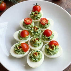 To make Christmas Tree Deviled Eggs, you will need a few key ingredients. Here’s the list: - 6 large eggs - 3 tablespoons mayonnaise - 1 teaspoon Dijon mustard - 1 teaspoon white vinegar - Salt and pepper to taste - 1/4 teaspoon smoked paprika - 1/4 cup finely chopped fresh spinach - 1/4 cup mini cherry tomatoes - 2 small slices of bell pepper These ingredients create a tasty filling and a festive look. The eggs provide a rich base. Mayonnaise adds creaminess, while Dijon mustard gives a bit of zing. White vinegar helps brighten the flavors. The smoked paprika adds a hint of smokiness. Fresh spinach brings a vibrant green color. Mini cherry tomatoes serve as the ornaments on your Christmas tree. Lastly, the bell pepper slices act as the trunk. With these ingredients, you can create a fun and tasty dish that kids and adults will love. You can easily find these items at your local grocery store. Enjoy the process of gathering and preparing these ingredients! {{ingredient_image_2}} Start by placing six large eggs in a pot. Cover them with cold water, making sure there's an inch above the eggs. Heat the pot on medium-high until the water boils. Once boiling, cover the pot and take it off the heat. Let the eggs sit for 12 minutes. After that, move the eggs to an ice bath. This cools them fast and helps with peeling. When the eggs cool, tap each one gently on a hard surface. Peel them under running water to help remove the shell. Cut each egg in half lengthwise and take out the yolks. Put the yolks in a mixing bowl. Mash the yolks with a fork until they are crumbly. Add three tablespoons of mayonnaise, one teaspoon of Dijon mustard, and one teaspoon of white vinegar. Season with salt and pepper. Mix until smooth. Fold in 1/4 cup of finely chopped spinach for color. Transfer this mixture to a piping bag or a zip-top bag with one corner cut off. Pipe the filling into the egg whites, making a nice mound. Place the filled egg halves on a festive platter. Try to arrange them in a triangular shape to look like a Christmas tree. For fun, stack two layers of eggs, using fewer eggs on top for a tree effect. Top each egg half with a half of a mini cherry tomato to look like ornaments. Sprinkle smoked paprika around the edges for a festive touch. Use two small slices of bell pepper at the base for the tree trunk. Chill the decorated eggs for 15 minutes before serving. Enjoy these tasty treats cold! To get perfect hard-boiled eggs, start with cold water. Place the eggs in a pot and cover them with water. You want about an inch of water above the eggs. Heat the pot over medium-high heat until it boils. Once it boils, cover and remove it from heat. Let the eggs sit for 12 minutes. This method makes the eggs easy to peel. After 12 minutes, cool them down in an ice bath. This step helps the shells come off smoothly. To add more flavor, try different spices. You can mix in garlic powder or onion powder. Consider adding fresh herbs like dill or chives for a fresh taste. If you want a kick, add a dash of hot sauce to the yolk mixture. For a creamier texture, use Greek yogurt instead of mayonnaise. These changes can make your Christmas Tree Deviled Eggs unique and tasty. How you present your deviled eggs matters. Arrange the eggs in a triangular shape on a bright green platter. This mimics a Christmas tree. Stack the eggs for height and a fun look. Use mini cherry tomatoes as ornaments on top. Lightly sprinkle smoked paprika around the eggs for color. Finally, place slices of bell pepper at the base to form the trunk. For extra flair, add a bed of parsley or arugula. This adds color and makes your dish pop! Pro Tips Use Fresh Eggs: Fresh eggs are easier to peel after boiling, making your deviled eggs look more presentable. Customize the Filling: Feel free to add other herbs or spices to the yolk mixture for extra flavor, such as dill or chives. Experiment with Toppings: Try different toppings like crumbled bacon or olives for a unique twist on your Christmas tree deviled eggs. Chill Before Serving: Allow the filled eggs to chill in the refrigerator for at least 15 minutes to enhance the flavors and presentation. {{image_4}} You can make Christmas Tree Deviled Eggs even more fun by adding herbs. Try fresh dill, chives, or cilantro for a burst of flavor. These herbs give a fresh taste and enhance the look of your eggs. A sprinkle of garlic powder or onion powder can also add depth. Experiment with what you love best! If you want to shake things up, think about using different fillings. You can mix the yolks with avocado instead of mayonnaise for a creamy twist. Another tasty option is adding crumbled bacon or shredded cheese for extra flavor. For toppings, consider using olives or pimentos to add color and interest. For a veggie twist, skip the egg yolk filling entirely. You can use mashed avocado or hummus as a base. This makes it rich and creamy without eggs. You can also add finely chopped cucumbers or radishes for crunch. These options keep your deviled eggs bright and festive while being meat-free. I suggest placing your Christmas Tree Deviled Eggs in an airtight container. This keeps them fresh and moist. You can stack them carefully to save space. Always use plastic wrap to cover the eggs if you do not have a container. This extra layer helps to keep them from drying out. You can store deviled eggs in the fridge for up to two days. However, they taste best within the first 24 hours. If they sit too long, the egg whites can get watery. Always check for any off smells or changes in texture before eating. These deviled eggs are best served cold, so reheating is not needed. If you do prefer them warm, try putting them in the oven at a low heat. Cover them with foil to prevent drying out. Heat for about 10 minutes, then serve. Enjoy your festive treat! Yes, you can make these deviled eggs ahead of time. Prepare them a day before your event. Just store them in the fridge. Cover them well to keep them fresh. If you want a mayo swap, try Greek yogurt. It adds creaminess and tang. You can also use avocado for a rich flavor. Both options keep your eggs tasty and healthy. To avoid cracks, start with cold water. Gently place the eggs in the pot. Add an inch of water over them. Bring the water to a boil slowly. This method keeps the eggs safe. Absolutely! You can use any colorful veggies. Try mini bell peppers or olives. Carrots or cucumber slices work too. Let your creativity shine with fun shapes and colors. This blog post covered how to make festive Christmas Tree Deviled Eggs. We explored essential ingredients, step-by-step instructions, and tips for perfecting the recipe. I shared ways to personalize your dish and storage guidelines to keep them fresh. These deviled eggs are not only fun to make but also delightfully festive for any gathering. Remember to get creative with your decorations and flavors. Enjoy making this tasty treat!