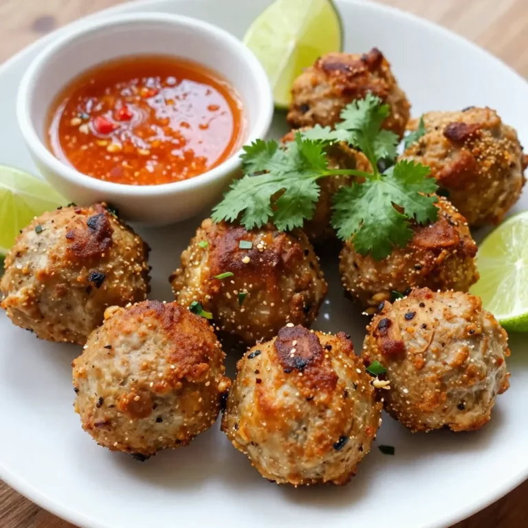 The key to tasty Thai baked chicken meatballs lies in fresh and flavorful ingredients. Each one adds a unique taste that makes these meatballs special. Here’s what you need: - 1 lb ground chicken - 1/4 cup breadcrumbs - 1/4 cup fresh cilantro, finely chopped - 2 green onions, thinly sliced - 1 tablespoon fish sauce - 1 tablespoon soy sauce - 1 teaspoon sesame oil - 2 cloves garlic, minced - 1 teaspoon freshly grated ginger - 1 tablespoon red curry paste - 1/2 teaspoon salt - 1/4 teaspoon black pepper - Zest of 1 lime These ingredients blend to create a dish full of flavor. Ground chicken is lean and holds up well in meatballs. Breadcrumbs help bind the mixture and keep it tender. Fresh cilantro and green onions add a bright taste and crunch. The sauces and seasonings bring the Thai flair. Fish sauce and soy sauce give a savory depth. Sesame oil adds a nutty note. Garlic and ginger kick up the flavor, while red curry paste gives it a spicy twist. Lime zest brightens everything up, making every bite refreshing. Gather these ingredients before starting. With them on hand, you can create a delicious meal that’s simple and satisfying. {{ingredient_image_2}} 1. Preheating the oven: First, you need to preheat your oven to 400°F (200°C). This step helps cook the meatballs evenly. While the oven heats, you can get everything else ready. 2. Mixing meatball ingredients: In a big bowl, combine the ground chicken, breadcrumbs, chopped cilantro, sliced green onions, fish sauce, soy sauce, sesame oil, minced garlic, grated ginger, red curry paste, salt, pepper, and lime zest. Use a spatula or your hands to mix gently. Be careful not to overmix, as this keeps the meatballs tender. 3. Forming and baking the meatballs: Wet your hands to stop the mix from sticking. Shape the mixture into meatballs about 1.5 inches wide. Place them on a baking sheet lined with parchment paper. Make sure to leave space between each meatball for even cooking. Bake them for 20-25 minutes until they turn golden brown. - Using a meat thermometer: To check if the meatballs are done, use a meat thermometer. The inside should reach 165°F (75°C). This ensures they are safe to eat. - Resting the meatballs: Once you take the meatballs out of the oven, let them rest for a few minutes. This step helps them stay juicy and flavorful. - To keep your meatballs moist, do not overmix the ingredients. Just combine them gently. - Use wet hands when rolling the meatballs. This helps prevent sticking. - Bake the meatballs on parchment paper. This keeps them from sticking to the pan. - Garnish your meatballs with fresh cilantro. It adds color and flavor. - Lime wedges give a zesty touch. They brighten up the dish. - Serve sweet chili sauce for dipping. It pairs well with the meatballs. - Try peanut sauce if you want a richer flavor. It complements the Thai spices nicely. Pro Tips Use Fresh Ingredients: Fresh herbs and spices will elevate the flavor of your meatballs significantly. Opt for fresh cilantro and ginger for the best taste. Don’t Overmix: When combining the ingredients, mix until just combined. Overmixing can lead to tough meatballs. Check for Doneness: Use a meat thermometer to ensure your chicken meatballs reach an internal temperature of 165°F (75°C) for safe consumption. Experiment with Dips: While sweet chili sauce is a great pairing, consider trying peanut sauce or a spicy sriracha mayo for a unique twist. {{image_4}} You can swap ground chicken for other meats. Ground turkey or beef works well. These changes keep the dish tasty and fun. If you want a leaner option, try ground turkey. It has a lighter flavor but remains juicy. If you need gluten-free options, use gluten-free breadcrumbs. They hold the meatballs together without gluten. You can also use crushed rice crackers. They add a nice crunch and flavor. To change up the spices, play with the red curry paste. You can add more for heat or less for a mild taste. Other spices like cumin or coriander can add depth. Experiment until you find your perfect blend. For dipping sauces, think beyond sweet chili sauce. Peanut sauce is a great choice, bringing a creamy texture. Soy sauce mixed with lime juice can add a zing. You can even mix yogurt with herbs for a fresh dip. Each option can change the whole dish! To keep your Thai baked chicken meatballs fresh, store them properly. Place leftover meatballs in an airtight container. Refrigerate them right away. They will last for about 3 to 4 days in the fridge. If you want to keep them longer, freezing is the way to go. For freezing, let the meatballs cool first. Then, arrange them in a single layer on a baking sheet. Freeze them for about 1 hour. After that, transfer the frozen meatballs to a freezer bag. This method helps prevent them from sticking together. They can stay in the freezer for up to 3 months. When it’s time to eat your leftovers, reheat them properly. The best method is using an oven. Preheat the oven to 350°F (175°C). Place the meatballs on a baking sheet and cover them with foil. Heat for about 15-20 minutes. This keeps them moist and delicious. You can also use a microwave if you’re in a hurry. Place the meatballs on a microwave-safe plate. Cover them with a damp paper towel. Heat in 30-second intervals until warm. Be careful not to overheat them, as this can dry them out. Enjoy your tasty meatballs again! You can tell when the meatballs are done by checking their color. They should be golden brown. Use a meat thermometer to check the internal temperature. It must reach 165°F (75°C) for safety. This ensures they are fully cooked and safe to eat. Always check a few meatballs to be sure. Yes, you can use frozen ground chicken. Just thaw it before mixing. This keeps the meatballs tender. If you use frozen meat, let it thaw in the fridge overnight. Avoid using the microwave, as it can cook unevenly. Fresh meat gives the best flavor and texture, but frozen works too. These meatballs pair well with many sides. Serve them with rice for a complete meal. Sticky rice or jasmine rice works great. You can also add a fresh salad for crunch. A side of sweet chili sauce adds flavor and fun. Garnish with lime wedges and cilantro for color. Enjoy your meal! In this blog post, we covered how to make delicious Thai baked chicken meatballs. We explored key ingredients like ground chicken and fresh herbs. You learned step-by-step instructions for preparation and cooking. I shared helpful tips for keeping meatballs moist and ideas for serving. We also discussed variations and storage methods to enjoy leftovers. Making these meatballs is simple and fun. I hope you feel ready to try this tasty recipe at home. Enjoy your cooking adventure!