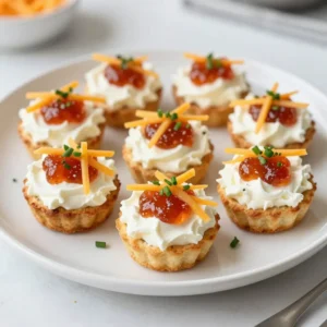- 8 ounces cream cheese, softened - 1 cup pepper jelly - 1 cup shredded sharp cheddar cheese - 1/2 teaspoon garlic powder - 1/2 teaspoon onion powder - 1/4 teaspoon salt - 1/4 teaspoon black pepper - 1 package of mini phyllo cups (about 15 cups) - Fresh herbs for garnish (like chives or cilantro) These ingredients come together to create a delightful snack. Cream cheese gives the dip its rich and creamy texture. Pepper jelly adds a sweet and spicy kick that pairs well with cheese. For bold flavor, the sharp cheddar cheese shines through. The seasoning ingredients bring depth to the mixture. Garlic powder adds warmth, while onion powder enhances the savoriness. Salt and black pepper elevate the overall taste. Each bite bursts with flavor, balancing creaminess and spice. Mini phyllo cups act as perfect vessels. They add crunch and hold the filling well. Fresh herbs not only garnish but also add a pop of color. Using chives or cilantro brings freshness to each bite. This combination makes for a tasty finger food that everyone will enjoy. {{ingredient_image_2}} 1. Preheat your oven to 350&deg;F (175&deg;C). This step is key for a perfect bake. 2. In a medium bowl, mix the softened cream cheese and pepper jelly together. Add the shredded cheddar cheese, garlic powder, onion powder, salt, and black pepper. Use a hand mixer or spatula to blend until smooth and creamy. - You can use a small spoon or a pastry bag to fill the mini phyllo cups. A pastry bag helps make it easier and neater. - Be generous but avoid overfilling. Leave some space at the top. The filling will puff up while baking. 1. Place the filled cups on a baking sheet in a single layer. Bake them for 10-12 minutes. Look for golden-brown tops and bubbling filling. 2. After baking, let the bites cool for about 5 minutes. This cools them down before serving. Then, transfer them to a serving platter. To make these bites shine, adjust the seasoning to your taste. Start with the garlic and onion powders. If you want more warmth, add a bit more garlic powder. For a deeper flavor, increase the onion powder. Choosing the right pepper jelly is key. Red jelly gives a sweet touch, while green jelly offers a zesty kick. Pick the one that fits your mood or meal. You can even mix both for a fun twist! Make the bites pop by arranging them on a bright platter. This colorful display catches eyes and makes your dish more inviting. Place the bites in a circular pattern for a stunning look. Add a small bowl of extra pepper jelly in the center. It serves as a fun dipping sauce. Your guests will love having that extra flavor boost! These bites are great for any party or gathering. They work well for game nights, holiday celebrations, or casual get-togethers. They are easy to eat and full of flavor, making them perfect finger food. Pair these bites with refreshing drinks, like iced tea or sparkling water. They also go well with sides like a simple green salad or fresh veggies. This combo makes for a balanced spread that everyone will enjoy! Pro Tips Use Room Temperature Ingredients: Allow your cream cheese to soften at room temperature for easier mixing and a smoother texture in your filling. Experiment with Flavors: Try different types of pepper jelly, like spicy jalape&ntilde;o or fruity habanero, to customize the flavor profile to your liking. Top with Freshness: Fresh herbs like basil or dill can elevate the dish further; feel free to mix and match for unique flavor combinations. Watch Baking Time: Keep a close eye on your bites while baking to achieve a perfect golden-brown top without overcooking. {{image_4}} You can change up the cheese in this recipe for fun. Try using goat cheese for a tangy twist. Feta cheese brings a salty kick, while cream cheese gives a smooth base. Each cheese adds a unique taste. For the jelly, you have many options. Use raspberry jelly for sweetness or fig jelly for a rich flavor. Hot pepper jelly adds heat for those who love spice. Choose what fits your taste best! If you need gluten-free options, use gluten-free phyllo cups. Many brands make these, so look for them in stores. The rest of the recipe stays the same, making it easy to adapt. For a vegan version, swap the cream cheese with a plant-based alternative. Nut-based cream cheese works well. Use vegan cheese shreds for the cheddar. Make sure your jelly is also vegan-friendly. This way, everyone can enjoy these tasty bites! You can make these bites special for holidays. Add pumpkin spice for a fall twist or use cranberry jelly for a festive touch. These flavors can match the season and impress your guests. Adding seasonal spices also works well. Try cinnamon or nutmeg for warmth. Fresh herbs can change with the seasons too. Use thyme in spring or rosemary in winter for a fresh taste. Mix and match to create your favorite flavors! After enjoying your pepper jelly cream cheese dip bites, store any leftovers in the fridge. Place them in an airtight container. This keeps them fresh and tasty. They will last for about three to four days. Make sure to let them cool completely before sealing the container. This helps prevent moisture buildup. You can freeze these bites either before or after baking. If you freeze them before baking, fill the phyllo cups but do not bake them. Place the filled cups on a baking sheet and freeze them until solid. Once frozen, transfer them to a freezer bag. They can last up to three months this way. If you bake them first, let them cool completely. Then, wrap them tightly in plastic wrap and place them in a freezer bag. They will also last for about three months. To reheat frozen bites, thaw them in the fridge overnight. Then, bake them at 350&deg;F for about 10 minutes. They will be warm and delicious again! You can serve these bites warm or at room temperature. Warm bites have a creamy texture and great flavor. If you decide to serve them cooled, they still taste amazing. To keep them warm, place them in a low oven. Aim for about 200&deg;F until ready to serve. This way, everyone can enjoy them at their best! Yes, you can prepare these bites ahead of time. First, mix the filling and fill the phyllo cups. Then, cover them with plastic wrap and refrigerate for up to a day. When ready, bake them straight from the fridge. Just add a couple of extra minutes to the baking time to ensure they heat through. Look for a golden-brown top and bubbly cheese. This means the bites are ready. The kitchen will smell amazing too! If the edges of the phyllo cups are crisp and the filling is warm, you&rsquo;re good to go. These bites pair well with several foods and drinks. Try serving them with a fresh salad or vegetable platter. A light white wine or sparkling water complements the flavors nicely. You can also add a bowl of extra pepper jelly for dipping. This adds extra sweetness or spice, depending on your jelly choice. You can create delicious pepper jelly cream cheese dip bites using simple ingredients. Start with cream cheese, sharp cheddar, and pepper jelly for a tasty treat. Preheat the oven and mix your filling well. Filling mini phyllo cups evenly ensures the best taste. Remember to adjust spices and choose the right pepper jelly for flavor. These bites are perfect for parties or family gatherings. Get creative with ingredient swaps and seasonal flavors. Enjoy them warm or chilled, and store leftovers properly. Try making them today; your guests will love it!