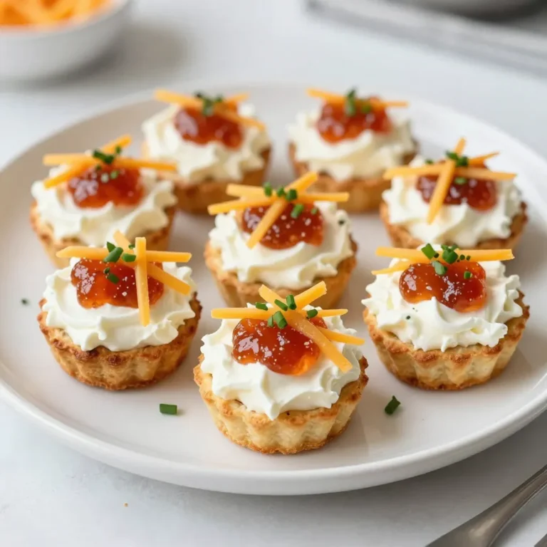 - 8 ounces cream cheese, softened - 1 cup pepper jelly - 1 cup shredded sharp cheddar cheese - 1/2 teaspoon garlic powder - 1/2 teaspoon onion powder - 1/4 teaspoon salt - 1/4 teaspoon black pepper - 1 package of mini phyllo cups (about 15 cups) - Fresh herbs for garnish (like chives or cilantro) These ingredients come together to create a delightful snack. Cream cheese gives the dip its rich and creamy texture. Pepper jelly adds a sweet and spicy kick that pairs well with cheese. For bold flavor, the sharp cheddar cheese shines through. The seasoning ingredients bring depth to the mixture. Garlic powder adds warmth, while onion powder enhances the savoriness. Salt and black pepper elevate the overall taste. Each bite bursts with flavor, balancing creaminess and spice. Mini phyllo cups act as perfect vessels. They add crunch and hold the filling well. Fresh herbs not only garnish but also add a pop of color. Using chives or cilantro brings freshness to each bite. This combination makes for a tasty finger food that everyone will enjoy. {{ingredient_image_2}} 1. Preheat your oven to 350°F (175°C). This step is key for a perfect bake. 2. In a medium bowl, mix the softened cream cheese and pepper jelly together. Add the shredded cheddar cheese, garlic powder, onion powder, salt, and black pepper. Use a hand mixer or spatula to blend until smooth and creamy. - You can use a small spoon or a pastry bag to fill the mini phyllo cups. A pastry bag helps make it easier and neater. - Be generous but avoid overfilling. Leave some space at the top. The filling will puff up while baking. 1. Place the filled cups on a baking sheet in a single layer. Bake them for 10-12 minutes. Look for golden-brown tops and bubbling filling. 2. After baking, let the bites cool for about 5 minutes. This cools them down before serving. Then, transfer them to a serving platter. To make these bites shine, adjust the seasoning to your taste. Start with the garlic and onion powders. If you want more warmth, add a bit more garlic powder. For a deeper flavor, increase the onion powder. Choosing the right pepper jelly is key. Red jelly gives a sweet touch, while green jelly offers a zesty kick. Pick the one that fits your mood or meal. You can even mix both for a fun twist! Make the bites pop by arranging them on a bright platter. This colorful display catches eyes and makes your dish more inviting. Place the bites in a circular pattern for a stunning look. Add a small bowl of extra pepper jelly in the center. It serves as a fun dipping sauce. Your guests will love having that extra flavor boost! These bites are great for any party or gathering. They work well for game nights, holiday celebrations, or casual get-togethers. They are easy to eat and full of flavor, making them perfect finger food. Pair these bites with refreshing drinks, like iced tea or sparkling water. They also go well with sides like a simple green salad or fresh veggies. This combo makes for a balanced spread that everyone will enjoy! Pro Tips Use Room Temperature Ingredients: Allow your cream cheese to soften at room temperature for easier mixing and a smoother texture in your filling. Experiment with Flavors: Try different types of pepper jelly, like spicy jalapeño or fruity habanero, to customize the flavor profile to your liking. Top with Freshness: Fresh herbs like basil or dill can elevate the dish further; feel free to mix and match for unique flavor combinations. Watch Baking Time: Keep a close eye on your bites while baking to achieve a perfect golden-brown top without overcooking. {{image_4}} You can change up the cheese in this recipe for fun. Try using goat cheese for a tangy twist. Feta cheese brings a salty kick, while cream cheese gives a smooth base. Each cheese adds a unique taste. For the jelly, you have many options. Use raspberry jelly for sweetness or fig jelly for a rich flavor. Hot pepper jelly adds heat for those who love spice. Choose what fits your taste best! If you need gluten-free options, use gluten-free phyllo cups. Many brands make these, so look for them in stores. The rest of the recipe stays the same, making it easy to adapt. For a vegan version, swap the cream cheese with a plant-based alternative. Nut-based cream cheese works well. Use vegan cheese shreds for the cheddar. Make sure your jelly is also vegan-friendly. This way, everyone can enjoy these tasty bites! You can make these bites special for holidays. Add pumpkin spice for a fall twist or use cranberry jelly for a festive touch. These flavors can match the season and impress your guests. Adding seasonal spices also works well. Try cinnamon or nutmeg for warmth. Fresh herbs can change with the seasons too. Use thyme in spring or rosemary in winter for a fresh taste. Mix and match to create your favorite flavors! After enjoying your pepper jelly cream cheese dip bites, store any leftovers in the fridge. Place them in an airtight container. This keeps them fresh and tasty. They will last for about three to four days. Make sure to let them cool completely before sealing the container. This helps prevent moisture buildup. You can freeze these bites either before or after baking. If you freeze them before baking, fill the phyllo cups but do not bake them. Place the filled cups on a baking sheet and freeze them until solid. Once frozen, transfer them to a freezer bag. They can last up to three months this way. If you bake them first, let them cool completely. Then, wrap them tightly in plastic wrap and place them in a freezer bag. They will also last for about three months. To reheat frozen bites, thaw them in the fridge overnight. Then, bake them at 350°F for about 10 minutes. They will be warm and delicious again! You can serve these bites warm or at room temperature. Warm bites have a creamy texture and great flavor. If you decide to serve them cooled, they still taste amazing. To keep them warm, place them in a low oven. Aim for about 200°F until ready to serve. This way, everyone can enjoy them at their best! Yes, you can prepare these bites ahead of time. First, mix the filling and fill the phyllo cups. Then, cover them with plastic wrap and refrigerate for up to a day. When ready, bake them straight from the fridge. Just add a couple of extra minutes to the baking time to ensure they heat through. Look for a golden-brown top and bubbly cheese. This means the bites are ready. The kitchen will smell amazing too! If the edges of the phyllo cups are crisp and the filling is warm, you’re good to go. These bites pair well with several foods and drinks. Try serving them with a fresh salad or vegetable platter. A light white wine or sparkling water complements the flavors nicely. You can also add a bowl of extra pepper jelly for dipping. This adds extra sweetness or spice, depending on your jelly choice. You can create delicious pepper jelly cream cheese dip bites using simple ingredients. Start with cream cheese, sharp cheddar, and pepper jelly for a tasty treat. Preheat the oven and mix your filling well. Filling mini phyllo cups evenly ensures the best taste. Remember to adjust spices and choose the right pepper jelly for flavor. These bites are perfect for parties or family gatherings. Get creative with ingredient swaps and seasonal flavors. Enjoy them warm or chilled, and store leftovers properly. Try making them today; your guests will love it!