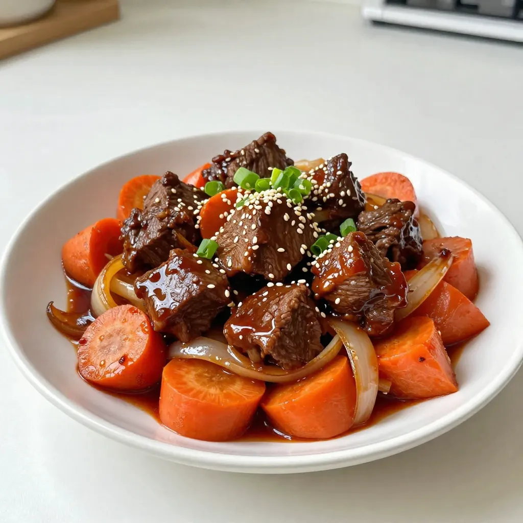 - 2.5 lbs beef chuck roast - 1 medium onion, chopped - 3 carrots, cut into 2-inch pieces - 4 green onions, sliced (separating white and green parts) - 1/4 cup soy sauce - 1/4 cup brown sugar - 2 tablespoons sesame oil - 1 tablespoon fresh ginger, grated - 1 tablespoon garlic, minced - 1 tablespoon gochujang (Korean chili paste) - Sesame seeds for garnish - 1/2 cup beef broth - Salt and pepper to taste These ingredients blend to create a rich, hearty flavor. The beef chuck roast is perfect for this dish. It becomes tender and juicy after a long cook. The onions and carrots add sweetness and texture. Green onions bring a fresh, bright note. The soy sauce and brown sugar balance each other. They create a sweet and salty taste that makes the dish pop. You might want to add gochujang for heat. It adds a nice kick to the dish. Garnishing with sesame seeds makes it look great. The broth is essential for moisture. Salt and pepper bring out the flavors. Keep these ingredients handy for a tasty family meal that everyone will love. {{ingredient_image_2}} Start by preheating your oven to 325°F (160°C). This step is key for even cooking. While the oven heats, mix the marinade. In a small bowl, combine 1/4 cup soy sauce, 1/4 cup brown sugar, 2 tablespoons sesame oil, 1 tablespoon grated ginger, 1 tablespoon minced garlic, and 1 tablespoon gochujang. Whisk it all together until smooth. This marinade adds great flavor. Next, prepare your beef chuck roast. Season it well with salt and pepper on all sides. Heat a large Dutch oven over medium-high heat. Once hot, add the roast. Sear it for about 4-5 minutes on each side. You want a rich, brown crust to form. This step helps build deep flavor for your pot roast. After searing, take the roast out and set it aside. In the same pot, add one chopped onion, three carrot pieces, and the white parts of four green onions. Sauté these for about 3-4 minutes. You want the vegetables to soften and the onions to turn translucent. Now, pour in 1/2 cup beef broth and the marinade mix. Use a wooden spoon to scrape the bottom of the pot. This step lifts all the tasty browned bits. Return the seared roast to the pot, placing it among the sautéed vegetables. Cover the pot with a lid and place it in the preheated oven. Let it cook for about 3 hours, until the meat is very tender. Check that it easily falls apart with a fork. This slow cooking lets all the flavors blend beautifully. Resting the meat is very important. After cooking, let the roast sit for about 10 minutes. This helps keep the juices inside. If you skip this step, the meat might dry out. To achieve the right tenderness, cook the roast slowly. The low heat breaks down the tough fibers in the beef. Aim for a cooking time of about 3 hours in the oven. You want the meat to pull apart easily with a fork. You can enhance the flavor with extra seasonings. Try adding fresh herbs like thyme or rosemary. These add a fresh taste. You can also experiment with more garlic or ginger for a bolder flavor. For cooking methods, both a slow cooker and oven work well. The slow cooker is great for busy days. It allows for an easy, set-it-and-forget-it approach. The oven gives a nice crust. Choose what fits your style best. Garnishing adds a fun touch to your pot roast. Use sesame seeds for a nutty flavor and a bit of crunch. You can sprinkle them on right before serving. For side dishes, consider serving rice or mashed potatoes. These complement the roast well. You can also add a simple salad for freshness. These sides make your meal more colorful and appealing. Pro Tips Marinade Time: For even more flavor, marinate the beef roast in the soy sauce mixture for several hours or overnight in the refrigerator. Vegetable Variations: Feel free to add other vegetables like potatoes or bell peppers to the pot for a more colorful and hearty dish. Resting Period: Always let the roast rest after cooking. This helps the juices redistribute, resulting in a more tender and flavorful meat. Serving Suggestions: Serve with steamed rice or noodles to soak up the delicious sauce, making it a complete meal. {{image_4}} You can change the beef cut for your pot roast. Here are a few options: - Brisket: This cut has nice fat for flavor. It cooks well and stays moist. - Round roast: This is leaner and can be used if you want less fat. For a vegetarian version, try these ideas: - Mushrooms: Use large portobello mushrooms for a meaty texture. - Jackfruit: This has a similar texture to pulled meat and absorbs flavors well. You can adjust the flavor to fit your taste. Here are some ideas: - Spices: Add cumin or coriander for a different taste. These spices give warmth and depth. - Sauces: Try adding hoisin sauce for a sweeter kick. It brings a nice balance to savory. When you want sweet or savory, you can change the balance: - Sweet: Add more brown sugar or honey to increase sweetness. - Savory: Use less sugar and add more soy sauce for a richer flavor. You can cook this pot roast in different ways. Here are two popular methods: - Instant Pot: Sear the roast first, then add all ingredients. Cook on high for about 60 minutes. Let the pressure release naturally for the best results. - Slow Cooker: After searing the beef, place it in the slow cooker with veggies and broth. Cook on low for about 8 hours or high for 4 hours. This method makes the meat very tender. Both methods give tasty results, but choose the one that fits your schedule best. To keep your Korean pot roast fresh, use airtight containers. Allow the roast to cool first. This helps prevent condensation, which can make the meat soggy. Store it in the fridge for up to three days. If you want to enjoy it later, consider freezing portions. When reheating, you have two main methods: microwave and stovetop. For the microwave, place the meat in a microwave-safe dish. Cover it loosely and heat on medium for 1-2 minutes. Check often to avoid overcooking. For stovetop, heat a skillet over medium-low heat. Add a splash of beef broth to keep it moist. Stir gently until warmed through. To freeze your pot roast, slice it into portions. Wrap each portion tightly in plastic wrap, then place it in a freezer bag. Squeeze out the air to prevent freezer burn. It can last up to three months. When ready to use, thaw it overnight in the fridge. Reheat it thoroughly before serving. You can tell the pot roast is done by checking its tenderness. The beef should pull apart easily with a fork. Another sign is the meat's internal temperature. It should reach at least 190°F for the best texture. When you cut into it, the juices should run clear, not pink. Yes, you can use other meats. Pork shoulder works well for a different flavor. Lamb shanks can also create a rich taste. If you want a lighter option, try chicken thighs. Just adjust the cooking time, as these meats cook faster than beef. Korean pot roast pairs well with several sides. Steamed rice is a classic choice that soaks up the sauce. Kimchi adds a spicy crunch. For a fresh touch, serve a salad with sesame dressing. You can also include roasted vegetables to round out the meal. In this post, we explored how to make a mouthwatering Korean pot roast. We covered ingredients, cooking steps, and tips for success. Remember to rest the meat for tender results and try different flavors to make it your own. Store leftovers properly and reheat for a tasty meal later. With these insights, you're set to impress with your delicious pot roast. Enjoy your cooking journey and savor every bite!
