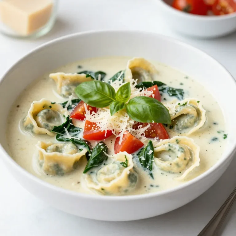 - 1 tablespoon extra virgin olive oil - 1 medium onion, finely diced - 2 cloves garlic, minced - 3 cups vegetable broth (preferably low-sodium) - 1 can (14.5 oz) diced tomatoes, with juices - 1 cup heavy cream (or a dairy-free alternative) - 1 package (9 oz) cheese tortellini (fresh or frozen) - 2 cups fresh baby spinach, washed - 1 teaspoon Italian seasoning blend - Salt and freshly ground black pepper to taste - Freshly grated Parmesan cheese, for serving - Fresh basil leaves, for garnish The ingredients in creamy tortellini soup create a rich and hearty meal. Each item plays a special role in building flavor. First, olive oil gives a nice base. It helps cook the onions and garlic, adding depth. The onion and garlic bring a sweet and savory taste. They form the aromatic backbone of the soup. Next, we have the broth and tomatoes. The broth provides warmth and richness. Diced tomatoes add a touch of acidity. This balance makes the soup lively. Cream plays a big part too. It brings a smooth texture and a luxurious feel. The tortellini, which can be fresh or frozen, adds a delightful bite. Spinach provides color and nutrients. It wilts down easily and adds freshness. The Italian seasoning blends all the flavors together. Finally, salt and pepper fine-tune the taste. Parmesan cheese adds a salty finish. Fresh basil leaves on top give a nice pop of color and flavor. Gather these ingredients, and you are ready to make a satisfying soup. This dish is so comforting, perfect for chilly days or when you need a quick meal. {{ingredient_image_2}} 1. Sautéing onion and garlic Start by warming 1 tablespoon of olive oil in a large pot over medium heat. Once the oil is hot, add 1 finely diced onion. Cook it for about 5 minutes until it turns soft and clear. Then, add 2 minced garlic cloves. Stir for 1 minute until you smell the garlic. 2. Adding broth and tomatoes Next, pour in 3 cups of vegetable broth and add 1 can of diced tomatoes with their juices. Bring this mix to a gentle simmer. This step helps the flavors blend well together. 3. Incorporating cream and tortellini Lower the heat slightly. Now, stir in 1 cup of heavy cream. Add in 1 package of cheese tortellini. Follow the cooking time on the package, usually about 3-5 minutes, until the tortellini are soft but not mushy. 4. Folding in spinach In the last minute of cooking, fold in 2 cups of fresh baby spinach. Stir gently until the spinach wilts and becomes bright green. This adds color and nutrients to your soup. 5. Seasoning and serving Finally, season your soup with salt and freshly ground black pepper to taste. Be sure to taste it to get the flavor just right. Remove the pot from heat. Ladle the soup into warm bowls. Top with freshly grated Parmesan cheese and fresh basil leaves for garnish. Enjoy your creamy tortellini soup! - Perfecting the sauté: Start with medium heat. Add olive oil and let it warm. Add diced onion and cook until soft. This step builds a great base for flavor. - Cream alternatives for dietary needs: If you want a lighter soup, use half-and-half or almond milk. Coconut cream is great for a dairy-free option. Each adds unique taste. - Ensuring tortellini doneness: Follow the package instructions carefully. Al dente tortellini means they are firm and not mushy. This texture adds a nice bite to the soup. - Suggested herbs and spices: Add more Italian seasoning for a bolder flavor. Fresh thyme or oregano can brighten up the soup. A pinch of red pepper flakes adds heat if you like spice. - Incorporating additional vegetables: Try adding diced carrots or celery when you sauté the onion. These veggies add color and nutrition. You can also toss in some peas for a sweet touch. Pro Tips Use Fresh Ingredients: Fresh spinach and high-quality broth will elevate the flavor of your soup significantly. Adjust Creaminess: For a lighter version, substitute half of the heavy cream with additional vegetable broth. Perfect Tortellini Cooking: Ensure to cook the tortellini just until al dente as they will continue to cook in the hot soup. Herb Variations: Experiment with different herbs like thyme or oregano to customize the flavor profile of your soup. {{image_4}} You can switch up the tortellini in your soup. Try using spinach, mushroom, or meat-filled tortellini. Each type brings a new taste. You might also add chicken or sausage for protein. Cook the meat first, then mix it in with the broth. For a dairy-free option, use coconut milk or almond milk instead of heavy cream. This keeps the soup creamy without dairy. Want some heat? Add red pepper flakes for a spicy kick. You can also boost the Italian flavor. Add more herbs like oregano, thyme, or rosemary. Fresh herbs make the soup bright and tasty. Try mixing in a splash of lemon juice for a zesty touch. These variations keep your creamy tortellini soup exciting and fun to make! After cooking your creamy tortellini soup, let it cool down. This step is key. You want it to be safe for the fridge. Use shallow containers to store the soup. This helps it cool fast. Aim to eat it within three to four days. Always cover the container tightly to keep out air. This keeps the soup fresh and tasty. When you’re ready to eat, just reheat it on the stove or in the microwave. Freezing is a great way to save your creamy tortellini soup for later. To freeze, let the soup cool completely. Then, use freezer-safe containers or bags. Leave some space in the container for expansion. This helps prevent spills. You can freeze it for up to three months. When you want to enjoy it, take it out of the freezer. Thaw it in the fridge overnight. For a quick option, you can thaw it in the microwave too. Once thawed, reheat it on the stove over low heat. Stir often to warm it evenly. If needed, add a bit of broth or cream to restore its creamy texture. Enjoy your delicious soup again! I love serving creamy tortellini soup with crusty bread. The bread is great for dipping. A light salad pairs well too. It adds fresh crunch and balances the rich flavors. To make this soup gluten-free, choose gluten-free tortellini. Many stores carry this option. Also, check your broth and seasonings to ensure they are gluten-free. Yes, you can use frozen spinach. Just thaw and drain it first. Add it when you mix in the tortellini to keep the soup vibrant and flavorful. If you want a thicker soup, try adding more cream. You can also blend a portion of the soup until smooth. This will give you a creamy texture without losing flavor. This blog post outlined how to create a delicious creamy tortellini soup. We covered key ingredients, cooking steps, and tips for a perfect dish. You learned several variations and how to store leftovers. In closing, don’t be afraid to mix flavors and experiment. Enjoy your cooking adventure with this soup!