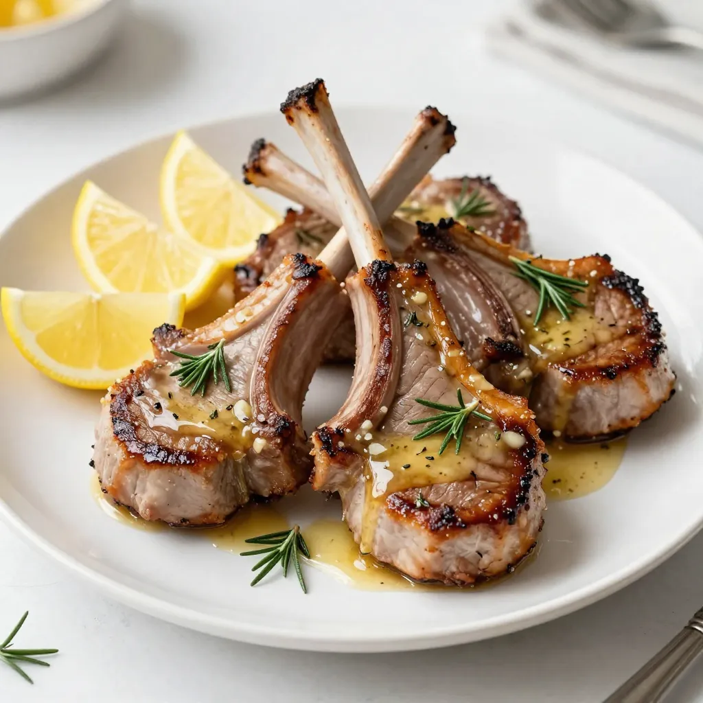 - 4 lamb chops - 4 tablespoons unsalted butter - 4 cloves garlic, finely minced - 1 tablespoon fresh rosemary, finely chopped - 1 tablespoon fresh thyme, finely chopped - Salt and freshly cracked black pepper, to taste - 1 tablespoon olive oil - Fresh lemon wedges, for serving The key to great garlic butter lamb chops is in the ingredients. I start with quality lamb chops. Look for thick cuts with good marbling. This gives the meat flavor and tenderness. Next, I use unsalted butter. It melts beautifully and blends well with garlic. I chop the garlic finely. This helps it infuse into the butter quickly. Herbs bring depth to the dish. Rosemary and thyme are classic choices. They complement the lamb's rich taste. I always use fresh herbs when possible. They make a big difference. For seasoning, I reach for salt and freshly cracked black pepper. These simple ingredients enhance the flavor without overpowering it. I also add a bit of olive oil. It helps to sear the chops and adds a lovely richness. Lemon wedges are a must for serving. They brighten up the dish and add a fresh zing. Just a squeeze over the lamb chops makes it shine. With these ingredients, you create a dish that's rich and flavorful. It's sure to impress! {{ingredient_image_2}} First, pat the lamb chops dry with paper towels. This step helps remove moisture. Next, season both sides of each chop with salt and freshly cracked black pepper. This seasoning is key to enhancing the rich flavor of the lamb. In a small saucepan, melt the unsalted butter over low heat. Once melted, add the finely minced garlic and the fresh herbs: rosemary and thyme. Cook this mixture for 2-3 minutes. You want the garlic to become fragrant and soft. This garlic butter adds a rich taste to your lamb. Heat the olive oil in a large skillet over medium-high heat. When the oil shimmers, carefully add the seasoned lamb chops. Sear each chop for about 3-4 minutes on each side. You want them beautifully browned and cooked to your liking. A medium-rare chop is usually around 135°F. Reduce the heat to medium. Now, pour the prepared garlic butter over the lamb chops. Make sure they are coated evenly. Use a spoon to baste the garlic butter over the chops for 1-2 more minutes. This helps the flavors meld while they cook. Once the lamb chops reach your desired doneness, remove them from the skillet. Place them on a plate and loosely cover with aluminum foil. Let them rest for 5 minutes. This resting is crucial. It helps the juices redistribute, making each bite tender and flavorful. For serving, plate the lamb chops warm. Add fresh lemon wedges on the side for a zesty touch. Drizzle any leftover garlic butter from the skillet over the top of the chops. This extra butter enhances the flavor and richness. How do I use a meat thermometer? A meat thermometer helps you check the lamb's internal temp. Insert it into the thickest part of the chop. For medium-rare, aim for about 135°F. What are the cook times for lamb? Cooking times vary. Generally, lamb chops need about 3-4 minutes per side for medium-rare. Adjust for your taste. What other herbs or spices can I add? You can add herbs like mint or oregano. Spices like cumin or smoked paprika also work well. These will give the lamb a unique taste. How do I infuse the garlic butter? To infuse garlic butter, melt butter over low heat. Add minced garlic and herbs. Cook until fragrant. This adds depth to your dish. What are some garnishing ideas? Garnish with fresh herbs like rosemary or thyme. Add lemon zest for a pop of color. This makes your dish look fresh and inviting. What sides should I serve with lamb chops? Pair lamb chops with roasted vegetables or a simple salad. Garlic mashed potatoes or couscous also make great sides. They complement the rich flavors. Pro Tips Choose Quality Meat: Opt for high-quality lamb chops for the best flavor and tenderness. Look for chops with a good amount of marbling. Let It Rest: Always allow the lamb chops to rest after cooking. This helps the juices redistribute throughout the meat, making each bite more succulent. Use Fresh Herbs: Fresh herbs elevate the dish significantly. If possible, use fresh rosemary and thyme instead of dried for a more vibrant flavor. Adjust the Doneness: For perfectly cooked lamb, use a meat thermometer to check the internal temperature. Aim for 135°F for medium-rare, 145°F for medium. {{image_4}} You can cook garlic butter lamb chops in several ways. Grilling gives a smoky flavor. It adds a nice char to the meat. To grill, preheat your grill to high. Cook the lamb chops for 4-5 minutes on each side. This method works well for summer barbecues. Pan-searing is another great option. It gives a nice crust while keeping the inside juicy. Heat your skillet over medium-high heat. Sear the chops for about 3-4 minutes per side. This method is quick and perfect for a weeknight dinner. Sous vide is a unique method. It lets you control the temperature very precisely. To sous vide, season the chops and seal them in a bag. Cook them in a water bath at 130°F for 1-2 hours. After that, sear them briefly in a hot pan for a crispy finish. Adding herbs or spices can elevate your garlic butter lamb chops. Fresh mint or parsley adds a bright taste. You can also try adding smoked paprika for a deeper flavor. A sprinkle of cumin or coriander creates a warm, earthy vibe. If you want a spicy kick, consider red pepper flakes. They add heat without overpowering the dish. You can mix in a bit of harissa or chili paste for another layer of flavor. If lamb chops are hard to find, don’t worry! You can use lamb loin or racks. These cuts are tender and flavorful. Adjust cooking times slightly, as they may cook faster than chops. If you prefer beef, ribeye or sirloin can be great substitutes. These cuts are rich and juicy. Just keep an eye on the cooking times, as beef may require different timings than lamb. To store cooked lamb chops, place them in an airtight container. This keeps them fresh and prevents any odors from the fridge. You can store them for up to three days. Always let them cool before sealing the container. This way, you avoid extra moisture, which can make the meat tough. If you want to keep the lamb chops longer, freezing works well. Wrap each chop in plastic wrap. Then, place them in a freezer bag or container. This will prevent freezer burn. You can freeze them for up to three months. To thaw, move them to the fridge overnight. For quick thawing, place them in cold water for about an hour. To reheat, use the oven or a skillet. For the oven, preheat to 350°F. Place the chops on a baking sheet and cover them with foil. Heat for about 10-15 minutes. In a skillet, add a splash of broth or water to keep them moist. Heat over medium heat for about 5 minutes. You can also add a bit more garlic butter for extra flavor. This keeps the chops juicy and tasty. To cook lamb chops, timing matters. For medium-rare, aim for 3-4 minutes per side. A meat thermometer helps here. Check for about 135°F. For medium, go for 4-5 minutes per side, aiming for about 145°F. Adjust the time based on thickness. Always let them rest for 5 minutes after cooking. This helps keep them juicy. Yes, you can use frozen lamb chops. Start by thawing them safely in the fridge overnight. If you're short on time, you can cook them from frozen. Just add a few extra minutes to the cooking time. Sear the outside first, then finish cooking in the oven if needed. Always check for doneness with a thermometer. Garlic butter lamb chops pair well with many sides. Here are some great options: - Roasted vegetables (like carrots and Brussels sprouts) - Creamy mashed potatoes - Fresh green salad with lemon vinaigrette - Grilled asparagus or green beans - Couscous or quinoa for a hearty touch These sides complement the rich flavors of the lamb chops well. Enjoy your meal! Here’s a brief recap of our guide to cooking garlic butter lamb chops. I covered main ingredients, seasoning, and step-by-step cooking instructions. We also explored tips for doneness and storage options. Cooking lamb chops is simple and rewarding. With the right techniques, you can impress anyone at your table. Enjoy crafting flavorful plates and experimenting with your favorite twists. Now, get cooking and savor each bite!