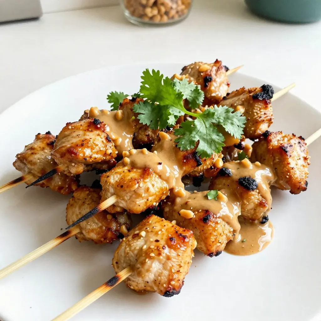 - 1 lb chicken breast, cut into 1-inch cubes - 2 tablespoons olive oil - 1 teaspoon garlic powder - 1 teaspoon smoked paprika - ½ teaspoon onion powder - ½ teaspoon salt - ¼ teaspoon freshly ground black pepper - ¼ teaspoon red pepper flakes - ½ cup creamy peanut butter - 2 tablespoons honey - 1 tablespoon soy sauce - 1 tablespoon fresh lime juice - 1 tablespoon Sriracha (optional) - Fresh cilantro leaves, chopped, for garnish - Bamboo skewers (soaked in water for at least 30 minutes) The chicken breast serves as the heart of this dish. It’s lean and tender, perfect for grilling. I cut it into 1-inch cubes to ensure even cooking. The marinade brings flavor to the chicken. Olive oil adds moisture while garlic powder and smoked paprika provide depth. Onion powder, salt, black pepper, and red pepper flakes round out the taste. Adjust the red pepper flakes for more heat. The Bang Bang sauce is where the magic happens. Creamy peanut butter gives it richness. Honey adds sweetness, while soy sauce brings umami. Fresh lime juice brightens everything up. Sriracha can add an extra kick if you like spice. Gather these ingredients to create flavor-packed Bang Bang Chicken Skewers. The mix of spices and sauce makes every bite exciting. {{ingredient_image_2}} To start, gather a large mixing bowl. Add 2 tablespoons of olive oil. Next, sprinkle in 1 teaspoon of garlic powder, 1 teaspoon of smoked paprika, and ½ teaspoon of onion powder. Now, add ½ teaspoon of salt, ¼ teaspoon of black pepper, and ¼ teaspoon of red pepper flakes. Mix these ingredients until they blend well. This marinade adds flavor and moisture to our chicken. Now that your marinade is ready, take 1 pound of chicken breast cut into 1-inch cubes. Toss the chicken in the marinade until all pieces are coated well. Cover the bowl with plastic wrap and place it in the fridge. Let it marinate for at least 30 minutes. This helps the chicken soak up all the flavors. While the chicken marinates, prepare the Bang Bang sauce. In a small mixing bowl, whisk together ½ cup of creamy peanut butter, 2 tablespoons of honey, 1 tablespoon of soy sauce, and 1 tablespoon of fresh lime juice. If you like heat, add 1 tablespoon of Sriracha. Mix until smooth. This sauce will make your skewers extra special. Once marinated, it’s time to grill. Preheat your grill or grill pan to medium-high heat. Take your soaked bamboo skewers and thread the chicken cubes onto them. Pack the pieces closely but not too tight. This allows heat to circulate. Grill the skewers for about 10-12 minutes. Turn them occasionally. Check that the chicken reaches an internal temperature of 165°F (75°C). After grilling, remove the skewers from the grill. Generously brush the Bang Bang sauce over the chicken. Save a little sauce for serving. To finish, sprinkle freshly chopped cilantro on top. This adds a burst of color and flavor. Serve the skewers with extra lime wedges and a bowl of the reserved sauce for dipping. Enjoy each delicious bite! Marinating is key to great flavor. I suggest marinating the chicken for at least 30 minutes. For best results, try to marinate for 2 hours. This longer time lets the chicken soak up the spices. Use a covered bowl in the fridge for safety. To get those beautiful grill marks, preheat your grill to medium-high heat. Once hot, place the skewers at a 45-degree angle. Don’t move them for the first few minutes. This lets the grill do its magic. Turn the skewers every few minutes to get marks on all sides. Spice is a personal choice. Start with the red pepper flakes as listed. If you want more heat, add more flakes or Sriracha to the sauce. Taste the sauce first to find your perfect balance. You can make it milder by using less of these spicy ingredients. Enjoy finding your ideal spice level! Pro Tips Soak the Skewers: Soak bamboo skewers in water for at least 30 minutes before grilling to prevent them from burning on the grill. Marinate Longer: For deeper flavor, consider marinating the chicken for 2-4 hours or even overnight if time permits. Check Chicken Temperature: Use a meat thermometer to ensure the chicken reaches an internal temperature of 165°F (75°C) for safety and optimal juiciness. Customize the Sauce: Feel free to adjust the spice level in the Bang Bang sauce by adding more or less Sriracha according to your taste preference. {{image_4}} You can easily swap chicken for shrimp or tofu. Shrimp cooks fast and adds a sweet taste. Use large shrimp, about 16-20 per pound. Just marinate like the chicken. For tofu, use firm tofu. Cut it into cubes and press to remove water. This helps the tofu soak up flavors well. The Bang Bang sauce is great, but feel free to experiment. You can use teriyaki or BBQ sauce for a different flair. Teriyaki gives a sweet and savory punch. BBQ adds a smoky touch. Just brush the sauce on the skewers as they grill for extra flavor. For a vegetarian option, use mushrooms or zucchini. These veggies grill well and soak up the marinade. If you want a vegan version, replace honey with maple syrup or agave. This keeps the sweetness without using animal products. Enjoy these variations for fun flavors and textures! After enjoying your Bang Bang chicken skewers, you may have some leftovers. Store them in an airtight container. Make sure to let the skewers cool to room temperature first. You can keep them in the fridge for up to three days. If you want to keep them longer, consider freezing. To reheat your skewers, use an oven or a grill. Preheat your oven to 350°F (175°C). Place the skewers on a baking tray. Heat them for about 10-15 minutes or until warm. If you use a grill, heat it to medium. Grill the skewers for about 5 minutes, turning them often. This method keeps them juicy and tasty. You can freeze the skewers and the Bang Bang sauce. For the skewers, wrap them tightly in plastic wrap and then in foil. They can last in the freezer for up to three months. For the sauce, pour it into an airtight container. It can also freeze for three months. Thaw everything in the fridge overnight before reheating. Enjoy your delicious Bang Bang chicken skewers anytime! Bang Bang Chicken comes from Chinese cuisine. It is also known as "Bang Bang Ji." The name comes from a method used to tenderize the chicken. The dish is famous for its bold flavors. It includes spicy peanut sauce that enhances the chicken. Over time, it has evolved into many forms, including skewers. You can find variations in different regions. Each style offers a unique twist on this classic dish. Yes, you can make Bang Bang Chicken Skewers in the oven. Preheat your oven to 400°F (200°C). Place the skewers on a baking sheet lined with parchment paper. Bake for 15-20 minutes until the chicken is fully cooked. This method gives you a nice, even cook. You still get great flavor from the marinade. Turn the skewers halfway through for even browning. Don't forget to brush on the Bang Bang sauce before serving. Bang Bang Chicken Skewers pair well with many sides. Here are some great options: - Steamed jasmine rice - Fresh vegetable salad - Grilled corn on the cob - Asian slaw - Cucumber salad - Roasted sweet potatoes These sides add freshness and balance to the rich flavors of the skewers. You can also serve extra Bang Bang sauce for dipping. Enjoy exploring different pairings! In this blog post, we explored how to make delicious Bang Bang Chicken Skewers. We covered key ingredients, step-by-step instructions, and helpful tips and tricks. I also shared variations for different proteins and sauces, plus storage tips. You can easily transform this dish to fit your taste and needs. Bang Bang Chicken is fun to make and share. Give it a try, and enjoy the bold flavors!