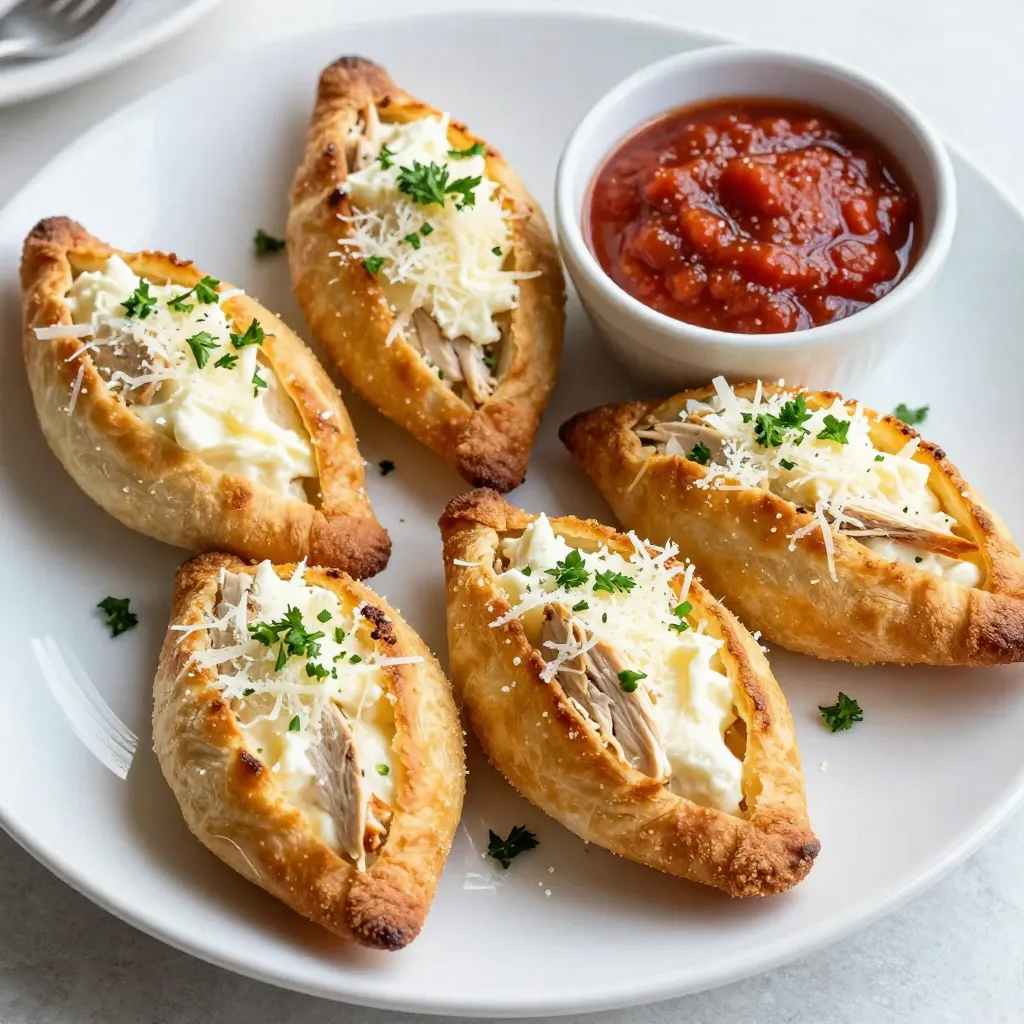 - 2 cups cooked shredded chicken - 1 cup cream cheese, softened to room temperature - 1 cup grated Parmesan cheese - 1 tablespoon garlic powder - 1 tablespoon dried Italian herbs (mixed oregano, basil, thyme) - 1 teaspoon salt - 1/2 teaspoon black pepper - 1 package (8 oz) crescent roll dough - 1 egg, beaten (for egg wash) - Fresh parsley, chopped (for garnishing) Each ingredient plays a key role in the taste of creamy Parmesan chicken pillows. The cooked shredded chicken gives protein and texture. Cream cheese adds creaminess, making each bite rich. Grated Parmesan cheese brings a sharp and nutty flavor. Garlic powder enhances the taste with a savory kick. The dried Italian herbs add warmth and depth. Salt and black pepper balance the flavors, making them pop. Finally, the crescent roll dough creates a flaky and soft outer layer. You can swap cooked shredded chicken for turkey or even tofu for a vegetarian option. If you want a lighter option, use low-fat cream cheese. Parmesan cheese can be replaced with mozzarella or feta for a different twist. Garlic powder can be fresh minced garlic, but remember to adjust the amount. If you lack dried Italian herbs, use fresh herbs; just double the amount. {{ingredient_image_2}} First, set your oven to 375&deg;F (190&deg;C). This heat helps the pillows bake evenly. While it warms up, grab a baking sheet. Line it with parchment paper. This step keeps the pillows from sticking. In a large bowl, combine the cooked shredded chicken, cream cheese, and Parmesan cheese. Add the garlic powder, dried herbs, salt, and black pepper. Mix all these together with a fork or spatula. You want a smooth filling that blends well. Unroll the crescent roll dough. Separate it into triangles. If you use a dough sheet, cut it into equal triangles. Take a heaping tablespoon of the chicken filling. Place it at the wide end of each triangle. Now, roll the dough from the wide end to the pointed end. Pinch the ends to seal them tight. This step is key to keeping the filling inside. Arrange the stuffed pillows on the lined baking sheet. Use a pastry brush to coat the tops with the beaten egg. This gives them a nice golden color. Bake in the oven for 15 to 18 minutes. Look for a puffed-up, golden brown finish. Once done, take them out and let them cool for a few minutes. Before serving, sprinkle fresh chopped parsley on top for a burst of color and flavor. To keep the filling inside, pinch the dough tightly. Make sure the edges touch. If they don&rsquo;t stick, use a bit of water on your fingers. This helps the dough seal better. Always roll from the wide end to the pointed end. This keeps the filling snug inside. You can change the taste by adding extra spices. Try paprika for a smoky flavor. You can also add chopped spinach for freshness. If you like heat, add red pepper flakes. Taste the filling before sealing it. This way, you can adjust the flavors to your liking. Serve your chicken pillows on a nice platter. Add fresh parsley for color and flavor. You can also serve them with marinara sauce for dipping. This adds a fun touch and balances the creamy filling. For a special look, place the pillows on a bed of arugula or mixed greens. Pro Tips Perfectly Seal the Dough: Ensure you pinch the edges of the crescent roll dough tightly to prevent any filling from leaking out during baking. Customize the Filling: Feel free to add your favorite ingredients like spinach, sun-dried tomatoes, or even some cooked bacon for extra flavor. Serve with Sauce: Pair these pillows with a marinara or garlic butter sauce for a delicious dipping experience. Storage Tips: Store any leftovers in an airtight container in the fridge for up to 3 days, and reheat in the oven for best results. {{image_4}} You can change the cheese for a new taste. Try using mozzarella for a meltier bite. Cheddar adds a sharp flavor that many love. For a tangy twist, use goat cheese. Mix different cheeses for a fun blend. You can boost nutrition by adding veggies. Spinach or broccoli works great in this dish. Chopped mushrooms add a nice earthy flavor. Fresh herbs, like basil or thyme, enhance the taste. Mix them into the chicken filling for extra flavor. Not a fan of crescent roll dough? You can use puff pastry for a flakier texture. Biscuit dough also works if you want a denser pillow. For a gluten-free option, try gluten-free dough. Each choice gives a unique twist to your chicken pillows. To store leftover chicken pillows, let them cool first. Place them in an airtight container. They will stay fresh for about three days in the fridge. If you want to keep them longer, consider freezing. When ready to eat, you can reheat the chicken pillows in the oven. Set your oven to 350&deg;F (175&deg;C). Place the pillows on a baking sheet and cover them with foil. Heat for about 10 to 15 minutes, until warmed through. This keeps the pillows crispy. To freeze chicken pillows, wrap each one in plastic wrap. Place them in a freezer bag or container. They can last up to three months in the freezer. When you're ready to eat, thaw them overnight in the fridge. Then, reheat them as mentioned before. Enjoy the taste of a fresh meal! Yes, you can prepare the filling a day in advance. Store it in the fridge. When you are ready, unroll the dough and fill it with the prepared mix. Then, bake as directed. This makes meal prep easy and saves time. These chicken pillows go well with many sides. Here are some great options: - Simple green salad - Roasted vegetables - Garlic bread - Marinara sauce for dipping Each of these adds flavor and texture to your meal. To stop the filling from leaking, pinch the dough tightly at the ends. Make sure you seal them well. Also, avoid overfilling each pillow. A heaping tablespoon of filling works perfectly. Yes, you can make this recipe gluten-free. Use gluten-free crescent roll dough. Many brands offer this option now. Just ensure to check the label for ingredients. In this blog post, we explored the key ingredients needed for delicious Chicken Pillows and how to prepare them step by step. We shared tips for perfecting your dish and offered variations to suit your taste. Finally, I provided storage tips to keep leftovers fresh. Embrace your creativity in the kitchen. Experiment with flavors and techniques. Enjoy every bite of your Chicken Pillows and share them with friends and family!