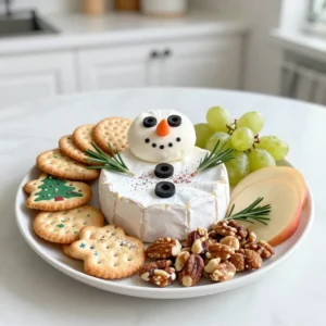 - Round brie cheese (for the snowman&rsquo;s body) - Small round goat cheese (for the snowman&rsquo;s head) - Assorted crackers (butter, multigrain, or festive shapes) - Sliced fruits (grapes, apple slices, dried cranberries) - Carrot (to shape the snowman's nose) - Black olives (for eyes) - Fresh rosemary sprigs (for decoration) - Mixed nuts (almonds, walnuts) - Edible glitter or snowflake-shaped sprinkles To create a fun snowman cheese board, you need a few key ingredients. Start with a round brie cheese for the body. This creamy cheese gives a great base. Next, pick a small round goat cheese for the snowman's head. It adds a nice flavor and shape. You also need assorted crackers. Choose from butter, multigrain, or festive shapes. These will add crunch and variety. Sliced fruits like grapes, apple slices, and dried cranberries provide color and sweetness. They brighten the board and make it more inviting. Don&rsquo;t forget a small carrot. This will shape the snowman&rsquo;s nose. For the eyes, use two black olives. They create a fun look! Fresh rosemary sprigs bring a touch of green for decoration, adding to the winter theme. You can add a handful of mixed nuts, like almonds and walnuts, for a crunchy contrast. Finally, sprinkle some edible glitter or snowflake-shaped sprinkles for that magical touch. This makes the whole board sparkle and shine! {{ingredient_image_2}} 1. Positioning the brie cheese as the base Start with the round brie cheese. Place it at the center of your serving board. This cheese will be the snowman&rsquo;s body. It should sit flat and steady. 2. Placing the goat cheese for the head Next, take the small goat cheese. Gently place it on top of the brie. This forms the charming snowman head. Make sure it sits securely, so it won&rsquo;t topple over. 3. Crafting the carrot nose and olive eyes Trim the carrot into a triangle shape. Firmly insert it into the goat cheese head for the nose, point side out. For the eyes, cut two black olives in half. Press them into the goat cheese to create eyes. You can also use mini chocolate chips for a fun twist! 1. Arranging the assorted crackers Spread the assorted crackers around the cheeses. Choose a mix of shapes and sizes to create a festive pattern. This adds texture and appeal to your board. 2. Filling spaces with fruits and nuts Fill any empty spots on the board with sliced fruits and mixed nuts. Use grapes, apple slices, and dried cranberries for colorful pops. The nuts add a nice crunch. 3. Adding rosemary sprigs for decoration Garnish your cheese board with fresh rosemary sprigs. Place them around the edges. They give a lovely, tree-like effect that fits the Christmas theme. 4. Sprinkling edible glitter as a final touch For a magical finish, lightly sprinkle edible glitter or snowflake-shaped sprinkles across the board. This adds a festive sparkle that will delight your guests. - Use a festive platter to make your cheese board pop. - Include small cheese knives or spreaders for easy serving. A festive platter helps set the mood for your Snowman Christmas Cheese Board. It can be round, square, or shaped like a snowman! Choose a big one so all the goodies fit. Small cheese knives make it easy for guests to enjoy each cheese. They also add a nice touch to the board. - Add whimsical napkins to brighten the table. - Create a vibrant color contrast with fruits and nuts. Whimsical napkins can be fun and festive. Look for ones with snowmen, snowflakes, or Christmas themes. They help bring joy to the table. Use colorful fruits like grapes and apple slices to create contrast. Bright colors make the board more inviting! - Use mini chocolate chips for sweet eyes. - Choose fun-shaped crackers that kids will love. Mini chocolate chips can replace olives for the snowman&rsquo;s eyes. Kids will enjoy this sweet twist! Fun-shaped crackers, like stars or trees, make snacking exciting for little ones. They will love to help build the snowman too! Pro Tips Choose a Variety of Cheeses: Selecting different types of cheeses will enhance the flavor profile of your cheese board and provide a delightful experience for your guests. Balance Colors and Textures: Incorporate a range of colorful fruits, nuts, and crackers to create a visually appealing arrangement that invites guests to dive in. Plan for Serving Size: Ensure you have enough cheese and accompaniments based on the number of guests. A good rule of thumb is about 2-3 ounces of cheese per person. Add Seasonal Touches: Incorporate festive decorations like rosemary or edible glitter to give your cheese board a charming holiday flair and make it more inviting. {{image_4}} You can switch up the cheese for your snowman board. Instead of brie, try cheddar or camembert. They both add great taste and texture. For a fun twist, use vegan cheese. There are many tasty options available today. Look for soft or nut-based cheeses to keep the spirit alive while being dairy-free. When picking fruits, think about what&rsquo;s in season. Fresh grapes, apple slices, and dried cranberries work well. You can use dried fruits for added flavor and texture. They also bring a nice contrast to the creamy cheeses. Fresh fruits add juiciness, while dried fruits give a chewy touch. Mix and match based on what you like! Adding garnishes can make your cheese board pop. You can use fresh herbs like rosemary for a festive look. Edible flowers also add a fun and colorful touch. They make the board feel special and bright. Choose herbs and flowers that are safe to eat. This small step can make a big difference in how your board looks! You can make parts of the snowman cheese board in advance. Start by cutting the fruits and nuts a day before. Store them in airtight containers in the fridge. Keep the crackers in a cool, dry place. This way, they stay crisp. Assemble the board just before serving for the best look. If you have leftovers, pack them carefully. Place the cheese in wax paper or cheese wrap to keep it fresh. Store fruits and nuts in airtight containers. The cheese board can last for up to three days in the fridge. But, the crackers may lose their crunch after one day. For safety, keep dairy products at a cool temperature. The safe range is between 34&deg;F and 40&deg;F. Always wash your hands before serving to avoid germs. Use separate utensils for different foods to prevent cross-contamination. This keeps your cheese board safe and fun for everyone! Yes, you can! You can prepare the board a day in advance. Just keep the cheese covered in the fridge. This helps it stay fresh. Wait to add fruits and crackers until serving time. They taste best when fresh and crisp. I suggest using creamy and mild cheeses. Brie is perfect for the snowman's body. Goat cheese adds a nice tang for the head. You can also try cheddar or camembert. These cheeses pair well with fruits and nuts. To make the cheese board gluten-free, simply choose gluten-free crackers. Many brands offer tasty options. You can also add more fruits and nuts. They add flavor and color without gluten. You can serve a variety of snacks. Think fresh fruits like grapes and apples. Mixed nuts add crunch. Consider adding some sweet treats, too, like chocolate or festive candies. This mix keeps everyone happy! Absolutely! You can get creative. Use mini chocolate chips for eyes or a red pepper for the nose. Fresh herbs can replace rosemary for a different look. The fun is in making it your own! You now have a fun and festive snowman cheese board to impress your guests. Start with brie cheese and goat cheese for the body and head. Fill in with your favorite fruits, nuts, and decorations. Remember to make it colorful and enjoyable for everyone, especially kids. With simple tips on serving and storage, you're ready for any celebration. Enjoy creating your unique cheese board, and don't forget to personalize it to your taste!