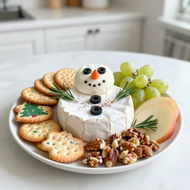 - Round brie cheese (for the snowman’s body) - Small round goat cheese (for the snowman’s head) - Assorted crackers (butter, multigrain, or festive shapes) - Sliced fruits (grapes, apple slices, dried cranberries) - Carrot (to shape the snowman's nose) - Black olives (for eyes) - Fresh rosemary sprigs (for decoration) - Mixed nuts (almonds, walnuts) - Edible glitter or snowflake-shaped sprinkles To create a fun snowman cheese board, you need a few key ingredients. Start with a round brie cheese for the body. This creamy cheese gives a great base. Next, pick a small round goat cheese for the snowman's head. It adds a nice flavor and shape. You also need assorted crackers. Choose from butter, multigrain, or festive shapes. These will add crunch and variety. Sliced fruits like grapes, apple slices, and dried cranberries provide color and sweetness. They brighten the board and make it more inviting. Don’t forget a small carrot. This will shape the snowman’s nose. For the eyes, use two black olives. They create a fun look! Fresh rosemary sprigs bring a touch of green for decoration, adding to the winter theme. You can add a handful of mixed nuts, like almonds and walnuts, for a crunchy contrast. Finally, sprinkle some edible glitter or snowflake-shaped sprinkles for that magical touch. This makes the whole board sparkle and shine! {{ingredient_image_2}} 1. Positioning the brie cheese as the base Start with the round brie cheese. Place it at the center of your serving board. This cheese will be the snowman’s body. It should sit flat and steady. 2. Placing the goat cheese for the head Next, take the small goat cheese. Gently place it on top of the brie. This forms the charming snowman head. Make sure it sits securely, so it won’t topple over. 3. Crafting the carrot nose and olive eyes Trim the carrot into a triangle shape. Firmly insert it into the goat cheese head for the nose, point side out. For the eyes, cut two black olives in half. Press them into the goat cheese to create eyes. You can also use mini chocolate chips for a fun twist! 1. Arranging the assorted crackers Spread the assorted crackers around the cheeses. Choose a mix of shapes and sizes to create a festive pattern. This adds texture and appeal to your board. 2. Filling spaces with fruits and nuts Fill any empty spots on the board with sliced fruits and mixed nuts. Use grapes, apple slices, and dried cranberries for colorful pops. The nuts add a nice crunch. 3. Adding rosemary sprigs for decoration Garnish your cheese board with fresh rosemary sprigs. Place them around the edges. They give a lovely, tree-like effect that fits the Christmas theme. 4. Sprinkling edible glitter as a final touch For a magical finish, lightly sprinkle edible glitter or snowflake-shaped sprinkles across the board. This adds a festive sparkle that will delight your guests. - Use a festive platter to make your cheese board pop. - Include small cheese knives or spreaders for easy serving. A festive platter helps set the mood for your Snowman Christmas Cheese Board. It can be round, square, or shaped like a snowman! Choose a big one so all the goodies fit. Small cheese knives make it easy for guests to enjoy each cheese. They also add a nice touch to the board. - Add whimsical napkins to brighten the table. - Create a vibrant color contrast with fruits and nuts. Whimsical napkins can be fun and festive. Look for ones with snowmen, snowflakes, or Christmas themes. They help bring joy to the table. Use colorful fruits like grapes and apple slices to create contrast. Bright colors make the board more inviting! - Use mini chocolate chips for sweet eyes. - Choose fun-shaped crackers that kids will love. Mini chocolate chips can replace olives for the snowman’s eyes. Kids will enjoy this sweet twist! Fun-shaped crackers, like stars or trees, make snacking exciting for little ones. They will love to help build the snowman too! Pro Tips Choose a Variety of Cheeses: Selecting different types of cheeses will enhance the flavor profile of your cheese board and provide a delightful experience for your guests. Balance Colors and Textures: Incorporate a range of colorful fruits, nuts, and crackers to create a visually appealing arrangement that invites guests to dive in. Plan for Serving Size: Ensure you have enough cheese and accompaniments based on the number of guests. A good rule of thumb is about 2-3 ounces of cheese per person. Add Seasonal Touches: Incorporate festive decorations like rosemary or edible glitter to give your cheese board a charming holiday flair and make it more inviting. {{image_4}} You can switch up the cheese for your snowman board. Instead of brie, try cheddar or camembert. They both add great taste and texture. For a fun twist, use vegan cheese. There are many tasty options available today. Look for soft or nut-based cheeses to keep the spirit alive while being dairy-free. When picking fruits, think about what’s in season. Fresh grapes, apple slices, and dried cranberries work well. You can use dried fruits for added flavor and texture. They also bring a nice contrast to the creamy cheeses. Fresh fruits add juiciness, while dried fruits give a chewy touch. Mix and match based on what you like! Adding garnishes can make your cheese board pop. You can use fresh herbs like rosemary for a festive look. Edible flowers also add a fun and colorful touch. They make the board feel special and bright. Choose herbs and flowers that are safe to eat. This small step can make a big difference in how your board looks! You can make parts of the snowman cheese board in advance. Start by cutting the fruits and nuts a day before. Store them in airtight containers in the fridge. Keep the crackers in a cool, dry place. This way, they stay crisp. Assemble the board just before serving for the best look. If you have leftovers, pack them carefully. Place the cheese in wax paper or cheese wrap to keep it fresh. Store fruits and nuts in airtight containers. The cheese board can last for up to three days in the fridge. But, the crackers may lose their crunch after one day. For safety, keep dairy products at a cool temperature. The safe range is between 34°F and 40°F. Always wash your hands before serving to avoid germs. Use separate utensils for different foods to prevent cross-contamination. This keeps your cheese board safe and fun for everyone! Yes, you can! You can prepare the board a day in advance. Just keep the cheese covered in the fridge. This helps it stay fresh. Wait to add fruits and crackers until serving time. They taste best when fresh and crisp. I suggest using creamy and mild cheeses. Brie is perfect for the snowman's body. Goat cheese adds a nice tang for the head. You can also try cheddar or camembert. These cheeses pair well with fruits and nuts. To make the cheese board gluten-free, simply choose gluten-free crackers. Many brands offer tasty options. You can also add more fruits and nuts. They add flavor and color without gluten. You can serve a variety of snacks. Think fresh fruits like grapes and apples. Mixed nuts add crunch. Consider adding some sweet treats, too, like chocolate or festive candies. This mix keeps everyone happy! Absolutely! You can get creative. Use mini chocolate chips for eyes or a red pepper for the nose. Fresh herbs can replace rosemary for a different look. The fun is in making it your own! You now have a fun and festive snowman cheese board to impress your guests. Start with brie cheese and goat cheese for the body and head. Fill in with your favorite fruits, nuts, and decorations. Remember to make it colorful and enjoyable for everyone, especially kids. With simple tips on serving and storage, you're ready for any celebration. Enjoy creating your unique cheese board, and don't forget to personalize it to your taste!