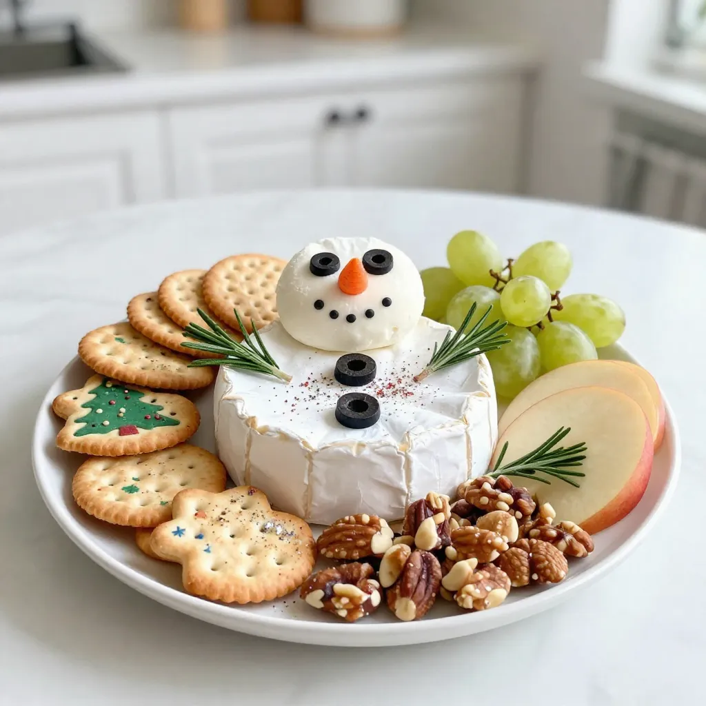 - Round brie cheese (for the snowman’s body) - Small round goat cheese (for the snowman’s head) - Assorted crackers (butter, multigrain, or festive shapes) - Sliced fruits (grapes, apple slices, dried cranberries) - Carrot (to shape the snowman's nose) - Black olives (for eyes) - Fresh rosemary sprigs (for decoration) - Mixed nuts (almonds, walnuts) - Edible glitter or snowflake-shaped sprinkles To create a fun snowman cheese board, you need a few key ingredients. Start with a round brie cheese for the body. This creamy cheese gives a great base. Next, pick a small round goat cheese for the snowman's head. It adds a nice flavor and shape. You also need assorted crackers. Choose from butter, multigrain, or festive shapes. These will add crunch and variety. Sliced fruits like grapes, apple slices, and dried cranberries provide color and sweetness. They brighten the board and make it more inviting. Don’t forget a small carrot. This will shape the snowman’s nose. For the eyes, use two black olives. They create a fun look! Fresh rosemary sprigs bring a touch of green for decoration, adding to the winter theme. You can add a handful of mixed nuts, like almonds and walnuts, for a crunchy contrast. Finally, sprinkle some edible glitter or snowflake-shaped sprinkles for that magical touch. This makes the whole board sparkle and shine! {{ingredient_image_2}} 1. Positioning the brie cheese as the base Start with the round brie cheese. Place it at the center of your serving board. This cheese will be the snowman’s body. It should sit flat and steady. 2. Placing the goat cheese for the head Next, take the small goat cheese. Gently place it on top of the brie. This forms the charming snowman head. Make sure it sits securely, so it won’t topple over. 3. Crafting the carrot nose and olive eyes Trim the carrot into a triangle shape. Firmly insert it into the goat cheese head for the nose, point side out. For the eyes, cut two black olives in half. Press them into the goat cheese to create eyes. You can also use mini chocolate chips for a fun twist! 1. Arranging the assorted crackers Spread the assorted crackers around the cheeses. Choose a mix of shapes and sizes to create a festive pattern. This adds texture and appeal to your board. 2. Filling spaces with fruits and nuts Fill any empty spots on the board with sliced fruits and mixed nuts. Use grapes, apple slices, and dried cranberries for colorful pops. The nuts add a nice crunch. 3. Adding rosemary sprigs for decoration Garnish your cheese board with fresh rosemary sprigs. Place them around the edges. They give a lovely, tree-like effect that fits the Christmas theme. 4. Sprinkling edible glitter as a final touch For a magical finish, lightly sprinkle edible glitter or snowflake-shaped sprinkles across the board. This adds a festive sparkle that will delight your guests. - Use a festive platter to make your cheese board pop. - Include small cheese knives or spreaders for easy serving. A festive platter helps set the mood for your Snowman Christmas Cheese Board. It can be round, square, or shaped like a snowman! Choose a big one so all the goodies fit. Small cheese knives make it easy for guests to enjoy each cheese. They also add a nice touch to the board. - Add whimsical napkins to brighten the table. - Create a vibrant color contrast with fruits and nuts. Whimsical napkins can be fun and festive. Look for ones with snowmen, snowflakes, or Christmas themes. They help bring joy to the table. Use colorful fruits like grapes and apple slices to create contrast. Bright colors make the board more inviting! - Use mini chocolate chips for sweet eyes. - Choose fun-shaped crackers that kids will love. Mini chocolate chips can replace olives for the snowman’s eyes. Kids will enjoy this sweet twist! Fun-shaped crackers, like stars or trees, make snacking exciting for little ones. They will love to help build the snowman too! Pro Tips Choose a Variety of Cheeses: Selecting different types of cheeses will enhance the flavor profile of your cheese board and provide a delightful experience for your guests. Balance Colors and Textures: Incorporate a range of colorful fruits, nuts, and crackers to create a visually appealing arrangement that invites guests to dive in. Plan for Serving Size: Ensure you have enough cheese and accompaniments based on the number of guests. A good rule of thumb is about 2-3 ounces of cheese per person. Add Seasonal Touches: Incorporate festive decorations like rosemary or edible glitter to give your cheese board a charming holiday flair and make it more inviting. {{image_4}} You can switch up the cheese for your snowman board. Instead of brie, try cheddar or camembert. They both add great taste and texture. For a fun twist, use vegan cheese. There are many tasty options available today. Look for soft or nut-based cheeses to keep the spirit alive while being dairy-free. When picking fruits, think about what’s in season. Fresh grapes, apple slices, and dried cranberries work well. You can use dried fruits for added flavor and texture. They also bring a nice contrast to the creamy cheeses. Fresh fruits add juiciness, while dried fruits give a chewy touch. Mix and match based on what you like! Adding garnishes can make your cheese board pop. You can use fresh herbs like rosemary for a festive look. Edible flowers also add a fun and colorful touch. They make the board feel special and bright. Choose herbs and flowers that are safe to eat. This small step can make a big difference in how your board looks! You can make parts of the snowman cheese board in advance. Start by cutting the fruits and nuts a day before. Store them in airtight containers in the fridge. Keep the crackers in a cool, dry place. This way, they stay crisp. Assemble the board just before serving for the best look. If you have leftovers, pack them carefully. Place the cheese in wax paper or cheese wrap to keep it fresh. Store fruits and nuts in airtight containers. The cheese board can last for up to three days in the fridge. But, the crackers may lose their crunch after one day. For safety, keep dairy products at a cool temperature. The safe range is between 34°F and 40°F. Always wash your hands before serving to avoid germs. Use separate utensils for different foods to prevent cross-contamination. This keeps your cheese board safe and fun for everyone! Yes, you can! You can prepare the board a day in advance. Just keep the cheese covered in the fridge. This helps it stay fresh. Wait to add fruits and crackers until serving time. They taste best when fresh and crisp. I suggest using creamy and mild cheeses. Brie is perfect for the snowman's body. Goat cheese adds a nice tang for the head. You can also try cheddar or camembert. These cheeses pair well with fruits and nuts. To make the cheese board gluten-free, simply choose gluten-free crackers. Many brands offer tasty options. You can also add more fruits and nuts. They add flavor and color without gluten. You can serve a variety of snacks. Think fresh fruits like grapes and apples. Mixed nuts add crunch. Consider adding some sweet treats, too, like chocolate or festive candies. This mix keeps everyone happy! Absolutely! You can get creative. Use mini chocolate chips for eyes or a red pepper for the nose. Fresh herbs can replace rosemary for a different look. The fun is in making it your own! You now have a fun and festive snowman cheese board to impress your guests. Start with brie cheese and goat cheese for the body and head. Fill in with your favorite fruits, nuts, and decorations. Remember to make it colorful and enjoyable for everyone, especially kids. With simple tips on serving and storage, you're ready for any celebration. Enjoy creating your unique cheese board, and don't forget to personalize it to your taste!
