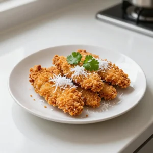 For this Coconut Crunch Chicken, you need: - 4 boneless, skinless chicken breasts - 1 cup unsweetened shredded coconut - 1 cup panko breadcrumbs - 1/2 cup all-purpose flour - 2 large eggs - 1 teaspoon garlic powder - 1 teaspoon onion powder - Salt and freshly ground black pepper to taste The chicken forms the base of this dish. The coating includes coconut and panko breadcrumbs. I love using unsweetened coconut for a rich flavor. Panko gives it that extra crunch. Coconut oil is key for frying. It adds a light coconut flavor. The oil also helps achieve a perfect golden color. You can use vegetable oil or canola oil if you'd like. However, they won't give the same taste as coconut oil. For garnishing, I suggest using fresh cilantro or parsley. They add a nice pop of color. You can also try lime wedges for a zesty touch. If you want extra flavor, consider adding a mango salsa or a fresh salad. These add freshness and balance to the crispy chicken. {{ingredient_image_2}} 1. Mixing dry ingredients: In a medium bowl, combine flour, garlic powder, onion powder, salt, and pepper. This blend adds great flavor to the chicken. 2. Beating the eggs: In a separate bowl, beat the two eggs until they are mixed well. This egg wash helps the coating stick to the chicken. 3. Combining coconut and panko: In another bowl, mix the unsweetened shredded coconut with panko breadcrumbs. This mix gives the chicken its crunchy texture. 1. Step-by-step process for coating: Take a chicken breast and dip it in the flour mixture first. Shake off any extra flour. Next, dip it into the beaten eggs. Let any excess egg drip off. Finally, press the chicken into the coconut and panko mix, coating all sides well. 2. Tips to ensure even coverage: Make sure to press firmly into the coconut mix. This step is key for a thick and crunchy coating. 1. Heating oil correctly: In a large skillet, heat the coconut oil over medium heat until it shimmers. This signals it's hot enough for frying. 2. Key frying tips for the perfect crunch: Place the coated chicken gently into the hot oil. Do not overcrowd the skillet; this keeps the oil hot. Fry each piece for about 5-7 minutes on each side until golden brown. 3. Ensuring chicken is fully cooked: Check the internal temperature of the chicken. It should reach 165&deg;F (74&deg;C) to be safe to eat. If needed, fry in batches, adding more oil as required. To get that ideal crunch, focus on your breading technique. Start with dry hands to keep the coating intact. Use three bowls for the coating process: one for flour, one for eggs, and one for the coconut-panko mix. Dip your chicken in flour first. This helps the egg stick better. After that, dunk it in the egg. Finally, press it into the coconut and panko mix. Make sure to cover all sides well. Cook at a medium temperature. If the oil is too hot, the chicken burns on the outside. If it&rsquo;s too cool, the chicken will soak up oil. Aim for about 350&deg;F (175&deg;C). Fry each piece for 5-7 minutes per side. Look for a golden color; that&rsquo;s your sign it&rsquo;s ready! One big mistake is overcrowding the skillet. When you add too many pieces, the oil cools down. This leads to soggy chicken instead of crispy. Fry in small batches to keep the oil hot. Another issue is not letting the oil heat enough. Always wait until it shimmers before adding chicken. A drop of water should sizzle when it hits the oil. This means you're ready to fry! Use a heavy-bottomed skillet for frying. Cast iron works great, as it holds heat well. A non-stick skillet is another good option. Both types help prevent sticking and ensure even cooking. For quick prep, have a pair of tongs handy. They help turn the chicken without messing up the coating. A slotted spoon can also help lift the chicken out of the oil. These tools will make your cooking easier and more fun! Pro Tips Use Fresh Ingredients: Always opt for fresh chicken breasts and high-quality coconut for the best flavor and texture in your dish. Maintain Oil Temperature: Ensure the coconut oil is hot enough before frying; too low of a temperature will result in greasy chicken. Double Dipping for Extra Crunch: For an even crunchier coating, consider double-dipping the chicken in the egg and breadcrumb mixture. Let it Rest: After frying, let the chicken rest for a few minutes before serving to lock in moisture and enhance the flavor. {{image_4}} You can easily change the flavor of your coconut crunch chicken. Adding spices or herbs to the coating brings new tastes. Try adding paprika for a little heat or dried thyme for a fresh twist. You can also make it sweet. A touch of cinnamon or allspice in the coating adds a warm flavor. This will give a fun contrast to the coconut. If you want to switch up the protein, chicken is not your only option. You can use shrimp or fish. They both fry quickly and soak up the coconut flavor well. For a plant-based choice, use tofu or tempeh. Just make sure to press the tofu first to remove extra moisture. Pair your coconut crunch chicken with delicious side dishes. A fresh salad or mango salsa works great. The salad adds crunch and the salsa brings sweetness. For dipping sauces, try a sweet chili sauce or a tangy yogurt dip. These will enhance the crispy chicken even more. To keep your coconut crunch chicken fresh, let it cool first. Place it in an airtight container. This helps lock in moisture and flavor. You can also use a glass dish with a lid. Make sure to use a container that is big enough. This prevents the chicken from getting squished. To freeze coconut crunch chicken, ensure it's completely cool. Wrap each piece tightly in plastic wrap. Then, place the wrapped chicken in a freezer bag. Squeeze out as much air as possible before sealing. For reheating, let it thaw in the fridge overnight. Reheat in an oven at 350&deg;F (175&deg;C) until hot, about 15-20 minutes. You can store leftovers in the fridge for up to 3 days. If you notice any strange smell or color, it&rsquo;s best to toss it. Look for signs like a slimy texture or mold. Always taste a small piece if you feel unsure. It's better to be safe than sorry! To make your chicken extra crispy, follow these tips: - Use panko breadcrumbs: These are light and create a better crunch. - Double coat: Dip the chicken in flour, then egg, and coat again with the coconut-panko mix. - Dry the chicken: Pat the chicken dry before coating to help the crust stick better. - Fry in batches: Avoid overcrowding the skillet. This keeps the oil hot and helps form a crunchy crust. By following these steps, your coconut crunch chicken will have that perfect crispy bite. Yes, you can bake the coconut crunch chicken. Here&rsquo;s how: 1. Preheat your oven to 400&deg;F (200&deg;C). 2. Line a baking sheet with parchment paper. 3. Place the coated chicken on the baking sheet with space in between each piece. 4. Spray the chicken lightly with cooking spray or brush with coconut oil for a golden finish. 5. Bake for 20-25 minutes, flipping halfway through, until the chicken is cooked through and crispy. Baking may not give you the same crunch as frying, but it&rsquo;s a healthier option. Yes, you can make coconut crunch chicken gluten-free. Here are some ideas: - Use gluten-free flour: Substitute all-purpose flour with almond flour or a gluten-free blend. - Choose gluten-free breadcrumbs: Look for gluten-free panko or make your own by grinding gluten-free crackers. With these swaps, you can enjoy this dish without gluten. In this article, we explored the key elements of making coconut crunch chicken. We covered the essential ingredients, cooking oil options, and the best garnishes. I shared step-by-step instructions for preparation and tips to achieve the perfect crunch. Remember to avoid common mistakes, use the right equipment, and explore variations that excite your palate. Finally, proper storage helps keep leftovers fresh. Enjoy creating your delicious coconut crunch chicken, and don't hesitate to get creative as you cook!