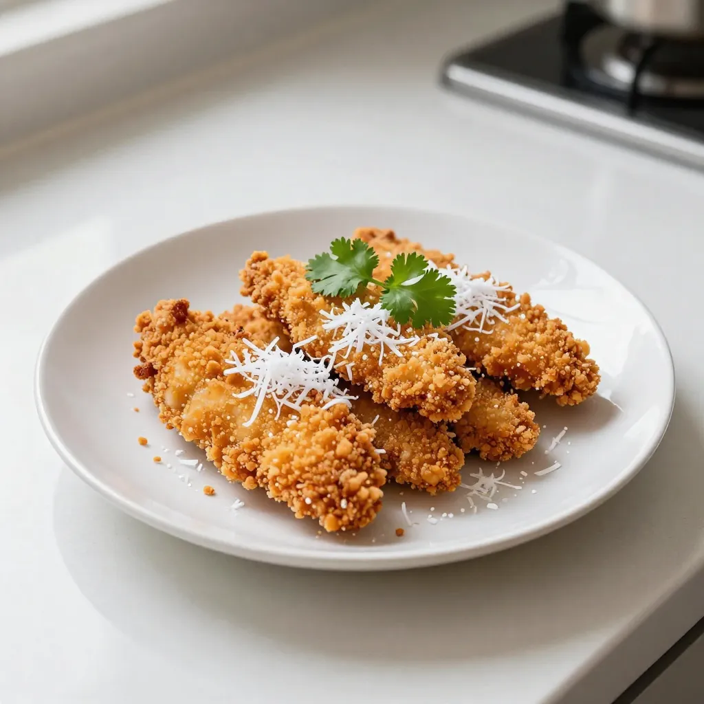 For this Coconut Crunch Chicken, you need: - 4 boneless, skinless chicken breasts - 1 cup unsweetened shredded coconut - 1 cup panko breadcrumbs - 1/2 cup all-purpose flour - 2 large eggs - 1 teaspoon garlic powder - 1 teaspoon onion powder - Salt and freshly ground black pepper to taste The chicken forms the base of this dish. The coating includes coconut and panko breadcrumbs. I love using unsweetened coconut for a rich flavor. Panko gives it that extra crunch. Coconut oil is key for frying. It adds a light coconut flavor. The oil also helps achieve a perfect golden color. You can use vegetable oil or canola oil if you'd like. However, they won't give the same taste as coconut oil. For garnishing, I suggest using fresh cilantro or parsley. They add a nice pop of color. You can also try lime wedges for a zesty touch. If you want extra flavor, consider adding a mango salsa or a fresh salad. These add freshness and balance to the crispy chicken. {{ingredient_image_2}} 1. Mixing dry ingredients: In a medium bowl, combine flour, garlic powder, onion powder, salt, and pepper. This blend adds great flavor to the chicken. 2. Beating the eggs: In a separate bowl, beat the two eggs until they are mixed well. This egg wash helps the coating stick to the chicken. 3. Combining coconut and panko: In another bowl, mix the unsweetened shredded coconut with panko breadcrumbs. This mix gives the chicken its crunchy texture. 1. Step-by-step process for coating: Take a chicken breast and dip it in the flour mixture first. Shake off any extra flour. Next, dip it into the beaten eggs. Let any excess egg drip off. Finally, press the chicken into the coconut and panko mix, coating all sides well. 2. Tips to ensure even coverage: Make sure to press firmly into the coconut mix. This step is key for a thick and crunchy coating. 1. Heating oil correctly: In a large skillet, heat the coconut oil over medium heat until it shimmers. This signals it's hot enough for frying. 2. Key frying tips for the perfect crunch: Place the coated chicken gently into the hot oil. Do not overcrowd the skillet; this keeps the oil hot. Fry each piece for about 5-7 minutes on each side until golden brown. 3. Ensuring chicken is fully cooked: Check the internal temperature of the chicken. It should reach 165°F (74°C) to be safe to eat. If needed, fry in batches, adding more oil as required. To get that ideal crunch, focus on your breading technique. Start with dry hands to keep the coating intact. Use three bowls for the coating process: one for flour, one for eggs, and one for the coconut-panko mix. Dip your chicken in flour first. This helps the egg stick better. After that, dunk it in the egg. Finally, press it into the coconut and panko mix. Make sure to cover all sides well. Cook at a medium temperature. If the oil is too hot, the chicken burns on the outside. If it’s too cool, the chicken will soak up oil. Aim for about 350°F (175°C). Fry each piece for 5-7 minutes per side. Look for a golden color; that’s your sign it’s ready! One big mistake is overcrowding the skillet. When you add too many pieces, the oil cools down. This leads to soggy chicken instead of crispy. Fry in small batches to keep the oil hot. Another issue is not letting the oil heat enough. Always wait until it shimmers before adding chicken. A drop of water should sizzle when it hits the oil. This means you're ready to fry! Use a heavy-bottomed skillet for frying. Cast iron works great, as it holds heat well. A non-stick skillet is another good option. Both types help prevent sticking and ensure even cooking. For quick prep, have a pair of tongs handy. They help turn the chicken without messing up the coating. A slotted spoon can also help lift the chicken out of the oil. These tools will make your cooking easier and more fun! Pro Tips Use Fresh Ingredients: Always opt for fresh chicken breasts and high-quality coconut for the best flavor and texture in your dish. Maintain Oil Temperature: Ensure the coconut oil is hot enough before frying; too low of a temperature will result in greasy chicken. Double Dipping for Extra Crunch: For an even crunchier coating, consider double-dipping the chicken in the egg and breadcrumb mixture. Let it Rest: After frying, let the chicken rest for a few minutes before serving to lock in moisture and enhance the flavor. {{image_4}} You can easily change the flavor of your coconut crunch chicken. Adding spices or herbs to the coating brings new tastes. Try adding paprika for a little heat or dried thyme for a fresh twist. You can also make it sweet. A touch of cinnamon or allspice in the coating adds a warm flavor. This will give a fun contrast to the coconut. If you want to switch up the protein, chicken is not your only option. You can use shrimp or fish. They both fry quickly and soak up the coconut flavor well. For a plant-based choice, use tofu or tempeh. Just make sure to press the tofu first to remove extra moisture. Pair your coconut crunch chicken with delicious side dishes. A fresh salad or mango salsa works great. The salad adds crunch and the salsa brings sweetness. For dipping sauces, try a sweet chili sauce or a tangy yogurt dip. These will enhance the crispy chicken even more. To keep your coconut crunch chicken fresh, let it cool first. Place it in an airtight container. This helps lock in moisture and flavor. You can also use a glass dish with a lid. Make sure to use a container that is big enough. This prevents the chicken from getting squished. To freeze coconut crunch chicken, ensure it's completely cool. Wrap each piece tightly in plastic wrap. Then, place the wrapped chicken in a freezer bag. Squeeze out as much air as possible before sealing. For reheating, let it thaw in the fridge overnight. Reheat in an oven at 350°F (175°C) until hot, about 15-20 minutes. You can store leftovers in the fridge for up to 3 days. If you notice any strange smell or color, it’s best to toss it. Look for signs like a slimy texture or mold. Always taste a small piece if you feel unsure. It's better to be safe than sorry! To make your chicken extra crispy, follow these tips: - Use panko breadcrumbs: These are light and create a better crunch. - Double coat: Dip the chicken in flour, then egg, and coat again with the coconut-panko mix. - Dry the chicken: Pat the chicken dry before coating to help the crust stick better. - Fry in batches: Avoid overcrowding the skillet. This keeps the oil hot and helps form a crunchy crust. By following these steps, your coconut crunch chicken will have that perfect crispy bite. Yes, you can bake the coconut crunch chicken. Here’s how: 1. Preheat your oven to 400°F (200°C). 2. Line a baking sheet with parchment paper. 3. Place the coated chicken on the baking sheet with space in between each piece. 4. Spray the chicken lightly with cooking spray or brush with coconut oil for a golden finish. 5. Bake for 20-25 minutes, flipping halfway through, until the chicken is cooked through and crispy. Baking may not give you the same crunch as frying, but it’s a healthier option. Yes, you can make coconut crunch chicken gluten-free. Here are some ideas: - Use gluten-free flour: Substitute all-purpose flour with almond flour or a gluten-free blend. - Choose gluten-free breadcrumbs: Look for gluten-free panko or make your own by grinding gluten-free crackers. With these swaps, you can enjoy this dish without gluten. In this article, we explored the key elements of making coconut crunch chicken. We covered the essential ingredients, cooking oil options, and the best garnishes. I shared step-by-step instructions for preparation and tips to achieve the perfect crunch. Remember to avoid common mistakes, use the right equipment, and explore variations that excite your palate. Finally, proper storage helps keep leftovers fresh. Enjoy creating your delicious coconut crunch chicken, and don't hesitate to get creative as you cook!