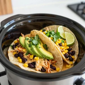 - 2 pounds boneless, skinless chicken breasts - 1 cup of your favorite jarred queso sauce - 1 can (15 oz) black beans, drained and rinsed - 1 cup corn kernels (fresh or frozen) - 1 tablespoon taco seasoning - 1 medium onion, finely diced - 2 cloves garlic, minced - 1 bell pepper (any color), diced - Salt and pepper to taste - Tortillas (choose soft or hard shell for serving) - Optional toppings: fresh cilantro, avocado slices, lime wedges This dish is a true delight. You start with chicken breasts, which are a great protein source. The queso sauce adds a creamy touch that everyone loves. I like to use black beans for extra fiber and texture. Corn kernels add sweetness and crunch, making each bite fun. Don&rsquo;t forget the seasonings! Taco seasoning brings bold flavors. Onion and garlic add depth. Bell pepper gives a nice color and taste. Salt and pepper round out the dish perfectly. When serving, choose your favorite tortillas. I recommend soft ones for a cozy bite. Top with fresh cilantro for color and flavor. Ripe avocado slices add creaminess. A squeeze of lime juice brightens everything. This meal is easy to prepare and full of flavor. It&rsquo;s a hit for taco night or any gathering! {{ingredient_image_2}} 1. Layering chicken in the slow cooker Start by placing the boneless, skinless chicken breasts at the bottom of your slow cooker. This helps them cook evenly. Lay them flat to ensure they cook well. 2. Mixing the sauce and vegetable ingredients In a bowl, combine the onion, garlic, bell pepper, black beans, corn, taco seasoning, and queso sauce. Mix everything together. Ensure the ingredients are well blended for the best flavor. 1. Setting the slow cooker Once the chicken and mixture are ready, pour the vibrant mix over the chicken. Season with salt and pepper to your taste. Cover the slow cooker and set it to cook on low for 6-8 hours or high for 3-4 hours. 2. Tips for timing and checking doneness Check the chicken at around 3 hours on high or 6 hours on low. The chicken should be fully cooked and shred easily with a fork. If it is not, give it more time. 1. Shredding the chicken When the cooking time is up, use two forks to shred the chicken in the slow cooker. Stir it into the queso mixture. This helps the chicken soak up all the tasty flavors. 2. Letting the flavors blend before serving After shredding, let the mixture sit for 10 minutes with the lid on. This step allows the flavors to blend. Now, you are ready to serve your warm, cheesy queso chicken in tortillas. Enjoy! To make your slow cooker queso chicken tacos the best, you need even cooking. Lay the chicken breasts flat in the slow cooker. This helps them cook evenly. Use a meat thermometer to check the chicken. It should reach 165&deg;F for safety. Adjusting seasoning is key. Taste the mixture before serving. If it needs more flavor, add salt or taco seasoning. You want the spices to shine through. Food safety is very important. Always wash your hands before handling raw chicken. Store chicken in the fridge until you're ready to cook. After cooking, do not leave it out for more than two hours. Make sure to cook the chicken long enough. If you undercook it, it won't shred well. Follow the cooking times: 6-8 hours on low or 3-4 hours on high. For a great look, serve the tacos on a colorful platter. Use soft or hard tortillas, depending on your guests' preferences. Add lime wedges and avocado slices around the tacos for color. Garnish with fresh cilantro. It not only looks good but also adds fresh flavor. Make the dish inviting and fun for everyone to enjoy! Pro Tips Use Fresh Ingredients: Opt for fresh vegetables and herbs to enhance the flavor of your tacos. Fresh cilantro and ripe avocados will elevate the taste and presentation. Customize Your Queso: Feel free to mix different queso sauces or add spices to the queso for a unique flavor profile. Experimenting can lead to delightful surprises! Shred the Chicken While Hot: Shredding the chicken immediately after cooking keeps it moist and allows it to soak up more of the queso sauce, enhancing flavor. Serve with a Variety of Toppings: Provide a range of toppings like diced tomatoes, jalape&ntilde;os, and sour cream for guests to customize their tacos to their liking. {{image_4}} You can use many kinds of queso sauce. Try spicy queso for a kick or a creamy white queso for a milder taste. If you want to switch the black beans, use pinto beans or even kidney beans. For corn, fresh corn is great, but frozen corn works well too. Want some heat? Add diced jalape&ntilde;os to the mix. They pack flavor and spice. If the family prefers milder tacos, skip the jalape&ntilde;os. You can also use sweet bell peppers for a touch of sweetness instead. For a vegetarian option, swap the chicken for mushrooms or jackfruit. Both absorb flavor well. If you're gluten-free, choose corn tortillas. They are tasty and fit right in with the theme. Enjoy making this meal your own! To store your leftover slow cooker queso chicken tacos, place them in an airtight container. Make sure to let them cool first. Store the container in the fridge for up to four days. When reheating, use the microwave or stovetop. Add a splash of water or broth to keep it moist. Cover the dish while reheating to trap steam. This helps avoid drying out the chicken. If you want to freeze the dish, pack it in a freezer-safe container. Use a container that seals tightly to avoid air exposure. You can also use freezer bags for more space-saving. Write the date on the bag or container. This helps you remember when to use it. The dish can last up to three months in the freezer. You can eat the chicken tacos within four days when stored in the fridge. If frozen, aim to consume them within three months for the best taste. Always check for signs of spoilage. If you see mold or an off smell, throw it away. Make sure to enjoy your tacos before they go bad! Cooking time depends on your slow cooker settings. If you cook on low, it takes about 6 to 8 hours. On high, it cooks in 3 to 4 hours. The chicken should be fully cooked and easy to shred when done. Yes, you can use frozen chicken breasts. Just make sure to adjust the cooking time. If cooking on low, it may take an extra hour. If on high, it could take an extra 30 minutes. Always check that the chicken reaches a safe internal temperature of 165&deg;F. You can serve many tasty sides with your tacos. Here are some great options: - Mexican rice - Refried beans - Fresh salsa - Guacamole - Chips and queso - A simple salad These sides add color and flavor to your meal, making it even more enjoyable. This blog post shared how to make tasty slow cooker queso chicken tacos. You learned about the main ingredients, cooking steps, and serving tips. I also covered storage methods and answered common questions. With easy swaps and adjustments, you can customize this dish to fit your taste. Enjoy your cooking journey and savor the delicious results!