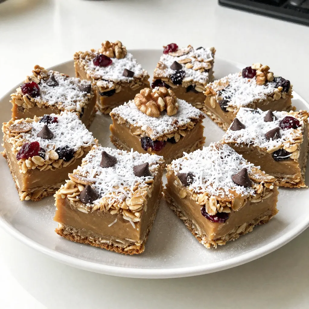 - 1 cup rolled oats - 1 cup almond butter (or your favorite nut butter) - 1/2 cup honey or maple syrup - 1/2 cup unsweetened shredded coconut - 1/4 cup mini chocolate chips - 1/4 cup dried cranberries, roughly chopped - 1/4 cup chopped nuts (such as walnuts or pecans) - 1 teaspoon pure vanilla extract - 1/2 teaspoon ground cinnamon - A pinch of sea salt These ingredients create a tasty mix. The oats give it texture. Nut butter adds creaminess and protein. Honey or maple syrup acts as a sweetener and binder. Shredded coconut brings flavor and chewiness. Mini chocolate chips add fun and sweetness. Dried cranberries offer a fruity bite. Chopped nuts add crunch. Vanilla extract and cinnamon enhance the overall taste. The sea salt balances all the flavors. You can switch up the recipe to make it your own. Here are some ideas: - Use peanut butter or cashew butter instead of almond butter. - Swap honey for agave syrup for a vegan option. - Add dried fruits like raisins or apricots for more flavor. - Mix in seeds like chia or flax for added nutrition. - Try different types of chocolate, like white or dark. These options let you play with flavors and textures. Feel free to get creative! If you have dietary needs, here are some easy swaps: - For gluten-free, make sure to use certified gluten-free oats. - For nut-free, use sunflower seed butter instead of nut butter. - If you want a lower sugar option, use a sugar substitute like stevia. These substitutions help everyone enjoy the cookie medley. Just remember to adjust cooking times if needed. Enjoy making this festive treat! {{ingredient_image_2}} First, grab a big mixing bowl. Add 1 cup of rolled oats, 1 cup of almond butter, and 1/2 cup of honey or maple syrup. Use a sturdy spoon to stir these three ingredients together. Keep stirring until the mixture clumps together. Make sure everything is well mixed. This is the base for your cookie medley. Now it’s time to make it fun! Add 1/2 cup of unsweetened shredded coconut, 1/4 cup of mini chocolate chips, 1/4 cup of chopped dried cranberries, and 1/4 cup of chopped nuts. Don't forget to drizzle in 1 teaspoon of pure vanilla extract, sprinkle in 1/2 teaspoon of ground cinnamon, and add a pinch of sea salt. Mix everything well. You want to see all the yummy bits spread out evenly. Next, prepare an 8x8-inch baking dish. Line it with parchment paper, leaving some paper hanging over the edges. This will help you lift the cookies out later. Spoon the cookie mixture into your dish. Use a spatula or your hands to press it down firmly. Make it nice and compact. Cover the dish with plastic wrap or a lid. Place it in the fridge for at least 2 hours. This helps the cookies set up. After chilling, lift the cookie medley out using the parchment paper. Cut it into squares or bars. For a festive touch, drizzle some melted dark chocolate over the top before serving! To make your no-bake cookies stick, use the right amount of nut butter. I recommend one cup of almond butter or your favorite nut butter. Honey or maple syrup also helps bind the mix. Use half a cup for best results. Be sure to mix these ingredients well. This ensures everything combines evenly and holds together. Texture is key for no-bake cookies. You want them chewy but firm. Start with one cup of rolled oats for a great base. Adding shredded coconut gives a nice chewiness, too. For a bit of crunch, include chopped nuts. I like walnuts or pecans. Mix everything until it feels sticky. If it’s too crumbly, add a little more nut butter. Presentation makes a big difference. After cutting your cookie medley into squares, place them on a pretty platter. For a festive touch, sprinkle some powdered sugar on top. You can also add extra dried cranberries for color. Drizzling melted dark chocolate over the squares adds a tasty flair. Enjoy your beautiful holiday treat! Pro Tips Use Different Nut Butters: Experiment with various nut butters like cashew or peanut for unique flavors. Customize Your Mix-ins: Feel free to swap in your favorite dried fruits, seeds, or spices to match your taste preferences. Storage Tips: Keep the cookie squares in an airtight container in the refrigerator for up to a week for optimal freshness. Chocolate Drizzle Variations: Try white chocolate or flavored chocolate for an exciting twist on the traditional dark chocolate drizzle. {{image_4}} You can change the flavors of your no-bake Christmas cookie medley. Add pumpkin spice for fall vibes or peppermint extract for a winter twist. Use dried fruits like apricots or figs for a unique taste. You can even try adding orange zest for a citrusy kick. These small changes make your cookies feel festive and fresh. Want a vegan version? Swap honey for maple syrup. Use a nut butter that is vegan-friendly, like almond or cashew butter. For gluten-free cookies, make sure your oats are labeled gluten-free. You can enjoy these treats without worry, making them great for everyone at your holiday table. Get creative with add-ins! Try adding chia seeds or flaxseeds for extra nutrition. You can also mix in dark chocolate chunks or white chocolate chips for a sweet surprise. For toppings, consider melting white chocolate or drizzling caramel over your squares. These fun ideas can make your no-bake cookies more exciting and delicious! To store your no-bake cookies, place them in an airtight container. You can layer the squares with parchment paper to prevent sticking. Keep them in the fridge for the best taste and texture. They will stay fresh and firm this way. If you want to save some for later, freezing works great. Wrap each cookie square in plastic wrap. Place them in a freezer-safe bag or container. They can last for up to three months in the freezer. Just thaw them in the fridge before you enjoy them. These no-bake cookies are perfect for sharing and gifting. In the fridge, they last about a week. If you have any left after a week, check for any signs of spoilage. If stored properly, they maintain their taste and texture for quite some time. Yes, you can use different nut butters. Almond butter is great, but peanut butter works well too. Cashew butter adds a nice flavor. Choose your favorite nut butter to make it your own. No-bake cookies last about one week in the fridge. Store them in an airtight container to keep them fresh. If you freeze them, they can last up to three months. You can use agave syrup or brown rice syrup instead of honey or maple syrup. These options add sweetness and keep the cookies moist. You can also try using date syrup for a unique flavor. Yes, you can make these cookies ahead of time. Prepare them a few days in advance and store them in the fridge. They taste great after chilling, so they are perfect for holiday planning. This blog post covered how to make no-bake cookies with ease. You learned about key ingredients, step-by-step mixing, and tips for great texture and looks. We also explored fun variations for all diets and how to store your cookies. No-bake cookies are simple and fun to make. You can personalize them in many ways. Enjoy sharing your cookie medley with friends and family for smiles and satisfied taste buds!