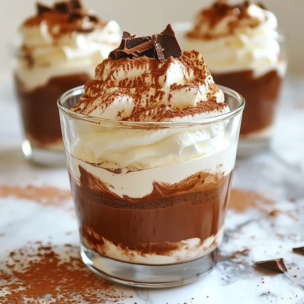 To make Baileys Chocolate Mousse Cups, you need a few simple ingredients. These will create a rich and creamy dessert that everyone loves. Here&rsquo;s what you will need: - 200g dark chocolate (70% cocoa), chopped into small pieces - 3 large eggs, separated into whites and yolks - 2 tablespoons granulated sugar - 1 teaspoon pure vanilla extract - 250ml heavy cream, chilled - A pinch of salt - Cocoa powder or chocolate shavings, for garnish Each ingredient adds a layer of flavor and texture. Dark chocolate provides a deep taste. Eggs help create that light and airy mousse. Heavy cream gives it a rich creaminess. Sugar balances the bitterness of chocolate. Vanilla adds warmth, and a pinch of salt enhances all the flavors. You can also get creative with your garnishes. Cocoa powder adds a classic touch, while chocolate shavings look fancy. These choices make the dessert not just tasty but beautiful too. {{ingredient_image_2}} To melt the chocolate, use a double boiler. Place chopped dark chocolate in a heatproof bowl. Set the bowl over a pot of simmering water. Make sure the bowl does not touch the water. Stir the chocolate often until it melts completely. Once it is smooth, remove it from heat. Let it cool for a moment, but do not let it harden. Clean tools help you whip egg whites well. Use a dry mixing bowl to add the egg whites and a pinch of salt. Beat the egg whites with an electric mixer at medium speed. When soft peaks form, add sugar slowly. Then increase the speed to high. Whip until the mixture is thick and glossy. This step is key for a light mousse. In a new bowl, mix egg yolks with vanilla extract. Whisk until the mixture is creamy and light. Next, add the melted chocolate into the yolk mixture. Stir carefully to blend well. Now, take one-third of the whipped egg whites and fold it into the chocolate mix. Fold gently, then add the rest of the egg whites in two parts. Be careful not to deflate the mixture; you want it light and fluffy. In another cold bowl, whip the heavy cream with an electric mixer. Mix until soft peaks form. Now, fold the whipped cream into the chocolate mixture. Do this until fully mixed. The mousse should be rich and airy. Use a spoon or a pastry bag to fill small cups or glasses with the mousse. Fill them about three-quarters full for garnishing space. Once filled, place the mousse cups in the refrigerator. Chill them for at least two hours. This time helps the mousse set and become firm. Before serving, add a touch of flair. Dust the tops with cocoa powder or add chocolate shavings. This makes the dessert look elegant. You can also add a dollop of whipped cream and a mint sprig for color. Use clear glasses to show off the beautiful layers. To make great Baileys Chocolate Mousse, pay close attention to your egg whites and cream. Here are some tips: - Whipping Egg Whites: Ensure your bowl and tools are very clean. Any fat can stop the whites from whipping well. Beat until you see soft peaks, then add sugar. Keep going until you have stiff peaks. This makes the mousse light. - Whipping Cream: When you whip cream, stop when you see soft peaks. Don&rsquo;t overbeat, or it can turn to butter. - Melting Chocolate: Melt the chocolate gently. If it&rsquo;s too hot, it can cook the eggs. Let it cool slightly before mixing with the yolks. Your Baileys Chocolate Mousse Cups deserve a lovely presentation. Here are some ideas: - Pairing Ideas: Serve with fresh berries, like raspberries or strawberries. Their tartness balances the rich mousse well. - Garnishing Suggestions: Use cocoa powder or chocolate shavings on top. A dollop of whipped cream adds a nice touch. For color, place a mint leaf on top. Sometimes, things don&rsquo;t go as planned. Here are some common problems and their fixes: - Mousse Doesn&rsquo;t Set: If it stays runny, it might need more chill time. Ensure it sits in the fridge for at least two hours. If it still doesn&rsquo;t set, you can try adding more whipped cream next time. - Texture Issues: If your mousse feels grainy, you may have mixed the chocolate when it was too hot. Always let it cool slightly before mixing. To fix texture, gently fold in a bit more whipped cream to soften it. Pro Tips Use Quality Chocolate: Opt for high-quality dark chocolate with at least 70% cocoa for a richer flavor and smoother texture in your mousse. Room Temperature Ingredients: Ensure that your eggs are at room temperature before whipping. This helps achieve better volume and stability in the mousse. Chill Your Tools: For best results, chill your mixing bowls and beaters before whipping the cream and egg whites. This keeps them cool and helps the ingredients whip up nicely. Fold Gently: When combining the mixtures, use a gentle folding technique to maintain airiness. This will keep the mousse light and fluffy, avoiding deflation. {{image_4}} You can easily change the taste of your Baileys Chocolate Mousse Cups. Try using different liqueurs. For example, Kahlua or Frangelico can add a unique twist. If you prefer non-alcoholic options, add espresso or flavored extracts. You can also switch up the chocolate type. Dark chocolate gives a rich taste, while milk chocolate offers a creamier flavor. If you love white chocolate, feel free to use that too. Each choice gives the mousse a distinct profile that can surprise and delight your guests. If you need a dairy-free mousse, swap heavy cream for coconut cream. It&rsquo;s thick and adds a lovely flavor. For a vegan version, use aquafaba instead of egg whites. Aquafaba is the liquid from canned chickpeas. It whips up just like egg whites! You can also use a dairy-free chocolate option. For a healthier mousse, consider sugar substitutes like maple syrup or agave nectar. These sweeteners can reduce the calorie count while still providing sweetness. You can serve this mousse in many ways. For smaller portions, use shot glasses or mini cups. This makes for a fun presentation at parties. If you want a larger serving, opt for dessert bowls. Just remember to adjust the ingredients if you increase the serving size. For example, double the recipe if you want to serve eight people. Always keep the ratios of chocolate, cream, and eggs the same for the best results. To keep your Baileys Chocolate Mousse Cups fresh, store them properly. First, cover each cup tightly with plastic wrap. This helps prevent air from getting in and keeps the mousse smooth. You can also use airtight containers. Just make sure they fit well in your fridge. - Use plastic wrap for individual cups. - Airtight containers work great too. These mousse cups can last up to three days in the fridge. After that, they may lose their taste and texture. If you want to save them longer, you can freeze them. To freeze, place the mousse cups in a freezer-safe container. Make sure to leave some space for the mousse to expand. When you're ready to eat, thaw the mousse in the fridge for several hours. Do not thaw at room temperature, as this can change the texture. Enjoy your delicious treat while it's fresh! You can use several alternatives for heavy cream. If you want a dairy option, try whole milk mixed with butter. Use one cup of whole milk and add 1/4 cup of melted butter. For non-dairy options, coconut cream works well. Just chill a can of coconut milk overnight, then scoop out the solid cream. You can also use almond milk with a bit of cornstarch to thicken it. Yes, you can make this mousse ahead of time. It holds up well in the fridge for a day or two. Just cover the cups with plastic wrap to keep them fresh. Making it the night before is a great idea. This way, the flavors get better as they chill. Using raw eggs can pose a risk of salmonella. To stay safe, buy pasteurized eggs. They are treated to kill bacteria without cooking the egg. If you want to avoid eggs, try using silken tofu blended until smooth. This gives a creamy texture without the risk. Chill the mousse for at least 2 hours. This time helps it set properly. The mousse becomes firm and gains the right texture. For best results, let it chill overnight. It will be even richer and more delicious. This blog provided a simple guide for making Baileys Chocolate Mousse. You learned about key ingredients, step-by-step instructions, and tips for success. You can now customize your mousse with different flavors and serve it beautifully. Remember, the more you practice, the better your mousse will taste. Enjoy your creamy creation and impress your friends with your skills. Happy cooking!