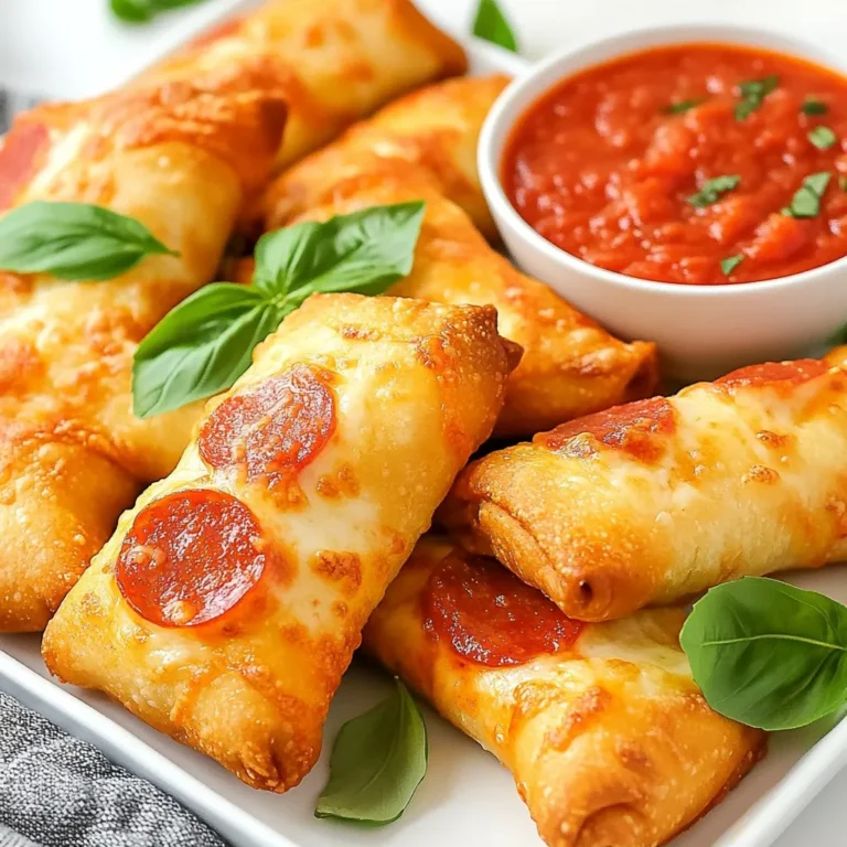 To make tasty pizza rolls, gather these simple items: - 1 cup shredded mozzarella cheese - 1 cup pepperoni slices (or chopped veggies) - 1 cup pizza sauce (plus extra for dipping) - 10-12 egg roll wrappers - 1 tablespoon Italian seasoning - 1 tablespoon olive oil - Cooking spray These ingredients combine for a fun snack that kids and adults love. If you want to change things up, here are some great swaps: - Use cheddar cheese instead of mozzarella for a sharper taste. - Swap pepperoni for cooked sausage or diced chicken for a different flavor. - Try spinach or mushrooms if you prefer a veggie option. These substitutes make your pizza rolls unique and still delicious. Add some flair to your pizza rolls with these extras: - Fresh basil leaves, torn for garnish - Grated Parmesan cheese for a salty touch - Crushed red pepper flakes for some heat Garnishes make your dish look nice and add extra flavor. Enjoy your crispy pizza rolls with a twist! {{ingredient_image_2}} To start, gather your ingredients. In a large mixing bowl, combine: - 1 cup shredded mozzarella cheese - 1 cup pepperoni slices (or chopped veggies for a veggie option) - 1 cup pizza sauce - 1 tablespoon Italian seasoning Mix these items gently until they blend well. Make sure the cheese is coated with sauce. This step is key for flavor. Next, take an egg roll wrapper. Lay it flat with one corner facing you. Spoon about 2 tablespoons of the filling into the center. Then, fold the bottom corner up over the filling. Next, fold in the sides. Roll it tightly away from you. Press down the edges to seal. Repeat this for all wrappers and filling. Preheat your air fryer to 375°F (190°C) for about 5 minutes. While it heats, brush or spray each roll with olive oil. This helps them get crispy. Place the rolls in the basket in a single layer. Don't overcrowd them. Cook in batches if needed. Air fry the rolls for 8-10 minutes. Flip them halfway through cooking. They should look golden brown and crispy. After cooking, let them cool for a minute. Serve hot with extra pizza sauce for dipping. If you like, add torn fresh basil leaves for a nice touch. To get that perfect crispy texture, you must use olive oil. Brush or spray the pizza rolls lightly before cooking. This step creates a golden crust. The oil helps the heat circulate evenly. Make sure to preheat your air fryer for five minutes. A hot fryer cooks the rolls better. Do not overcrowd the air fryer basket. Place the rolls in a single layer. If you have many rolls, cook them in batches. This way, each roll gets the hot air it needs. It helps them cook evenly and become crispy all around. After cooking, let the pizza rolls cool down for a minute. Store leftovers in an airtight container. They stay fresh for about three days. If you want to freeze them, wrap each roll in plastic wrap. To reheat, place them back in the air fryer at 375°F for about five minutes. This makes them crispy again, just like fresh! Pro Tips Use Fresh Ingredients: For the best flavor, use fresh mozzarella and high-quality pepperoni or veggies. Fresh ingredients enhance the overall taste of your pizza rolls. Don’t Overfill: Be cautious not to overfill the egg roll wrappers. Overfilling can cause them to burst during cooking, leading to a messy air fryer. Experiment with Flavors: Feel free to get creative with your fillings! Try different cheeses, meats, or vegetables to customize your pizza rolls to your taste. Check for Crispiness: Every air fryer cooks differently. Keep an eye on the rolls during the last few minutes of cooking to achieve your desired level of crispiness. {{image_4}} You can easily make these pizza rolls vegetarian. Simply swap the pepperoni for chopped veggies. Bell peppers, mushrooms, or spinach work great. This change keeps the flavor bold and delicious. You still get that cheesy goodness with the mozzarella. Add a bit more pizza sauce for moisture and taste. While mozzarella is classic, feel free to mix it up. Try cheddar for a sharper bite. Provolone adds a nice creaminess. For a gourmet twist, use fontina or gouda. Blend different cheeses for a unique flavor that excites your taste buds. Just remember to keep the cheese melty and gooey. Boost your pizza rolls with extra spices or herbs. Add Italian seasoning for a classic touch. Red pepper flakes can give it a spicy kick. Garlic powder adds great depth. Fresh herbs like basil or oregano can enhance the freshness. Mix and match to find your favorite flavor combinations! To store leftover pizza rolls, let them cool first. Place them in an airtight container. This keeps them fresh and tasty for later. Make sure to eat them within three days for the best flavor. You can freeze pizza rolls for a longer time. Freeze them before cooking for the best results. Place the uncooked rolls on a baking sheet. Ensure they are not touching each other. Freeze them for about one hour until firm. Then, transfer them to a freezer bag. They can last up to three months in the freezer. Use airtight containers made of glass or plastic for storing pizza rolls. If freezing, use heavy-duty freezer bags. This helps prevent freezer burn. Label your containers with the date. This way, you will know when to use them. Yes, you can use many fillings. Try different cheeses like cheddar or ricotta. You can also use veggies like mushrooms, spinach, or bell peppers. If you want a meat option, use cooked sausage or ham. Just remember to keep the ratio similar. This way, your rolls will still taste great. You can store leftover pizza rolls in the fridge for up to three days. Just place them in an airtight container. This keeps them fresh and safe to eat. If you want to keep them longer, freeze them for up to two months. Just make sure to wrap them well. The air fryer is the best way to reheat pizza rolls. Preheat your air fryer to 375°F (190°C). Place the rolls in a single layer and cook for about 5-7 minutes. This will make them crispy again. You can also use a microwave, but they won't be as crunchy. You've learned how to make pizza rolls from scratch. We covered key ingredients, step-by-step prep, and tips for crispness. Don't forget options for different flavors and storage methods. Enjoy customizing your rolls, and remember to store leftovers properly for later. With these simple steps, you can create delicious snacks anytime. Enjoy making your pizza rolls!