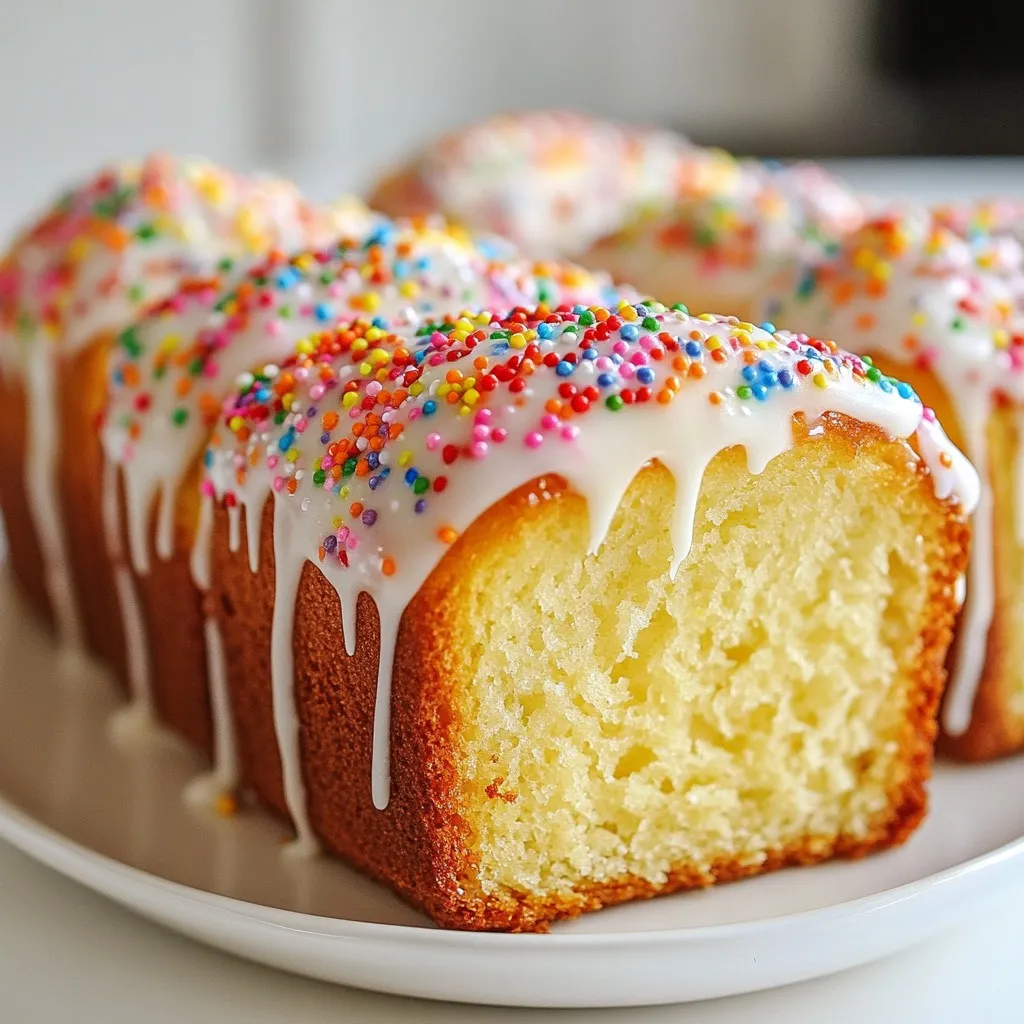 To make Christmas Sprinkle Vanilla Bread, gather these key ingredients: - 3 cups all-purpose flour - 1 tablespoon baking powder - ½ teaspoon salt - 1 teaspoon ground cinnamon - ½ cup unsalted butter, softened - 1 cup granulated sugar - 3 large eggs, at room temperature - 1 tablespoon pure vanilla extract - 1 cup whole milk, at room temperature - ½ cup colorful sprinkles, plus more for decoration - ½ cup powdered sugar (for icing) - 1-2 tablespoons milk (for icing consistency) These ingredients create a soft and tasty bread full of flavor and fun. If you need substitutes, here are some options: - Flour: Use whole wheat flour for a healthier version. - Butter: Coconut oil works well as a dairy-free alternative. - Sugar: Brown sugar can add a richer flavor. - Eggs: Replace with flax eggs (1 tablespoon flaxseed meal + 2.5 tablespoons water). - Milk: Almond or oat milk are good non-dairy choices. - Sprinkles: Use chocolate chips or dried fruit for different flavors. These swaps let you customize the bread to your taste and dietary needs. To make your bread extra festive, try these toppings: - Drizzle more icing on top before serving. - Add crushed nuts for a crunchy texture. - Use seasonal fruits like cranberries or pomegranate seeds. - Top with whipped cream for a delightful treat. These additions make your Christmas Sprinkle Vanilla Bread even more special and eye-catching. Enjoy the process and have fun decorating! {{ingredient_image_2}} 1. Start by preheating your oven to 350°F (175°C). This step is key for even baking. 2. Grease a 9x5-inch loaf pan. You can also line it with parchment paper for easy removal. 3. In a medium bowl, combine and whisk these dry ingredients: - 3 cups all-purpose flour - 1 tablespoon baking powder - ½ teaspoon salt - 1 teaspoon ground cinnamon Set this mixture aside for later. 4. In a large mixing bowl, cream together: - ½ cup unsalted butter, softened - 1 cup granulated sugar Use a hand mixer or stand mixer on medium speed for 3-4 minutes. The mixture should be light and fluffy. 5. Add in three large eggs, one at a time. Mix well after each addition. Then, stir in 1 tablespoon of pure vanilla extract until combined. 6. Gradually add the dry mixture to the wet mixture. Alternate this with 1 cup of whole milk. Start and finish with the flour mixture. Mix just until combined to keep the bread light. 7. Gently fold in ½ cup of colorful sprinkles. This adds a festive touch to your batter. 1. Carefully pour the batter into the prepared loaf pan. Use a spatula to smooth the top. 2. Place the loaf pan in the oven and bake for 50-60 minutes. 3. Check if it's done by inserting a toothpick into the center. It should come out clean. 4. Once baked, take the pan out of the oven. Let the bread cool in the pan for about 10 minutes. 5. Gently transfer the bread to a wire rack to cool completely. 1. In a small bowl, whisk together: - ½ cup powdered sugar - 1-2 tablespoons milk Mix until smooth and drizzle-able. Adjust the consistency by adding more milk if needed. 2. Once the bread is fully cooled, drizzle the icing over the top. 3. For a final festive touch, sprinkle additional colorful sprinkles on top. This bread is now ready to be sliced, served, and enjoyed! To get the best texture for your Christmas Sprinkle Vanilla Bread, follow these steps: - Use room temperature ingredients. This helps them mix well. - Do not over-mix the batter. This can make the bread tough. - Fold in the sprinkles gently. This keeps them from sinking. When you bake, the oven temperature matters. Always preheat it to 350°F (175°C). This ensures even cooking. Check your bread with a toothpick. If it comes out clean, your bread is ready. Here are some mistakes to steer clear of: - Skipping the weighing of flour. Too much flour can lead to dense bread. - Not creaming the butter and sugar enough. This step adds air for a light texture. - Forgetting to grease the pan. This can make the bread stick and break. Make sure to set a timer. It helps keep track of baking time. If your bread is browning too fast, cover it with foil. Here are tools that make baking easier: - A 9x5-inch loaf pan. This size works best for this recipe. - A hand mixer or stand mixer. They save time and mix better. - Measuring cups and spoons. Accurate measurements are key to great bread. - A whisk for dry ingredients. It helps mix them evenly. Having these tools ready will make your baking smoother. Happy baking! Pro Tips Use Room Temperature Ingredients: Make sure your butter, eggs, and milk are at room temperature. This helps create a smoother batter and ensures better incorporation of ingredients, leading to a light and fluffy bread. Don’t Overmix: When combining the dry and wet ingredients, mix just until combined. Overmixing can develop gluten and result in a dense texture instead of a light loaf. Customize Your Sprinkles: Feel free to use holiday-themed sprinkles or even chocolate chips for a different flavor twist. This can add a personal touch to your festive bread. Check for Doneness: Insert a toothpick into the center of the bread to check for doneness. If it comes out clean or with a few crumbs attached, your bread is ready. Avoid opening the oven too early to prevent collapsing. {{image_4}} You can elevate the flavor of your Christmas Sprinkle Vanilla Bread easily. Here are some ideas: - Citrus Zest: Add zest from lemon or orange for a bright taste. - Nuts: Chopped walnuts or pecans add a nice crunch. - Dried Fruit: Diced cranberries or raisins give a sweet chew. Mix these in with the sprinkles for a tasty twist. Each option brings a unique flair, making your bread special. You can still enjoy this bread if you need gluten-free or dairy-free options. Here’s how: - Flour: Use a gluten-free all-purpose blend. Check that it includes xanthan gum. - Butter: Substitute with coconut oil or a dairy-free spread. - Milk: Use almond milk or oat milk for a great taste. These changes keep the spirit of the dish while fitting your needs. Serving your Christmas Sprinkle Vanilla Bread can be fun and festive. Here are some ideas: - Toast It: Serve warm slices with butter or jam. - French Toast: Dip slices in egg and fry for a sweet breakfast treat. - Dessert Board: Place the bread on a platter with fruit, cheese, and chocolate. These ideas make each bite special and add joy to your holiday table. To keep your Christmas Sprinkle Vanilla Bread fresh, store it in an airtight container. This helps trap moisture and keeps the bread soft. You can also wrap it tightly in plastic wrap or aluminum foil. Place it in a cool, dry place away from direct sunlight. The bread stays tasty for up to three days at room temperature. Freezing is a great option if you want to save your bread for later. First, let the bread cool completely. Then, slice it into pieces for easy access. Wrap each slice tightly in plastic wrap or aluminum foil. Place the wrapped slices in a freezer-safe bag. Label the bag with the date. The bread can stay fresh for up to three months in the freezer. When you're ready to enjoy, simply thaw at room temperature. To bring your bread back to life, reheating is key. Preheat your oven to 350°F (175°C). Place the bread on a baking sheet and cover it with aluminum foil. This keeps it from drying out. Heat for about 10-15 minutes or until warmed through. If you prefer, you can also use a microwave. Heat individual slices for about 15-20 seconds. This method works well and keeps the bread soft. Enjoy your festive treat warm! Yes, you can make this bread ahead of time. Bake it a day or two in advance. Once cooled, wrap it tightly in plastic wrap. This will keep it fresh. Store it at room temperature or in the fridge. Just remember to let it warm up before serving. To make this bread vegan, swap the eggs for flax eggs. Mix 1 tablespoon of ground flaxseed with 2.5 tablespoons of water. Let it sit for 5 minutes to thicken. Use plant-based butter instead of regular butter. Choose a non-dairy milk like almond or oat milk. These simple swaps work well and keep the bread tasty. If you lack colorful sprinkles, don’t worry! You can use chocolate chips or nuts instead. Chopped dried fruit can add color too. Even plain bread tastes great. Just remember, the sprinkles add fun and color. So, if you find some, use them next time! This blog covered how to make Christmas Sprinkle Vanilla Bread. We explored essential ingredients, helpful substitutes, and tasty toppings. I shared step-by-step instructions and useful tips to perfect your baking. Variations include gluten-free options and fun ways to serve. We also discussed storage techniques and answered common questions. Enjoy making this bread. It will add joy to your celebrations. Baking is fun and brings everyone together. Celebrate the season with this tasty treat!