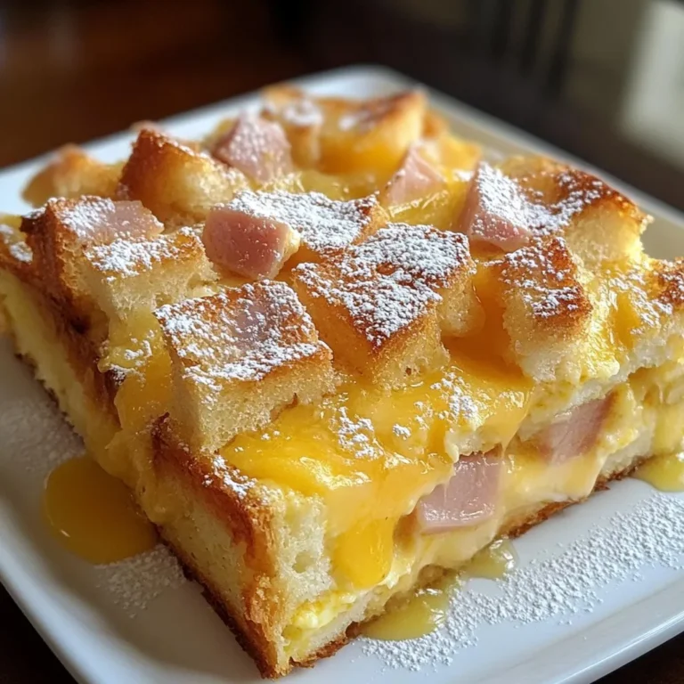 - 6 slices of brioche bread, cut into cubes - 1 cup cooked ham, diced into small pieces - 1 cup cooked turkey or chicken, diced into small pieces - 1 cup shredded Swiss cheese, divided - 6 large eggs, at room temperature - 1 cup whole milk, preferably whole - 1 teaspoon Dijon mustard - 1 teaspoon garlic powder - 1/2 teaspoon salt - 1/4 teaspoon black pepper - Powdered sugar for finishing - Maple syrup for serving The main ingredients form the heart of the Monte Cristo Breakfast Casserole. The brioche bread gives a sweet, soft base. I enjoy using this bread for its rich flavor. The diced ham and turkey (or chicken) add protein and a savory touch. Swiss cheese melts beautifully and enhances the dish's creaminess. Next, we have the additional ingredients. The eggs and whole milk create a custard-like mixture. This binds the casserole together, making each bite tender. Dijon mustard and garlic powder bring a kick of flavor. Finally, don’t forget the powdered sugar and maple syrup for serving. They add a sweet finish that makes this dish special. With these ingredients, you can create a flavorful and easy breakfast dish. I love that it feeds a crowd. It's perfect for brunch or a cozy morning at home. {{ingredient_image_2}} - Preheat the oven to 350°F (175°C). - Grease a 9x13-inch baking dish with butter or spray. This helps the casserole not stick. - Start by layering the brioche bread cubes in the dish. Spread them out well. - In a bowl, mix the diced ham, turkey or chicken, and half of the Swiss cheese. Stir until combined. - Sprinkle this meat and cheese mix over the bread cubes evenly. - Now, whisk together the eggs, milk, Dijon mustard, garlic powder, salt, and black pepper in another bowl. Whisk until it’s mixed well. - Pour this egg mixture slowly over the bread and meat layers. Press down gently to soak the bread. - Then, sprinkle the remaining Swiss cheese on top for a cheesy crust. - Cover the dish with foil to keep it moist. Bake in the oven for 30 minutes. - After 30 minutes, take off the foil. Bake for another 15-20 minutes until the top is golden and puffy. - Let the casserole cool for about 5 minutes. Dust with powdered sugar for a sweet touch before serving. To make your Monte Cristo Breakfast Casserole shine, focus on two key steps. First, ensure even soaking of the bread. Spread the brioche cubes evenly in the dish. Pour the egg mixture slowly and press down gently. This helps all the bread soak up the flavors. Second, always use room temperature eggs. This helps them blend better with the milk and creates a fluffier casserole. Serving is just as fun as cooking! Pair your casserole with warm maple syrup. The sweet syrup enhances the savory flavors. You can also add fresh fruit on the side. Berries or slices of kiwi look beautiful and taste great. They add color and freshness to your plate. Enjoy your meal in style! Pro Tips Use Day-Old Bread: Using slightly stale brioche bread will help it absorb the egg mixture better, resulting in a richer texture. Mix and Match Meats: Feel free to substitute ham and turkey with other meats like bacon or sausage for a different flavor profile. Let it Soak: For best results, let the assembled casserole sit in the refrigerator for 30 minutes or overnight to allow the bread to soak up the egg mixture. Cheese Variations: Experiment with different types of cheese, such as cheddar or gouda, for a unique twist on the classic Swiss flavor. {{image_4}} You can easily change the recipe to fit your taste. Here are some fun swaps: - Substitute the brioche bread: You can use challah, croissants, or even whole wheat bread. Each option adds a new flavor and texture. - Use different types of cheese: Swiss cheese is great, but you can try cheddar, gouda, or even pepper jack. These cheeses will change the taste and make it unique. Want to take your casserole to the next level? Add some of these ingredients: - Add herbs or spices: Fresh herbs like thyme or parsley can brighten the dish. You can also add some paprika for a little kick. - Incorporate vegetables like spinach or bell peppers: Chopped spinach adds color and nutrients. Bell peppers add sweetness. Mix them in with the meats for extra flavor and crunch. After you enjoy your Monte Cristo breakfast casserole, let it cool. Once it's cool, cover it tightly. Store it in the fridge. It tastes best within 3-4 days. The flavors stay great, but the texture may change a bit over time. You can freeze this casserole for later. Cut it into portions before freezing. Wrap each piece in plastic wrap, then place it in a freezer bag. This way, it stays fresh for up to three months. To reheat, take out a piece and let it thaw in the fridge overnight. Then, heat in the oven at 350°F (175°C) for about 20 minutes. This keeps it warm and tasty, just like when it was fresh. Yes, you can prepare this casserole the night before. Just follow these steps: - Assemble the casserole in your baking dish. - Cover it tightly with plastic wrap or foil. - Refrigerate overnight. When you are ready to bake, just remove the cover and pop it in the oven. You may need to bake it a bit longer since it will be cold. This casserole pairs well with many sides and drinks. Here are some great ideas: - Fresh fruit, like berries or sliced kiwi, adds color and flavor. - A light salad can balance the dish's richness. - Serve with a side of crispy bacon or sausage for extra protein. - For drinks, try fresh orange juice or a warm cup of coffee. Absolutely! You can swap meats to suit your taste. Here are some options: - Use only ham or turkey if you prefer. - For a vegetarian twist, add sautéed mushrooms or spinach. - Tofu can serve as a protein substitute for a plant-based option. - Feel free to mix in different cheeses for added flavor. This blog post showed you how to make a delicious Monte Cristo Breakfast Casserole. You learned about the key ingredients, from brioche bread to egg mixtures, and the best steps to assemble and bake it. With helpful tips for perfecting this dish and ideas for variations, you can now create a tasty meal that fits your taste. Consider making it ahead or customizing it to your liking. Enjoy this dish for breakfast, brunch, or any time you crave comfort food!