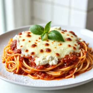 - 300g spaghetti - 2 cups marinara sauce - 1 cup ricotta cheese - 2 cups shredded mozzarella cheese - 1/2 cup grated Parmesan cheese - 1 large egg - 1 teaspoon garlic powder - 1 teaspoon Italian seasoning - Salt and pepper to taste - Fresh basil leaves for garnish (optional) - Use 300 grams of spaghetti. This amount serves six people. - For sauce, measure 2 cups of marinara. This adds rich flavor. - Ricotta cheese needs to be 1 cup. It makes the dish creamy. - Two cups of shredded mozzarella give that gooey texture we all love. - Use 1/2 cup of grated Parmesan for a nice salty kick. - One large egg helps bind the mixture. - One teaspoon each of garlic powder and Italian seasoning adds depth to the flavor. - Adjust salt and pepper to your taste. Start small, you can add more later. - Fresh basil is optional, but it brightens up the dish visually and in flavor. - You can swap spaghetti for any pasta shape you prefer. - If you don't have marinara, any tomato-based sauce works well. - Cottage cheese can replace ricotta if you need a lighter option. - For a dairy-free twist, try vegan mozzarella cheese. - Instead of Parmesan, nutritional yeast gives a cheesy flavor for vegan diets. - Use a flax egg to replace the large egg for a vegan version. - If you want more herbs, try adding dried oregano or thyme instead of Italian seasoning. - You can also add cooked veggies like spinach or mushrooms for extra nutrients. {{ingredient_image_2}} To make Cheesy Baked Spaghetti, you need to follow a few simple steps. First, gather all your ingredients. You will need spaghetti, marinara sauce, ricotta cheese, mozzarella cheese, Parmesan cheese, a large egg, garlic powder, Italian seasoning, salt, and pepper. This dish is easy to prepare and perfect for the whole family. 1. Preheat your oven to 375&deg;F (190&deg;C). This gets it ready for baking. 2. Cook the spaghetti: Fill a large pot with salted water. Bring it to a boil. Add the spaghetti and cook it until al dente. This usually takes about 8-10 minutes. Once cooked, drain the spaghetti and let it cool a bit. 3. Make the cheese mixture: In a medium bowl, mix ricotta cheese, 1 cup of shredded mozzarella, grated Parmesan cheese, the egg, garlic powder, Italian seasoning, and a pinch of salt and pepper. Blend it well until smooth. 4. Layer the marinara sauce: In a large baking dish, spread half of the marinara sauce evenly on the bottom. This adds flavor to the dish. 5. Add the spaghetti: Place the drained spaghetti over the marinara sauce. Spread it out evenly. 6. Spoon on the cheese mixture: Take dollops of the ricotta mixture and spread it over the spaghetti. Make sure it&rsquo;s as even as possible. 7. Top with more sauce: Pour the rest of the marinara sauce gently over the spaghetti and cheese. This keeps the spaghetti moist while baking. 8. Finish with cheese: Sprinkle the remaining mozzarella cheese on top. This will give you that gooey, cheesy finish everyone loves. 9. Cover the dish: Use aluminum foil to cover the baking dish tightly. This helps keep the moisture in. 10. Bake covered: Place the dish in the oven and bake for 25 minutes. This allows all the flavors to come together. 11. Remove the foil: After 25 minutes, take off the foil. Bake for another 10-15 minutes. You want the cheese to be bubbling and lightly golden. 12. Cool and garnish: Take the dish out of the oven and let it cool for about 5 minutes. This makes it easier to slice. If you like, garnish with fresh basil leaves. This adds color and flavor to your dish. To make the cheese mixture great, mix ricotta, mozzarella, and Parmesan well. Adding an egg helps bind everything together. It makes the mixture creamy and rich. Use garlic powder and Italian seasoning for flavor. Taste it before using. Adjust salt and pepper as needed. This step is key for a tasty dish. Cooking spaghetti to al dente means it stays firm when you bite it. Bring salted water to a boil before adding the pasta. Cook it according to the package time, usually around 8-10 minutes. Stir occasionally to avoid sticking. When done, drain the spaghetti but do not rinse it. This keeps the starch, which helps the sauce cling. For serving, cut the baked spaghetti into squares for easy portions. Place each piece on a warm plate. Drizzle extra marinara sauce on top for added flavor. A sprinkle of extra Parmesan cheese makes it look fancy. Finish with fresh basil leaves for a pop of color and taste. These touches make your dish shine at the table. Pro Tips Perfect Pasta: Make sure to cook the spaghetti just until al dente, as it will continue to cook in the oven. This ensures it doesn&rsquo;t become too soft. Cheese Choices: Feel free to experiment with different cheeses! Adding some provolone or gouda can enhance the flavor profile and add a unique twist. Marinara Magic: For an extra layer of flavor, consider adding saut&eacute;ed vegetables or Italian sausage to the marinara sauce before layering it in the dish. Make Ahead: This dish can be assembled a day in advance. Just cover it tightly and refrigerate until you&rsquo;re ready to bake. It may need a few extra minutes in the oven if baked straight from the fridge. {{image_4}} You can easily make a vegetarian version of cheesy baked spaghetti. Just skip the meat and add more veggies. Some great options are spinach, mushrooms, or zucchini. Chop them up and mix them into the cheese layer. You get more color and nutrients this way. The taste stays rich and creamy, which is key for comfort food. If you need a gluten-free meal, use gluten-free spaghetti. Many brands make pasta from rice or corn. They taste great and cook well. Follow the same steps in the recipe. You won&rsquo;t lose any flavor, and everyone can enjoy this dish together. Add extra flavors to make your dish special. Try adding red pepper flakes for some heat. You can also mix in some diced tomatoes for a juicy bite. If you love herbs, fresh basil or oregano will lift the dish. You can even add cooked sausage or pepperoni for a meaty twist. These add-ins let you personalize your cheesy baked spaghetti to your taste. After enjoying your cheesy baked spaghetti, store the leftovers in an airtight container. This keeps the dish fresh. Let it cool down to room temperature first. Then, cover it tightly. The leftovers will last for about three to four days in the fridge. If you want to keep it longer, freezing is a good option. To reheat, use your oven for the best results. Preheat it to 350&deg;F (175&deg;C). Place the spaghetti in an oven-safe dish. Cover it with foil to prevent drying out. Heat for about 20 minutes or until warm. You can also use the microwave. Place a portion in a microwave-safe bowl. Heat for 1-2 minutes, stirring halfway through. To freeze, first, let the spaghetti cool completely. Cut it into serving sizes for easier defrosting. Wrap each portion tightly in plastic wrap, then place them in a freezer bag. Be sure to label the bags with the date. Cheesy baked spaghetti can last in the freezer for about two to three months. When ready to eat, thaw it overnight in the fridge before reheating. Yes, you can prepare Cheesy Baked Spaghetti ahead of time. Just follow the recipe up to the baking step. Cover the dish with foil and store it in the fridge. When you are ready to bake, just add about 10 extra minutes to the baking time for chilled spaghetti. This makes it easy for busy days. If you don&rsquo;t have ricotta cheese, you can use cottage cheese. Blend it smooth to mimic the texture. Cream cheese is another option. You can also use Greek yogurt for a tangy twist. Each choice will give a nice creamy flavor to the dish. To heat things up, add red pepper flakes to the marinara sauce. You can also mix in diced jalape&ntilde;os or hot sausage into the cheese mixture. If you love spicy, try a spicy marinara sauce. These changes will make your Cheesy Baked Spaghetti delightfully fiery. Cheesy Baked Spaghetti goes well with a fresh salad. A simple green salad with vinaigrette works great. You can also serve garlic bread on the side for a tasty crunch. For a veggie boost, add steamed broccoli or a side of roasted vegetables. These pairings make the meal more filling and colorful. This post covered how to make Cheesy Baked Spaghetti. We went over the best ingredients, exact measurements, and smart substitutions. You learned the step-by-step cooking process and tips for perfecting the dish. I shared delicious variations and how to store leftovers. Remember, you can customize this dish to fit your taste. Now, it's time to try making it yourself! You'll impress friends and family with this easy meal.