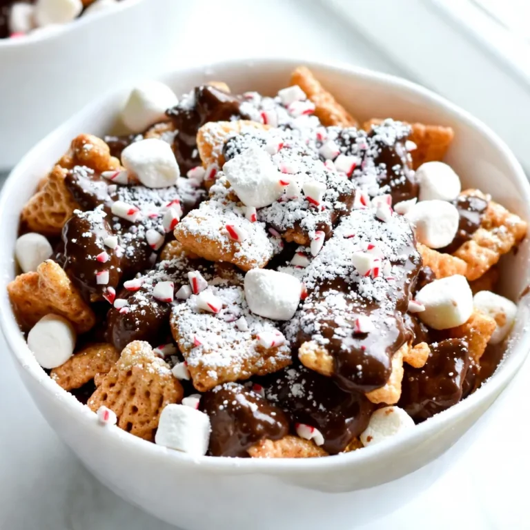 To make Peppermint Bark Puppy Chow, you need some key ingredients. Here’s what you’ll require: - 6 cups Rice Chex cereal - 1 cup semisweet chocolate chips - 1/2 cup white chocolate chips - 1 teaspoon peppermint extract - 1 cup powdered sugar - 1 cup crushed peppermint candies (or candy canes) - 1/2 cup mini marshmallows (optional) These ingredients create a sweet and crunchy mix. The Rice Chex cereal forms a great base. The chocolate chips add a rich flavor. The peppermint extract gives it a festive twist. You can customize your Puppy Chow. Here are some fun optional add-ins: - 1/2 cup mini marshmallows - Sprinkles in holiday colors - Drizzle of extra chocolate on top Adding mini marshmallows makes it chewy and fun. Sprinkles add color and joy. You can also drizzle some melted chocolate to make it look fancy. If you don't have an ingredient, don't worry! Here are some easy swaps: - Use Corn Chex cereal instead of Rice Chex. - Swap dark chocolate chips for semisweet. - Use almond extract if you lack peppermint. These substitutions keep the flavor while letting you use what you have. Don't be afraid to experiment! {{ingredient_image_2}} To make Peppermint Bark Puppy Chow, you start with some simple steps. First, gather all your ingredients. You will need Rice Chex cereal, chocolate chips, and peppermint candies. This treat is easy to make and fun for everyone. Next, you need to melt the chocolate. Take a microwave-safe bowl. Add 1 cup of semisweet chocolate chips and 1/2 cup of white chocolate chips. Heat it in the microwave for 30 seconds. After that, stir the mixture well. Repeat this process until the chocolate is smooth. This will take about 1 to 2 minutes. When it is melted, stir in 1 teaspoon of peppermint extract. This adds that holiday flavor. Now, it’s time to coat the cereal. Pour the melted chocolate over the 6 cups of Rice Chex cereal in a large bowl. Use a spatula or wooden spoon to gently fold the cereal. Make sure every piece is covered in chocolate. Next, combine 1 cup of powdered sugar and 1 cup of crushed peppermint candies in a zip-top bag. Seal it tightly and shake it well. Then, add the chocolate-coated cereal to the bag. Shake again until the cereal is fully coated. If you want, fold in 1/2 cup of mini marshmallows for extra sweetness. Finally, spread the mixture onto a baking sheet lined with parchment paper. Let it cool for about 30 minutes to firm up. Enjoy your festive treat! To make the peppermint flavor shine, use fresh peppermint extract. This gives a bright taste. When mixing in the extract, add it after melting the chocolate. This keeps the flavor strong. If you want more minty goodness, add a bit more extract. Just be careful not to overdo it! Store your Peppermint Bark Puppy Chow in an airtight container. This keeps it fresh and crunchy. You can keep it at room temperature. It’s best to eat it within a week. If it gets soft, the fun texture will be gone. For a festive look, serve your Puppy Chow in a bright bowl. You can also use clear bags tied with ribbons. This makes great gifts! Another idea is to sprinkle extra crushed peppermint on top. It adds color and makes it look special. Pro Tips Use Quality Chocolate: For the best flavor, opt for high-quality semisweet and white chocolate chips. This will enhance the overall taste of your puppy chow. Crush Peppermint Candies Finely: Make sure to crush your peppermint candies into small, uniform pieces. This ensures that every bite of your puppy chow has a delightful crunch and peppermint flavor. Let it Cool Completely: After mixing, allow the puppy chow to cool completely on the baking sheet. This helps the chocolate coating to harden, creating that perfect crunchy texture. Customize Your Mix-Ins: Feel free to add your favorite mix-ins, such as mini marshmallows or nuts, for added texture and flavor. Just be mindful not to overwhelm the base recipe. {{image_4}} You can mix up the flavors of your Peppermint Bark Puppy Chow. Try using dark chocolate chips instead of semisweet. This adds a rich taste that pairs well with peppermint. You can also swap white chocolate chips for milk chocolate for a creamier flavor. For a fun twist, add a splash of orange extract. This gives a fruity note that complements the mint. If you want a gluten-free treat, use certified gluten-free Rice Chex. For a vegan version, choose dairy-free chocolate chips. You can find many brands that offer great taste without animal products. If you're avoiding sugar, consider using sugar-free chocolate chips and powdered sugar alternatives. These simple swaps keep the joy of your holiday treat intact. Serving Peppermint Bark Puppy Chow can be fun! Use festive bowls or jars to present your treat. You can fill small clear bags with Puppy Chow and tie them with colorful ribbons. This makes a perfect gift for friends and family. You can also sprinkle extra crushed candy canes on top for a crunchy finish. Try serving it alongside hot cocoa for a cozy treat. To keep your Peppermint Bark Puppy Chow fresh, store it in an airtight container. This will help keep the texture crunchy. You can also use a zip-top bag. Make sure to squeeze out as much air as possible before sealing. It’s best to keep it at room temperature. When stored properly, your Peppermint Bark Puppy Chow lasts up to two weeks. The cereal may lose some crunch after a few days, but the taste will remain great. Just remember to check for any changes in smell or appearance before eating. You can freeze Peppermint Bark Puppy Chow, but it’s not always the best option. If you want to freeze it, place the chow in a freezer-safe bag. Remove the air and seal it tightly. It can last up to three months in the freezer. When ready to eat, let it thaw in the fridge overnight. This keeps it tasty, but the texture may change a bit. Yes, you can use different cereals. If you prefer, try using Corn Chex or even Cheerios. Each option gives a unique crunch and flavor. Just make sure the cereal is similar in size to Rice Chex. This keeps your treat fun and easy to eat. If you don't have peppermint extract, try using vanilla extract instead. Vanilla gives a warm flavor that pairs well with chocolate. You can also use almond extract for a nutty twist. Just remember to adjust the amount to keep it balanced. To make Peppermint Bark Puppy Chow nut-free, use chocolate and white chocolate chips that are free of nuts. Check the labels to be sure. Also, avoid adding any nuts or nut-based toppings. This way, everyone can enjoy your tasty treat safely! In this blog post, we covered how to make delicious Peppermint Bark Puppy Chow. We discussed key ingredients, step-by-step instructions, and helpful tips. You can easily add your own twist by exploring different flavors and variations. Remember to store your creation properly for the best taste. Enjoy making this treat! It’s a fun and tasty way to celebrate the season with friends and family. Your baking adventure starts now—get creative and have fun!