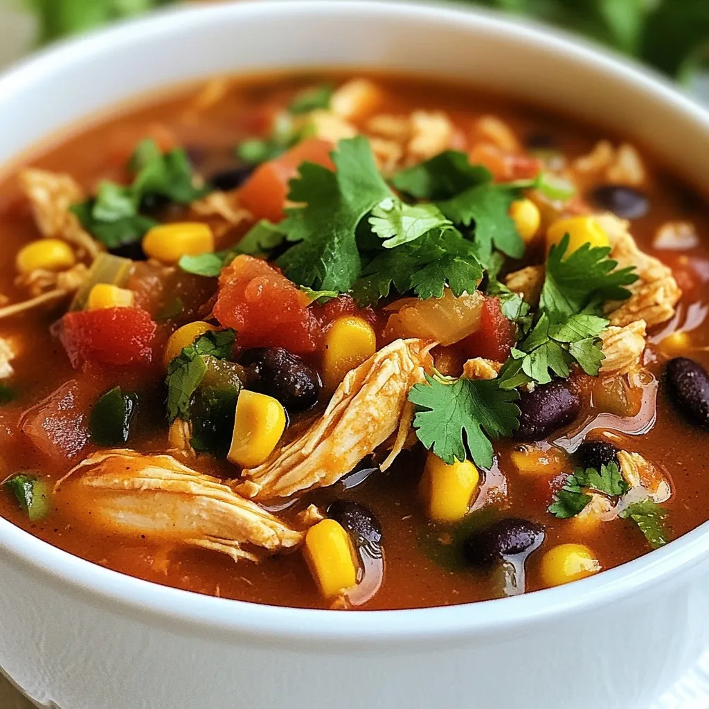 - 4 boneless, skinless chicken breasts - 1 cup diced tomatoes (canned or fresh) - 1 cup black beans, rinsed and drained - 1 cup corn (frozen or canned) - 1 bell pepper, chopped - 1 small onion, finely diced - 2 garlic cloves, minced When making Dump and Go Crockpot Chicken, start with fresh chicken breasts. I love using boneless and skinless ones for easy shredding. Diced tomatoes add a juicy base. Whether you choose canned or fresh, both work well. Black beans are a great source of protein. Rinse and drain them to keep the dish light. Corn adds sweetness and texture. You can use frozen or canned corn; both are tasty. Bell peppers bring color and crunch. Pick any color you like. A small onion and minced garlic boost flavor. Together, they create a rich taste that makes the dish special. - 2 teaspoons ground cumin - 1 teaspoon chili powder - 1 teaspoon paprika - Salt and freshly ground black pepper to taste Spices are the heart of our recipe. Ground cumin gives warmth and depth. Chili powder adds a nice kick, while paprika brings vibrant color. Salt and freshly ground black pepper enhance all the flavors. Don’t be shy with seasoning; it makes a big difference. - 1 cup low-sodium chicken broth - Fresh cilantro, chopped (for garnish) Liquid is key for a good crockpot dish. Low-sodium chicken broth keeps it savory without being too salty. Pour it over all the ingredients for even cooking. Fresh cilantro adds a burst of flavor at the end. It’s optional but highly recommended for that fresh touch. This combination of ingredients makes for a simple, yet delicious meal that you can prepare with ease. {{ingredient_image_2}} - Place chicken breasts in the crockpot. - Ensure chicken is evenly spread in the bottom. Start with the chicken. I like to use four boneless, skinless chicken breasts. This keeps the dish light and healthy. Make sure the chicken is flat in the pot. This helps it cook evenly. - Layer diced tomatoes, black beans, corn, bell pepper, onion, and garlic. - Sprinkle ground cumin, chili powder, paprika, salt, and pepper. Next, add the vegetables. I use one cup of diced tomatoes, one cup of black beans, and one cup of corn. You can use frozen or canned corn. Then, chop one bell pepper and a small onion. Don't forget two minced garlic cloves. This mix makes the dish colorful and tasty. Now, for the spices! I sprinkle two teaspoons of ground cumin, one teaspoon of chili powder, and one teaspoon of paprika over the mix. Add salt and pepper to taste. The spices boost the flavor. - Pour chicken broth over ingredients. - Set crockpot to cook on low or high heat. - Shred chicken 30 minutes before serving. After that, pour one cup of low-sodium chicken broth over everything. This helps keep the chicken moist. You can set the crockpot on low for six to seven hours or high for three to four hours. About thirty minutes before serving, shred the chicken with two forks. Stir the chicken into the broth and vegetables. This makes every bite delicious! To ensure your chicken is tender, always use boneless, skinless breasts. Place them in the crockpot and spread them evenly. This helps them cook well. It is crucial to fully submerge the chicken in broth. This keeps it juicy and flavorful. The broth should cover the chicken completely. This way, every bite will be moist and tasty. I love to serve this dish with crispy tortillas or warm rice. They soak up the delicious sauce well. When presenting, use shallow bowls. This allows the colorful mixture to shine through. A sprinkle of fresh cilantro on top adds a pop of color. It makes the dish look even more inviting. You can easily adjust the spice levels to your taste. If you like it spicy, add more chili powder or some jalapeños. To make the dish more flavorful, try adding lime juice or fresh herbs. These small changes can really enhance the taste. Don’t be afraid to experiment and find your perfect blend! Pro Tips Marinate for Extra Flavor: For enhanced taste, marinate the chicken breasts in spices and a bit of broth for a few hours or overnight before cooking. Mix and Match Vegetables: Feel free to add or substitute other vegetables like zucchini, carrots, or spinach for additional nutrition and flavor. Save the Broth: After shredding the chicken, save any leftover broth to use as a base for soups or sauces, maximizing your meal prep. Customize the Spiciness: Adjust the heat level by adding diced jalapeños or a pinch of cayenne pepper, tailoring the dish to your spice preference. {{image_4}} You can change the protein in this dish. Try turkey or tofu for a twist. Each protein adds its own flavor. You may also swap out veggies based on the season. In fall, use squash or sweet potatoes. In summer, add zucchini or fresh corn. Crockpots cook slowly and keep food moist. You can also use an Instant Pot for faster meals. In an Instant Pot, cook on high for about 15 minutes. On the stovetop, simmer on low for about 30 minutes. Adjust the time for your chosen method to ensure the chicken stays juicy. Want to spice things up? Add jalapeños or hot sauce for heat. You can also sprinkle sour cream, cheese, or diced avocado on top. These toppings add creaminess and flavor, making your meal even better! To store leftovers, place the chicken in an airtight container. This keeps it fresh for up to 3-4 days. Make sure to let the dish cool before sealing the lid. This helps avoid moisture build-up. I recommend glass containers for better longevity. They do not stain and are easy to clean. For freezing, use freezer-safe bags or containers. Remove as much air as possible to prevent freezer burn. You can freeze the chicken for up to three months. When ready to eat, thaw it in the fridge overnight. Reheat it on the stove or in the microwave until it's hot throughout. In the fridge, the cooked Dump and Go Crockpot Chicken lasts about 3-4 days. In the freezer, it can last up to three months. Always check for signs of spoilage before eating. If it smells off or has changed color, it is best to discard it. Yes, you can use frozen chicken breasts in this recipe. The crockpot cooks the chicken slowly, which helps thaw and cook it safely. Just make sure to adjust the cooking time. If you use frozen chicken, add about an hour to the cooking time. This way, the chicken will be tender and juicy. Always check the internal temperature. It should reach 165°F (75°C) for safe eating. Every crockpot works a bit differently. Most models have low and high settings. If you have a newer crockpot, it may cook faster. If your crockpot runs hot, check the chicken a little early. For the low setting, aim for 6-7 hours. For high, cook for 3-4 hours. Always check the chicken's doneness before serving. This dish pairs well with many sides. Here are some tasty options: - Warm tortillas for a fun wrap. - Steamed rice for a filling base. - A fresh salad for a light touch. - Chips for a crunchy sidekick. These sides will round out your meal and make it even more enjoyable. This blog covered the key ingredients, cooking steps, and tips for making Dump and Go Crockpot Chicken. You learned how to layer fresh vegetables, spices, and chicken to get a flavorful dish. Remember, you can swap ingredients and customize spice levels to fit your taste. With proper storage, enjoy leftovers for days! Try different methods for cooking and serve alongside tasty sides. This recipe is both easy and delicious, making it perfect for any meal. Enjoy your cooking journey!