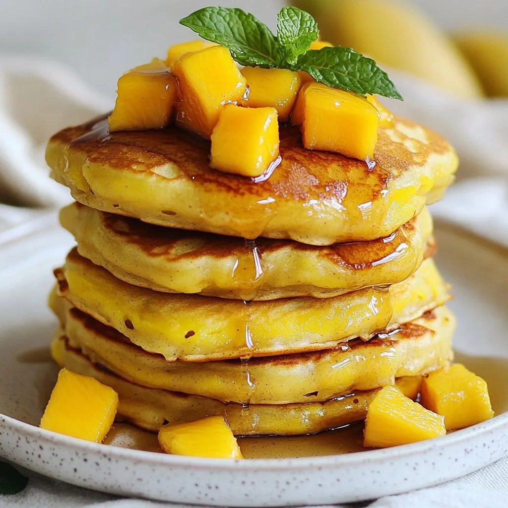 Here’s what you need for fluffy mango pancakes: - 1 cup all-purpose flour - 2 tablespoons granulated sugar - 1 teaspoon baking powder - 1/2 teaspoon baking soda - 1/4 teaspoon fine sea salt - 1 cup buttermilk (or substitute by adding 1 tablespoon lemon juice to regular milk and letting it sit for 5 minutes) - 1 large egg, at room temperature - 2 tablespoons unsalted butter, melted - 1 cup ripe mango, diced into small cubes - 1 teaspoon pure vanilla extract - Additional butter or vegetable oil for cooking pancakes Each ingredient plays a key role in making these pancakes light and tasty. The flour gives structure, while the sugar adds a touch of sweetness. Baking powder and baking soda help them rise, keeping them fluffy. Buttermilk adds moisture and tang, and the mango brings a burst of flavor. {{ingredient_image_2}} - Combine dry ingredients: In a large bowl, whisk together 1 cup of all-purpose flour, 2 tablespoons of granulated sugar, 1 teaspoon of baking powder, 1/2 teaspoon of baking soda, and 1/4 teaspoon of fine sea salt. This mix adds flavor and helps the pancakes rise. - Mix wet ingredients: In another bowl, stir together 1 cup of buttermilk, 1 large egg, 2 tablespoons of melted unsalted butter, and 1 teaspoon of pure vanilla extract. Whisk until smooth. - Combine wet and dry mixtures: Pour the wet mix into the dry mix. Use a spatula to fold gently until just combined. It’s okay to have lumps; they help keep the pancakes fluffy. - Preheat skillet: Heat a non-stick skillet or griddle over medium heat. Lightly grease it with butter or vegetable oil. - Pour batter and cook pancakes: For each pancake, pour about 1/4 cup of batter onto the skillet. Cook until bubbles form on the surface, about 2-3 minutes. - Flip and brown pancakes: Gently flip each pancake and cook for another 1-2 minutes, until golden brown. - Recommended toppings: Serve warm pancakes topped with extra diced mango, a drizzle of maple syrup, and a sprinkle of powdered sugar. - Plating tips: Stack the pancakes high on a plate. Add fresh mint leaves for color and more mango on top for a bright look. Consider serving with whipped cream for extra indulgence. To make the fluffiest mango pancakes, keep the batter lumpy. A lumpy batter traps air, which helps pancakes rise. When mixing, be gentle. Overmixing can lead to dense pancakes. Cook the pancakes on medium heat. If the heat is too low, they will not rise well. If it's too high, they will burn. To boost the flavor, consider adding spices like cinnamon or nutmeg. A dash of vanilla extract enhances the mango taste. Use ripe mango for the best sweetness. Ripe mangoes are soft and fragrant. They add juicy bits that burst with flavor in each bite. One common mistake is overmixing the batter. This makes pancakes tough instead of fluffy. Another mistake is cooking at the wrong temperature. If the skillet is too hot, pancakes burn quickly. If it’s too cool, they turn out flat. Keep an eye on the heat for perfect pancakes. Pro Tips Use Room Temperature Ingredients: Ensure your egg and buttermilk are at room temperature before mixing. This helps create a smoother batter and results in fluffier pancakes. Don't Overmix: When combining the wet and dry ingredients, mix just until combined. A few lumps in the batter will help keep the pancakes light and airy. Check Your Heat: Make sure your skillet is at the right temperature before cooking. Too hot will burn the pancakes, while too cool will make them dense. A medium heat is ideal. Let the Batter Rest: Allowing the batter to rest for about 5 minutes before cooking helps the gluten relax and will yield a lighter pancake. {{image_4}} You can switch up the mango for other tropical fruits. Pineapple, banana, or papaya work great. Each fruit brings a new flavor twist. Choose fruits that are ripe for the best taste. Seasonal fruits, like berries or apples, are also fun. They add a fresh touch to your pancakes. If you need a gluten-free batter, use a gluten-free flour blend. Many brands work well in pancakes. For vegan options, replace the egg with a flax egg. Mix one tablespoon of ground flaxseed with three tablespoons of water. Let it sit until it thickens. Substitute buttermilk with almond milk and lemon juice. These changes keep your pancakes delicious and fluffy. Want to add some crunch? Toss in nuts like walnuts or pecans. They make the pancakes hearty. You can also add chocolate chips for a sweet treat. Serve your pancakes with yogurt for creaminess. Different syrups like coconut or honey can make breakfast exciting. These simple twists make each meal special. To keep your fluffy pancakes fresh, follow these steps: - Refrigerating: Place leftover pancakes in an airtight container. Make sure they cool first. You can store them in the fridge for up to 3 days. - Freezing: For long-term storage, stack the pancakes with parchment paper in between. Use a freezer-safe bag or container. They can last up to 2 months in the freezer. When you're ready to enjoy your pancakes again, reheating is key: - Oven Method: Preheat your oven to 350°F (175°C). Place pancakes on a baking sheet. Warm them for about 10 minutes. - Microwave Method: Place 1-2 pancakes on a plate. Cover with a damp paper towel. Heat for about 30 seconds or until warm. To keep them fluffy, avoid overheating. If you use the microwave, the damp paper towel helps retain moisture. Enjoy your pancakes just like they were fresh! To make your pancakes fluffy, follow these tips: - Use fresh baking powder. Old powder can make pancakes flat. - Mix dry and wet ingredients separately. This keeps the batter light. - Combine the mixtures gently. A few lumps are okay. They help keep the air in. - Let the batter rest for a few minutes. This helps it rise better when cooked. - Cook on medium heat. Too hot can burn the pancakes before they rise. Yes, you can substitute buttermilk easily. Here are a few options: - Use regular milk with lemon juice. Add 1 tablespoon of lemon juice to 1 cup of milk. Let it sit for 5 minutes. - Yogurt can work, too. Thin it with a little water to match buttermilk’s consistency. - Sour cream is another choice. Thin it with water, if needed. If you don't have mango, try these fruits: - Ripe bananas add a sweet touch. - Blueberries bring a juicy burst of flavor. - Diced peaches are another great option. - You can also use apples. Just chop them small and toss them in. You now have a simple guide to make delicious mango pancakes. We covered the key ingredients, step-by-step instructions, tips for fluffiness, and great variations. You can even adjust the recipe for dietary needs or add fun toppings. Remember, a lumpy batter and careful cooking are key to light pancakes. Enjoy experimenting with flavors and share your creations. With some practice, you'll make perfect pancakes every time.